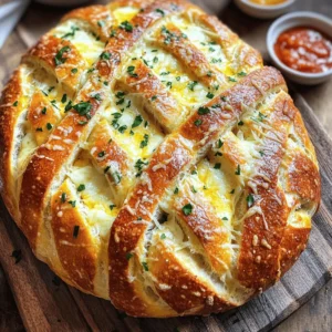 - 1 large round loaf of crusty bread (sourdough works beautifully) - 1 cup shredded mozzarella cheese - ½ cup grated Parmesan cheese - 4 tablespoons unsalted butter, melted - 4 cloves garlic, finely minced - 2 tablespoons fresh parsley, finely chopped - 1 teaspoon dried oregano - 1 teaspoon garlic powder - Salt and freshly ground black pepper, to taste Gather these ingredients before you start cooking. A good loaf of crusty bread is key. Sourdough adds great flavor and texture. Use fresh garlic for the best taste. The mix of mozzarella and Parmesan creates a cheesy pull that everyone loves. Fresh parsley brightens the dish. Dried oregano gives it a nice herby touch. Adjust salt and pepper to your taste. This dish is simple but packed with flavor. The steps to make Cheesy Garlic Pull-Apart Bread are easy to follow. Don't rush; enjoy the process. - Preheat the oven to 375°F (190°C). This step makes sure the bread bakes evenly. - In a mixing bowl, combine melted butter with minced garlic, parsley, oregano, garlic powder, salt, and pepper. Mix until well blended. - Place your loaf of bread on a cutting board. Use a serrated knife to make deep cuts across the top in a crisscross pattern. Aim for cuts about 1 inch apart, but don’t cut all the way through the bottom. - Carefully use your fingers to open the cuts in the bread. This will create space for the fillings. - Pour half of the garlic butter mixture over the bread. Make sure it seeps into the cuts. - Stuff the cuts with shredded mozzarella and grated Parmesan cheese, filling them to the top for that cheesy goodness. - Drizzle the remaining garlic butter mixture over the cheese-stuffed bread to add even more flavor. - Wrap the entire loaf in aluminum foil tightly. Place it on a baking sheet to catch any melted cheese or butter. - Bake in the preheated oven for 15 minutes. After that, unwrap the foil and bake for another 10 to 15 minutes. - You’ll know it’s done when the cheese is bubbling and the bread is golden brown. - Once out of the oven, let the bread cool for a few minutes before serving. This helps the cheese set slightly and makes it easier to pull apart. - Use a serrated knife for clean cuts: A serrated knife makes it easy to slice the bread without squishing it. This helps keep your bread nice and fluffy. - Ensure even distribution of garlic butter: Pour the garlic butter mix slowly and spread it evenly. This way, every bite gets that tasty flavor. - Allow cooling time for better cheese texture: Let the bread sit for a few minutes after baking. This helps the cheese set and makes pulling apart easier. - Serve on a rustic wooden board: A wooden board adds a nice touch and looks great at any gathering. - Include dipping sauces like marinara or additional melted butter: Dipping sauces enhance the flavors and make it fun to eat. - Garnish with extra chopped parsley for color: A sprinkle of parsley makes your dish pop and adds freshness. For more details, you can check out the Full Recipe to bake your own Cheesy Garlic Pull-Apart Bread! {{image_4}} You can boost the flavor by trying different cheeses. Cheddar adds a sharp taste, while Gouda gives a nice, creamy touch. If you want a richer flavor, mix in some cream cheese. It melts beautifully and adds extra creaminess to each bite. Want to spice things up? Add crushed red pepper flakes. They bring a nice heat that balances the cheese. You can also mix in chopped olives or sun-dried tomatoes. These ingredients add depth and a burst of flavor that makes each piece exciting. For those who need gluten-free options, use gluten-free bread. It works well and still tastes great. If you are vegan, substitute dairy ingredients with plant-based options. Use vegan cheese and dairy-free butter. This way, everyone can enjoy this tasty dish! To keep your Cheesy Garlic Pull-Apart Bread fresh, store leftovers in an airtight container. This helps keep the bread soft and the cheese gooey. When you're ready to enjoy it again, reheat in the oven for best results. Set the oven to 350°F (175°C) and wrap the bread in foil. This method keeps it from drying out. If you want to prepare ahead, freeze the bread unbaked. Wrap it tightly in foil before placing it in the freezer. When you are ready to serve, simply thaw the bread in the fridge overnight. Once thawed, bake as directed in the Full Recipe. This way, you’ll have a delicious treat ready to enjoy anytime! Yes, any crusty round loaf works well, including Italian or French bread. I love using sourdough because it adds great flavor and texture. Just make sure the bread you choose has a thick crust to hold all that cheesy goodness. To reheat, wrap it in foil and place it in the oven at 350°F (175°C). This method keeps the bread moist and prevents it from drying out. Bake for about 10-15 minutes until heated through, and you'll enjoy that fresh taste again. Yes, you can! Just prepare the bread and wrap it tightly. Store it in the fridge for up to 24 hours before baking. This is a great way to save time for a party or family dinner. Just remember to let it come to room temperature before baking. This dish pairs wonderfully with soups, salads, or as a side with pasta dishes. I like serving it with tomato soup or a fresh garden salad. It makes the meal feel more complete and adds a nice contrast to the cheesy bread. For more fun ideas, check out the Full Recipe! In this post, I covered how to make Cheesy Garlic Pull-Apart Bread. We explored the simple ingredients, step-by-step instructions, and tips for success. You can customize flavors and find ways to store your bread. Remember, enjoy this bread fresh from the oven for the best taste. Whether you serve it as a side or a snack, it’s sure to impress. Use these directions, and you’ll have a tasty treat that’s fun to eat!