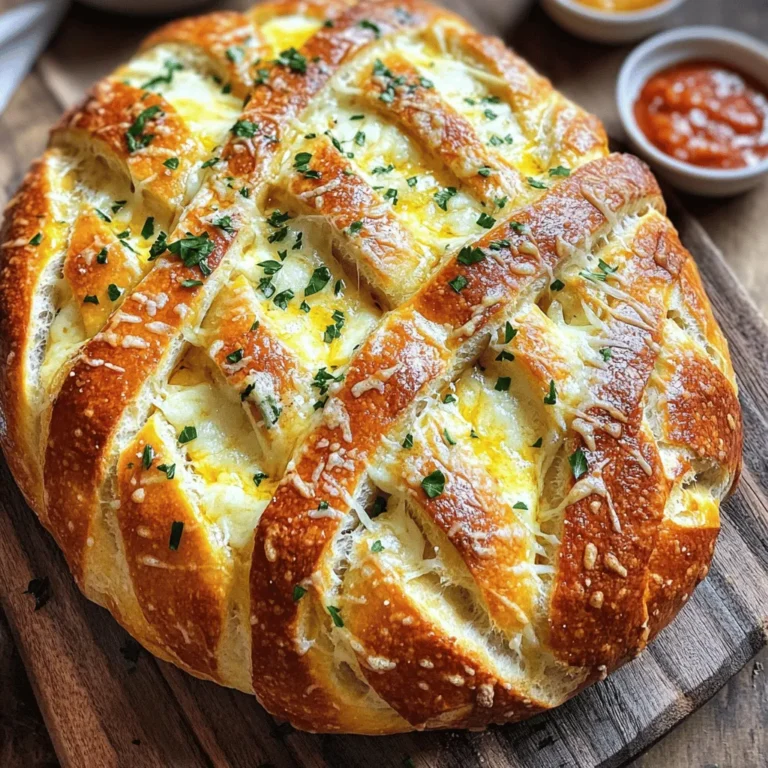 - 1 large round loaf of crusty bread (sourdough works beautifully) - 1 cup shredded mozzarella cheese - ½ cup grated Parmesan cheese - 4 tablespoons unsalted butter, melted - 4 cloves garlic, finely minced - 2 tablespoons fresh parsley, finely chopped - 1 teaspoon dried oregano - 1 teaspoon garlic powder - Salt and freshly ground black pepper, to taste Gather these ingredients before you start cooking. A good loaf of crusty bread is key. Sourdough adds great flavor and texture. Use fresh garlic for the best taste. The mix of mozzarella and Parmesan creates a cheesy pull that everyone loves. Fresh parsley brightens the dish. Dried oregano gives it a nice herby touch. Adjust salt and pepper to your taste. This dish is simple but packed with flavor. The steps to make Cheesy Garlic Pull-Apart Bread are easy to follow. Don't rush; enjoy the process. - Preheat the oven to 375°F (190°C). This step makes sure the bread bakes evenly. - In a mixing bowl, combine melted butter with minced garlic, parsley, oregano, garlic powder, salt, and pepper. Mix until well blended. - Place your loaf of bread on a cutting board. Use a serrated knife to make deep cuts across the top in a crisscross pattern. Aim for cuts about 1 inch apart, but don’t cut all the way through the bottom. - Carefully use your fingers to open the cuts in the bread. This will create space for the fillings. - Pour half of the garlic butter mixture over the bread. Make sure it seeps into the cuts. - Stuff the cuts with shredded mozzarella and grated Parmesan cheese, filling them to the top for that cheesy goodness. - Drizzle the remaining garlic butter mixture over the cheese-stuffed bread to add even more flavor. - Wrap the entire loaf in aluminum foil tightly. Place it on a baking sheet to catch any melted cheese or butter. - Bake in the preheated oven for 15 minutes. After that, unwrap the foil and bake for another 10 to 15 minutes. - You’ll know it’s done when the cheese is bubbling and the bread is golden brown. - Once out of the oven, let the bread cool for a few minutes before serving. This helps the cheese set slightly and makes it easier to pull apart. - Use a serrated knife for clean cuts: A serrated knife makes it easy to slice the bread without squishing it. This helps keep your bread nice and fluffy. - Ensure even distribution of garlic butter: Pour the garlic butter mix slowly and spread it evenly. This way, every bite gets that tasty flavor. - Allow cooling time for better cheese texture: Let the bread sit for a few minutes after baking. This helps the cheese set and makes pulling apart easier. - Serve on a rustic wooden board: A wooden board adds a nice touch and looks great at any gathering. - Include dipping sauces like marinara or additional melted butter: Dipping sauces enhance the flavors and make it fun to eat. - Garnish with extra chopped parsley for color: A sprinkle of parsley makes your dish pop and adds freshness. For more details, you can check out the Full Recipe to bake your own Cheesy Garlic Pull-Apart Bread! {{image_4}} You can boost the flavor by trying different cheeses. Cheddar adds a sharp taste, while Gouda gives a nice, creamy touch. If you want a richer flavor, mix in some cream cheese. It melts beautifully and adds extra creaminess to each bite. Want to spice things up? Add crushed red pepper flakes. They bring a nice heat that balances the cheese. You can also mix in chopped olives or sun-dried tomatoes. These ingredients add depth and a burst of flavor that makes each piece exciting. For those who need gluten-free options, use gluten-free bread. It works well and still tastes great. If you are vegan, substitute dairy ingredients with plant-based options. Use vegan cheese and dairy-free butter. This way, everyone can enjoy this tasty dish! To keep your Cheesy Garlic Pull-Apart Bread fresh, store leftovers in an airtight container. This helps keep the bread soft and the cheese gooey. When you're ready to enjoy it again, reheat in the oven for best results. Set the oven to 350°F (175°C) and wrap the bread in foil. This method keeps it from drying out. If you want to prepare ahead, freeze the bread unbaked. Wrap it tightly in foil before placing it in the freezer. When you are ready to serve, simply thaw the bread in the fridge overnight. Once thawed, bake as directed in the Full Recipe. This way, you’ll have a delicious treat ready to enjoy anytime! Yes, any crusty round loaf works well, including Italian or French bread. I love using sourdough because it adds great flavor and texture. Just make sure the bread you choose has a thick crust to hold all that cheesy goodness. To reheat, wrap it in foil and place it in the oven at 350°F (175°C). This method keeps the bread moist and prevents it from drying out. Bake for about 10-15 minutes until heated through, and you'll enjoy that fresh taste again. Yes, you can! Just prepare the bread and wrap it tightly. Store it in the fridge for up to 24 hours before baking. This is a great way to save time for a party or family dinner. Just remember to let it come to room temperature before baking. This dish pairs wonderfully with soups, salads, or as a side with pasta dishes. I like serving it with tomato soup or a fresh garden salad. It makes the meal feel more complete and adds a nice contrast to the cheesy bread. For more fun ideas, check out the Full Recipe! In this post, I covered how to make Cheesy Garlic Pull-Apart Bread. We explored the simple ingredients, step-by-step instructions, and tips for success. You can customize flavors and find ways to store your bread. Remember, enjoy this bread fresh from the oven for the best taste. Whether you serve it as a side or a snack, it’s sure to impress. Use these directions, and you’ll have a tasty treat that’s fun to eat!