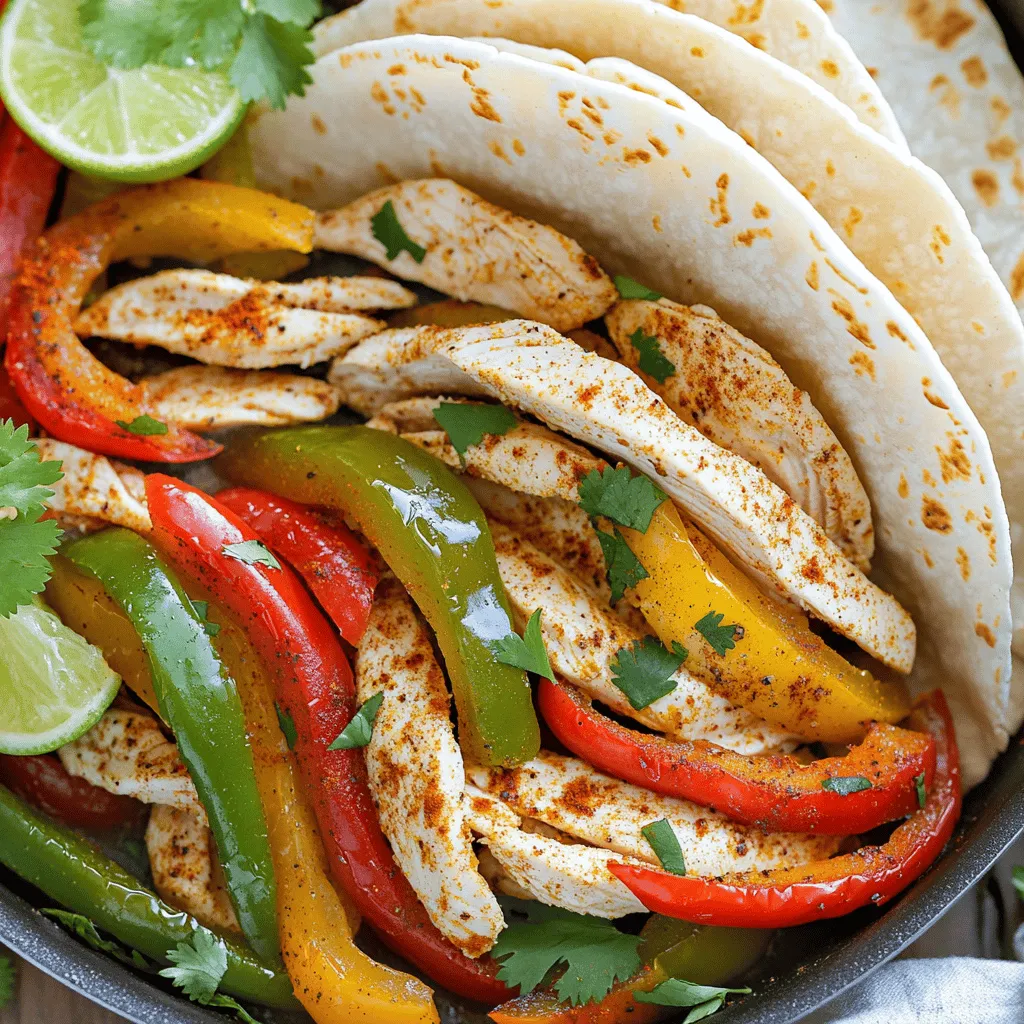 - 2 boneless, skinless chicken breasts, sliced into thin strips - 1 red bell pepper, sliced into strips - 1 green bell pepper, sliced into strips - 1 medium yellow onion, sliced into thin wedges The main ingredients make this dish colorful and tasty. The chicken gives protein, while bell peppers add crunch and sweetness. Onion adds a nice flavor that blends well with everything. - 3 tablespoons extra-virgin olive oil - 2 teaspoons chili powder - 1 teaspoon ground cumin - 1 teaspoon smoked paprika - 1/2 teaspoon garlic powder - Sea salt and freshly cracked black pepper to taste These seasonings bring the dish to life. Olive oil helps the spices stick and keeps everything moist. Chili powder and cumin give a warm taste that wakes up your palate. Smoked paprika adds a hint of smokiness, while garlic powder rounds it all out. - Flour or corn tortillas, warm, for serving - Fresh cilantro, chopped, for garnish - Lime wedges, for serving Tortillas are key for holding all the tasty filling. Fresh cilantro adds a burst of freshness. Lime wedges provide a zesty kick when you squeeze them over your fajitas. For the complete cooking method, check the Full Recipe. Start by grabbing a big mixing bowl. Add the sliced chicken, red bell pepper, green bell pepper, and onion. Stir the mixture well to combine all the ingredients. This ensures that every bite is full of flavor. Next, drizzle the olive oil over the chicken and veggies. Then, sprinkle in the chili powder, ground cumin, smoked paprika, and garlic powder. Add sea salt and black pepper to taste. Toss everything together until the chicken and veggies are coated evenly in oil and spices. Now, it’s time to cook! Preheat a large skillet over medium-high heat. Wait until it is hot. Carefully add the chicken and vegetable mixture to the skillet. Spread it out in a single layer. This step helps everything cook evenly. Cook for about 8 to 10 minutes. Stir occasionally to keep the chicken from sticking. You want the chicken to be no longer pink and the veggies to be tender with some charred edges. This creates a nice depth of flavor. Once the chicken and veggies are cooked, taste the mixture. Adjust the seasoning with more salt or pepper if needed. After that, remove the skillet from the heat. To serve, spoon the hot fajita mixture onto warm tortillas. Garnish with chopped cilantro, and don’t forget lime wedges for squeezing on top. This adds a fresh zing to the dish. Enjoy your vibrant and tasty One-Pan Chicken Fajitas! For the complete recipe, you can refer to the Full Recipe. - Ideal skillet temperature: Start with medium-high heat. This helps the chicken cook fast. A hot skillet gives that nice sear, which adds flavor. - Ensuring even cooking: Spread the chicken and veggies in a single layer. Stir them occasionally. This way, everything cooks evenly and gets that lovely char. - Serving suggestions for tortillas: Warm the tortillas before serving. Stack them on a plate or use a tortilla warmer. This keeps them soft and ready for filling. - Adding garnishes for flavor: Fresh cilantro adds a pop of color and taste. Lime wedges give a zesty kick. Place these on the side for guests to use as they like. - Preparation hacks: Slice the chicken and veggies ahead of time. You can even store them in the fridge. This cuts down on cooking time during the week. - Quick cooking methods: Use a large skillet to cook everything at once. This saves time and reduces cleanup. You can have a tasty meal ready in just 20 minutes! For the full recipe, check out the detailed steps above. {{image_4}} You can switch up the protein in this dish. Shrimp or beef works great. Each protein brings its own taste. You can also use tofu for a plant-based option. For veggies, feel free to add zucchini or mushrooms. These swaps keep the meal fresh and fun. Want to spice things up? Add more chili powder or even cayenne pepper. You can also try smoked paprika for a richer taste. Different sauces can change the game too. A drizzle of salsa or a splash of lime juice livens up the dish. If you need a gluten-free meal, just use corn tortillas. They taste great and hold up well. For a vegetarian or vegan twist, swap the chicken for jackfruit or more veggies. These changes keep the flavors bold while meeting your dietary needs. To keep your one-pan chicken fajitas fresh, store them in the fridge. Place the fajitas in an airtight container. This helps keep the flavors locked in. You can refrigerate them for up to three days. Make sure to let them cool down first before sealing them up. When you're ready to eat, you can reheat your fajitas easily. I recommend using a skillet for the best results. Heat the skillet over medium heat. Add a splash of olive oil to keep them moist. Stir often so they heat evenly. If you prefer the microwave, use a microwave-safe dish. Cover the fajitas loosely with a paper towel. Heat in short intervals of one minute. Stir in between to ensure they heat well. If you want to save your fajita mixture for later, freezing is a great option. Allow the mixture to cool completely. Then, place it in a freezer-safe bag. Squeeze out as much air as possible before sealing. You can freeze the mixture for up to three months. To thaw, place the bag in the fridge overnight. If you're in a hurry, you can use the microwave. Just set it to defrost mode and check every few minutes until thawed. To cut chicken for fajitas, use a sharp knife. Slice the chicken breasts into thin strips. Aim for about 1/2 inch wide. Cutting against the grain helps keep the meat tender. This makes the strips easy to cook and eat. Yes, you can prepare this recipe ahead of time. Chop the chicken and veggies, then store them in the fridge. You can also mix the spices in a small bowl and keep them nearby. This saves time when you are ready to cook. Just remember to cook the chicken and veggies fresh for the best taste. If you want spicier fajitas, add more chili powder or cayenne pepper. You can also add fresh jalapeños or serrano peppers. Another great option is to serve them with a spicy salsa. This adds flavor and heat to each bite. Adjust the spice level to fit your taste. Fajitas go well with many side dishes. Here are some tasty options: - Mexican rice - Refried beans - Guacamole - Fresh salsa - Corn on the cob - Chips with queso These sides add flavor and texture to your meal. Enjoy mixing and matching to find your favorites. For the complete cooking experience, check out the Full Recipe for more tips. This blog post covered how to make tasty fajitas. We looked at key ingredients like chicken and veggies, plus spices. I shared step-by-step instructions, tips for cooking, and ways to serve. You can also try different proteins and flavors. Don't forget about storage tips for leftovers. Cooking fajitas can be fun and quick. Enjoy making this meal your own with fresh ideas. You can impress friends and family with your new skills! Ready to get cooking?