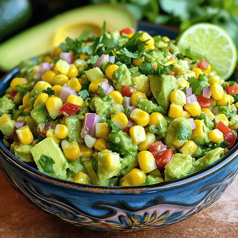 To make this fresh dip, gather these ingredients: - 2 ripe avocados, diced into bite-sized pieces - 1 cup sweet corn, cooked (freshly cooked or canned; if canned, ensure it is drained) - 1 small red onion, finely diced - 1 red bell pepper, diced into small cubes - 1 jalapeño pepper, deseeded and finely minced (optional for added heat) - 1/4 cup fresh cilantro, roughly chopped - 2 tablespoons freshly squeezed lime juice - Salt and black pepper to taste If you need alternatives, here are some ideas: - Use frozen corn instead of fresh or canned. - Swap red onion for green onion for a milder taste. - Replace cilantro with parsley if you prefer a different herb. - Use lemon juice instead of lime juice for a different zing. - Omit jalapeño for less heat or add more for extra spice. This dish is not only tasty but also healthy. Here’s a quick look at the nutrition: - Calories: About 150 per serving - Fat: 10g (mostly healthy fats from avocados) - Carbohydrates: 15g - Fiber: 5g - Protein: 3g This salsa packs a punch with flavor and nutrients. Enjoy it guilt-free! Start by washing your avocados. Cut them in half and remove the pit. Use a spoon to scoop the flesh into a bowl. Dice the avocado into bite-sized pieces. Be gentle so you don’t mash them. This gives your salsa a nice texture. Now, it’s time for fun! Add the sweet corn to the bowl. If you use canned corn, make sure to drain it well. Next, add the diced red onion and red bell pepper. If you like heat, toss in the minced jalapeño. Stir everything gently. You want a nice mix without mashing the avocado. Chop the cilantro and sprinkle it in. Then, squeeze the lime juice over the mix. This helps keep the salsa fresh and bright. Add salt and black pepper to taste. Gently combine all the ingredients. Let the salsa rest for about 10 minutes. This helps the flavors blend. Enjoy your Avocado Corn Salsa with tortilla chips or on tacos! For the full recipe, check the section above. To make your salsa shine, pick ripe avocados. Look for ones that are firm but yield slightly when you press gently. Avoid any with dark spots or cracks. A ripe avocado will be a vibrant green inside. If you can’t find ripe ones, buy them a few days ahead. Let them sit on your counter until they soften. You can boost the flavor of your salsa in simple ways. Add a pinch of cumin or smoked paprika for extra depth. Fresh herbs, like basil or parsley, also work well. Don’t forget to adjust the lime juice to your taste. A little extra can brighten the whole dish. Taste as you mix, and find what you love. Serve your avocado corn salsa in a fun bowl. A colorful dish adds to the experience. Pair it with crispy tortilla chips for crunch. You can also use it as a topping for tacos or grilled chicken. For a light meal, spoon it over a bed of greens. This salsa is fresh, vibrant, and perfect for any gathering. For the full recipe, check the details above. {{image_4}} To add some heat, try this spicy twist. Start with the basic recipe. Add one or two minced jalapeños for a kick. If you want more spice, toss in a dash of cayenne pepper. This salsa brings a fun tangy taste that pairs well with chips. For a Southwest flair, mix in black beans and diced tomatoes. These ingredients add depth and extra texture. You can also sprinkle in some cumin for an earthy flavor. This version is perfect with grilled meats or as a zesty topping for tacos. Want to boost your protein? Add cooked diced chicken or shrimp to the mix. This makes the salsa filling and satisfying. It’s great on its own or as a topping for salads. You can enjoy this version as a light meal. Try these variations to keep things fresh and exciting. Each one offers a unique spin on the classic Avocado Corn Salsa. Enjoy experimenting with flavors and make it your own! For the full recipe, check out the [Full Recipe]. To keep your avocado corn salsa fresh, store it in an airtight container. This method helps lock in flavor and moisture. Be sure to layer a piece of plastic wrap directly on the salsa before sealing the container. This technique reduces air exposure and slows browning. You can freeze avocado corn salsa, but the texture may change. If you want to freeze it, leave out the avocado. Mix the corn, onion, bell pepper, jalapeño, cilantro, lime juice, salt, and pepper. Place this mix in a freezer-safe bag or container. When ready to enjoy, thaw it in the fridge overnight. Add fresh diced avocado just before serving. When stored in the fridge, your avocado corn salsa lasts about 1 to 2 days. The freshness will fade due to the avocados browning. If you freeze it, the salsa can last up to 3 months. Always check for off smells or changes in color before using. Keeping it fresh ensures you enjoy every bite of this flavorful dip! Yes, you can make Avocado Corn Salsa ahead of time. It tastes great after a few hours in the fridge. Just mix all the ingredients and store it in a sealed container. For best flavor, enjoy it within 24 hours. The fresh taste shines when served soon after making. You have many tasty options! Here are some ideas: - Tortilla chips for dipping - Grilled chicken or fish as a side - Tacos or burritos for extra zest - On top of salads for crunch - As a topping for nachos These options make your meal fun and exciting! To keep your avocados bright, use lime juice. The acid in lime slows down browning. When you cut the avocado, sprinkle some lime juice right away. You can also cover the salsa tightly with plastic wrap. Press the wrap directly onto the salsa. This limits air exposure and keeps it fresh longer. This blog post guides you through making Avocado Corn Salsa. We covered key ingredients, their substitutes, and nutritional facts. I showed you step-by-step how to prepare and mix your salsa. You learned how to pick the best avocado and enhance its taste. We also explored fun recipe variations and smart storage tips. In closing, Avocado Corn Salsa is easy, tasty, and versatile. Whether you're serving it as a snack or side, it will impress everyone. Enjoy creating your perfect blend!