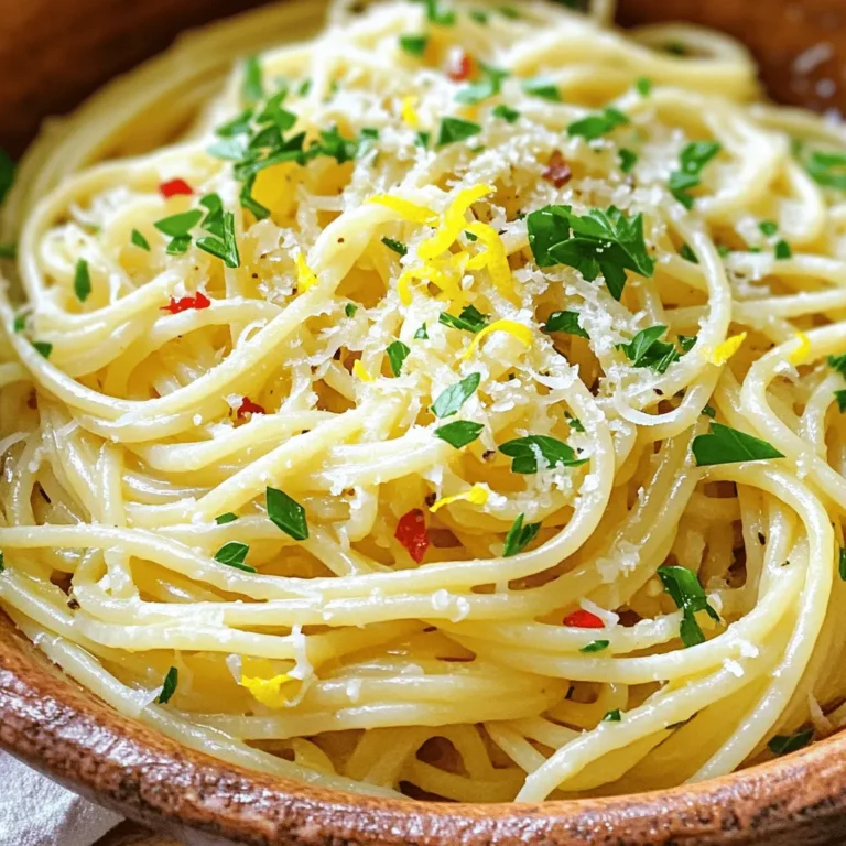 - 400g spaghetti - 6 cloves of garlic, thinly sliced - 1/2 cup extra virgin olive oil - 1 teaspoon red pepper flakes (adjustable for heat preference) - 1 lemon, zested and juiced - Fresh parsley, finely chopped (for garnish) - Salt, to taste - Grated Parmesan cheese (optional, for serving) I love using fresh ingredients in this dish. Fresh garlic gives it a strong taste. Good olive oil adds richness, while red pepper flakes bring heat. You can adjust the spice level based on your taste. Lemon zest and juice add a bright flavor that lifts the pasta. Fresh parsley is not just pretty; it adds a fresh taste. You can also sprinkle some grated Parmesan on top for a creamy finish. Gather these items, and you can create a delicious meal. This dish is simple, but it packs a punch with flavor. Check out the Full Recipe for all the steps to make this savory garlic pasta delight! To cook perfect spaghetti, start by filling a large pot with water. Add a generous amount of salt. This salt adds flavor to the pasta. Heat the pot until the water boils. Once boiling, add 400g of spaghetti. Cook the pasta according to the package instructions, usually around 8 to 10 minutes, until it is al dente. This means the pasta is firm to the bite. Before draining, remember to save 1 cup of the starchy pasta water. Drain the spaghetti in a colander after cooking. In a large skillet, pour in 1/2 cup of extra virgin olive oil. Set the heat to medium. This helps the oil warm up without burning. Once warm, add 6 cloves of thinly sliced garlic and 1 teaspoon of red pepper flakes. Stir the garlic for 1 to 2 minutes. Watch closely! You want the garlic to turn golden brown. If it burns, it will taste bitter. Remove the skillet from heat once it smells amazing. Now it’s time to combine the spaghetti with the garlic oil. Add the drained spaghetti directly into the skillet with the garlic. Toss the pasta well. Make sure each strand gets coated with the garlic oil. This is key for flavor! To get a creamy texture, slowly add the reserved pasta water, about 1/4 cup at a time. Stir well after each addition until the sauce is smooth and clings to the pasta. To give your dish a zesty kick, stir in the juice and zest of 1 lemon. This brightens the flavors. Toss everything well, then taste. Adjust salt as needed. For a beautiful finish, remove the skillet from heat. Garnish with fresh parsley, finely chopped. This adds color and freshness. If you like, sprinkle some grated Parmesan cheese on top before serving for extra creaminess. For the detailed cooking process, check out the Full Recipe. To make Spaghetti Aglio e Olio great, avoid these common mistakes: - Burning the garlic: Cook it on medium heat. It should turn golden, not brown. - Overcooking the pasta: Check the package for cooking time. Aim for al dente, with a slight bite. Adjusting spice levels is easy! Start with one teaspoon of red pepper flakes. Taste the dish and add more if you want extra heat. Presentation matters! Serve Spaghetti Aglio e Olio in warm, shallow bowls. Drizzle with olive oil and sprinkle extra parsley on top. A lemon wedge on the side adds brightness. For sides, try a simple green salad. A light, crisp white wine pairs well. Think Pinot Grigio or Sauvignon Blanc to complement the dish. To add more flavor, consider these extra ingredients: - Anchovies: Add them for a savory kick. - Cherry tomatoes: They bring sweetness and color. - Capers: These add a salty tang. For storing leftovers, place your spaghetti in an airtight container. Keep it in the fridge for up to three days. Reheat gently in a pan. Add a splash of olive oil to keep it moist. {{image_4}} You can make Spaghetti Aglio e Olio your own by adding proteins. Shrimp or chicken works great. Just sauté them in the olive oil before adding garlic. This change makes the dish heartier and more filling. For vegetarians and vegans, you have options too. You can skip the cheese and use a plant-based alternative. Adding more veggies, like spinach or zucchini, gives it more color and nutrition. This way, you keep the spirit of the dish while making it your own. Italy has many ways to enjoy Aglio e Olio. In Naples, they might add anchovies for a salty kick. In other areas, spicy sausage adds a bold flavor. Each region has its touch, so feel free to explore. You can also play with non-traditional ingredients. Try adding sun-dried tomatoes for a sweet note or olives for a briny taste. These twists give you a chance to be creative and mix flavors. Using fresh vegetables can add a seasonal touch to your dish. In spring, asparagus or peas can brighten up the plate. In winter, roasted butternut squash adds a cozy warmth. Adapting based on what’s local is smart too. Check out farmers' markets for fresh produce. This helps support your community and makes your meal taste better. Look around and see what fresh ingredients inspire you! To store leftover spaghetti Aglio e Olio, follow these steps: - Let the pasta cool to room temperature. - Use an airtight container to keep it fresh. - You can also wrap it tightly with plastic wrap. I find glass containers work best. They prevent any weird smells and keep your pasta tasty. You can freeze Spaghetti Aglio e Olio for later use. Here’s how: - Place the cooled pasta in a freezer-safe container. - Make sure to leave some space at the top for expansion. - Label the container with the date for easy tracking. When you want to eat it, thaw it in the fridge overnight. To reheat, warm it gently on the stove with a splash of olive oil. This keeps the pasta from drying out. How long can you safely store leftovers? Generally, you can keep them in the fridge for up to three days. After that, the quality starts to drop. Look for signs of spoilage, like an off smell or mold. If it looks or smells bad, it’s best to toss it. Enjoy your Spaghetti Aglio e Olio fresh whenever you can! Aglio e Olio is Italian for garlic and oil. The dish uses two main ingredients: garlic and olive oil. This simple dish highlights the strong flavors of these two items. It is quick to make and very tasty. Aglio e Olio shows how less can be more in cooking. You can use dried garlic, but the taste will be different. Fresh garlic gives a stronger and more vibrant flavor. Dried garlic lacks the same depth and texture. If you use dried garlic, add it early in cooking to boost its flavor. Fresh garlic adds a wonderful aroma and golden color to the dish. You can pair this dish with many sides. A fresh green salad works well. Garlic bread is another great option. If you like, serve it with a light white wine. For a burst of flavor, add some grilled vegetables on the side. These pairings enhance the meal without overpowering the pasta. For the complete recipe and detailed steps, check out the Full Recipe. It includes all necessary ingredients and expert tips for a perfect dish. This article showed you how to make Spaghetti Aglio e Olio. We covered all the key ingredients. You learned step-by-step instructions, tips, and variations to try. Remember, cooking is about experimenting, so don’t be afraid to add your own spin. Whether you make it classic or unique, enjoy the process. With simple ingredients, a tasty meal is easy to achieve. Dive in, share with friends, and delight in your culinary success!