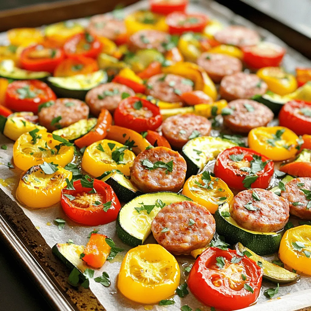 - 1 pound smoked chicken sausage, sliced into 1-inch pieces - 1 medium bell pepper, chopped into bite-sized pieces - 1 medium zucchini, sliced into half-moons - 1 medium yellow squash, sliced into half-moons - 1 medium red onion, cut into wedges - 2 cups cherry tomatoes, halved - 3 tablespoons extra virgin olive oil - 2 teaspoons smoked paprika - 1 teaspoon garlic powder - 1 teaspoon dried oregano - Salt and freshly ground black pepper to taste The main ingredients for this dish are simple and colorful. I love using smoked chicken sausage because it adds a rich flavor. Fresh veggies make the meal bright and healthy. You can mix and match the vegetables based on what you enjoy or have at home. - Fresh parsley for garnish Garnishing with fresh parsley adds a nice touch. It gives you a pop of color and a burst of flavor. Plus, it makes the dish look beautiful on your table. Just chop it up and sprinkle it on top, and you’re all set! For the full recipe, check the details above. You will love how easy it is to make this dish! 1. Preheat your oven to 425°F (220°C). This step is key for great roasting. 2. Line a large baking sheet with parchment paper. It makes cleanup easier later. 3. In a big mixing bowl, add the sliced smoked chicken sausage. 4. Next, toss in the chopped bell pepper, zucchini, yellow squash, red onion, and cherry tomatoes. 5. Drizzle the olive oil over everything. This helps the spices stick. 6. Sprinkle in the smoked paprika, garlic powder, oregano, salt, and pepper. 7. Use tongs or your hands to mix until everything is well-coated. 1. Spread the sausage and veggies evenly on the baking sheet. Avoid overcrowding for even cooking. 2. Place the baking sheet in the oven and roast for 20-25 minutes. 3. Remember to stir the mixture halfway through cooking. This ensures even browning. 1. Once done, pull the baking sheet from the oven. Let it cool for a few minutes. 2. Finish by garnishing with fresh parsley for added color and flavor. For the complete recipe, check the [Full Recipe]. Enjoy your meal! To get your sausage and veggies just right, space them well on the pan. If they are too close, they won’t roast evenly. Aim for a single layer. This helps all the pieces cook perfectly and get nice and crispy. For the best results, set your oven to 425°F (220°C). This hot temperature helps the veggies caramelize and the sausage to brown nicely. Roast for 20 to 25 minutes. Stir halfway through to ensure even cooking. Want to switch things up? You can try different seasonings like Italian herbs or chili powder for some heat. Fresh herbs like thyme or rosemary also work great. Pair your dish with sauces for extra flavor. A simple balsamic glaze adds sweetness. A zesty chimichurri sauce can bring a fresh kick. You can even serve it with a dollop of yogurt for creaminess. For the full recipe, check out the details above. {{image_4}} You can switch up the sausage for fun flavors. Try Italian sausage for a spicy kick. If you prefer a lighter option, plant-based sausages work great too. They add nice texture and taste. Just slice them like the chicken sausage in the recipe. The cooking time stays the same. Feel free to explore other sausage types, like bratwurst or chorizo. Each will change the dish's flavor and make it unique. Seasonal veggies make this dish fresh and tasty. In spring, throw in asparagus or snap peas. In summer, zucchini shines, but don’t forget to add eggplant. Fall brings pumpkins and Brussels sprouts that roast well. In winter, root vegetables like carrots or sweet potatoes are perfect. Mix and match based on what's fresh or what you like. This dish is flexible, so feel free to get creative! Store leftovers in airtight containers. This keeps your food fresh. Let the dish cool before sealing. I recommend refrigerating within two hours of cooking. The dish can last up to three days in the fridge. If you want to keep it longer, freeze it. Make sure to use freezer-safe containers. This helps prevent freezer burn and keeps the flavor intact. To reheat, the oven gives the best results. Preheat your oven to 350°F (175°C). Spread the leftovers on a baking sheet. Heat for about 15 minutes or until hot. This keeps the sausage and veggies nice and juicy. If you’re in a hurry, you can use the microwave. Place the food in a microwave-safe dish. Heat in short bursts of 30 seconds, stirring in between. This way, you avoid hot spots and uneven heating. Enjoy your meal just like it was fresh! For the full recipe, check out the link above. It takes about 10 minutes to prep and 25 minutes to cook. So, in total, you spend around 35 minutes on this meal. You can quickly chop the veggies and sausage, then roast them in the oven. Yes, you can use frozen vegetables! They are a great time-saver. Frozen veggies are often pre-cut and ready to go. However, fresh veggies have better texture and flavor. If you choose frozen, adjust the cooking time. You may need to cook them a bit longer to ensure they are hot throughout. Yes, this recipe is gluten-free! The smoked chicken sausage and veggies do not contain gluten. Always check the labels of the sausage to make sure. If you want to swap out the sausage for another type, use a gluten-free option. This blog post provided a simple guide for a tasty sheet pan sausage and veggies recipe. We covered essential ingredients, step-by-step prep, and roasting tips. I shared ideas for variations and storage info to keep your meal fresh. You can easily mix up flavors with different sausages or veggies. This dish is quick to make and perfect for busy days. Try it and enjoy delicious bites with minimal cleanup. Cooking can be fun and easy!