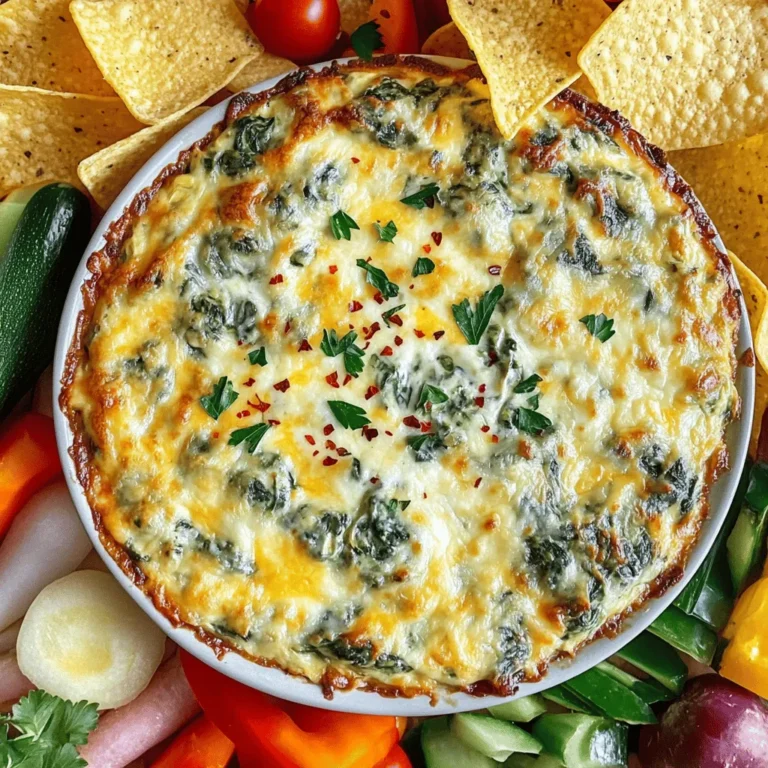 For a creamy and tasty spinach artichoke dip, gather these ingredients: - 1 cup fresh spinach, finely chopped - 1 cup canned artichoke hearts, drained and roughly chopped - 1/2 cup cream cheese, softened to room temperature - 1/2 cup sour cream - 1/2 cup mayonnaise - 1 cup shredded mozzarella cheese, divided - 1/2 cup grated Parmesan cheese, divided - 2 cloves garlic, minced - 1 teaspoon fresh lemon juice - 1/2 teaspoon red pepper flakes (optional, for heat) - Salt and freshly ground black pepper, to taste You can swap some ingredients if needed: - Use Greek yogurt instead of sour cream for a tangy flavor. - For a lighter dip, replace mayonnaise with plain yogurt. - If you want a dairy-free option, use vegan cream cheese and cheese. - Fresh spinach can be replaced with frozen spinach; just thaw and drain it well. - You can use any cheese you like, such as cheddar or gouda, for different tastes. This dip is not only tasty but also has some nutritional value: - Calories: About 250 per serving (based on 8 servings) - Protein: Approximately 7g - Fat: Roughly 20g - Carbohydrates: Around 8g - Fiber: About 1g - Vitamin A: A good source due to spinach - Calcium: High from cheese content Enjoy each bite of this creamy spinach artichoke dip. For the full recipe, check out the instructions above! 1. Start by preheating your oven to 350°F (175°C). This step is key for even cooking. 2. In a large bowl, mix the softened cream cheese, sour cream, and mayonnaise. Stir until smooth. 3. Next, add the chopped spinach, artichoke hearts, minced garlic, and lemon juice. 4. If you like heat, sprinkle in the red pepper flakes. Add half the mozzarella and Parmesan cheese. 5. Gently fold everything together. Season with salt and black pepper to your taste. 6. Transfer this mixture to a greased baking dish. Spread it out evenly with a spatula. 1. Top the dip with the rest of the mozzarella and Parmesan cheese. This will create a cheesy crust. 2. Place the dish in your preheated oven. Bake for 25-30 minutes until bubbly and golden brown. 3. When it’s done, take it out of the oven. Let it cool for a few minutes before serving. - Use fresh spinach for a vibrant taste. Frozen spinach can work, but it must be thawed and drained. - Make sure the cream cheese is at room temperature. This helps it mix evenly. - Don't skip the lemon juice. It brightens the dip and enhances the flavors. - For an extra creamy dip, add more sour cream or cream cheese as you like. For the complete process, check out the Full Recipe. To make your dip creamy, use room-temperature cream cheese. This helps it blend well. Mixing sour cream and mayo also adds to the creaminess. For extra flavor, add fresh garlic and lemon juice. They brighten the taste. A dash of red pepper flakes gives a nice kick. Adjust the heat to your liking. Many people overcook this dip. Keep an eye on it while baking. You want it bubbly but not burnt. Another mistake is not seasoning enough. Taste as you mix and adjust the salt and pepper. Using fresh, not canned spinach is best. It gives the dip a better texture. Serve your dip warm for the best taste. Pair it with crispy tortilla chips or fluffy pita bread. Fresh veggies like carrots and bell peppers add color and crunch. For a fun twist, try serving it in a bread bowl. This makes for a great presentation and a tasty treat! Don’t forget to check out the Full Recipe for more tips. {{image_4}} You can enjoy spinach artichoke dip in different ways. The baked version gives you a crispy top and warm, creamy inside. To make it, follow the steps in the Full Recipe for a perfect baked dip. For the crockpot version, mix all your ingredients, then set your crockpot on low. Let it cook for a few hours. This method is great for parties, as it keeps the dip warm and ready to serve. Want to spice up your dip? You can add extra fun ingredients. Try chopped jalapeños for a kick or sun-dried tomatoes for a sweet touch. You can also mix in cooked bacon for a smoky flavor. Just remember to adjust the seasoning to balance the new tastes. Each addition can change the dip to suit your mood or theme. If you want a healthier or vegan option, don’t worry! You can swap out dairy products easily. Use cashew cream or tofu for a creamy base. Replace mayonnaise with a vegan version or Greek yogurt for a lighter touch. Nutritional yeast can add a cheesy flavor without the dairy. These swaps keep the dip tasty while fitting different diets. After your gathering, let the dip cool. Then, transfer it to an airtight container. Seal it well to keep it fresh. Store it in the fridge for up to three days. When you’re ready to eat, the dip will still taste great! If you have extra dip, you can freeze it. Use a freezer-safe container. Leave some space at the top for expansion. Label the container with the date. Spinach artichoke dip can stay in the freezer for about two months. When you want to enjoy it, thaw it overnight in the fridge. To reheat, you have a few options. You can use the oven for a crispy top. Preheat it to 350°F (175°C). Place the dip in an oven-safe dish. Heat for about 20 minutes until warm. You can also microwave it. Use a microwave-safe bowl and heat in short bursts. Stir in between to avoid hot spots. Enjoy your creamy dip warm! Don't forget to check the [Full Recipe] for more details. You can serve this dip with many tasty items. I love pairing it with: - Crispy tortilla chips - Soft pita bread - Fresh vegetable sticks, like carrots, celery, or bell peppers - Toasted baguette slices These options create a fun and colorful spread. The dip tastes great with any of them! Yes, you can! This dip is easy to prepare in advance. Just mix all the ingredients as listed in the Full Recipe. Store it in the fridge for up to two days before baking. When you are ready, bake it as directed. This saves time and ensures a warm treat for guests. Yes, this dip is naturally gluten-free! All the ingredients, like spinach, artichokes, and cheeses, do not contain gluten. Just make sure to use gluten-free chips or bread when serving. This way, everyone can enjoy this creamy delight. This post covered how to make a tasty spinach artichoke dip. We explored the key ingredients and some great swaps to fit your needs. I shared step-by-step directions and helpful tips to get perfect texture every time. You can also try different methods like baked or crockpot versions. Lastly, proper storage can keep your leftovers fresh and ready to enjoy. With these tips, you can make a dip that everyone loves. Have fun and dig in!