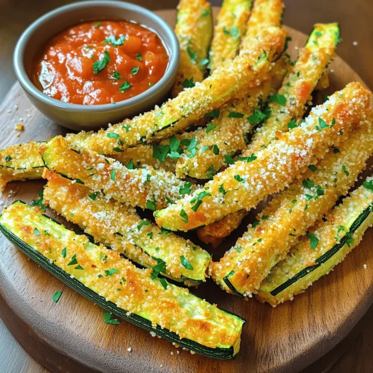 Here’s what you need to make crispy Parmesan zucchini fries. Gather these simple items: - 2 medium zucchinis, sliced into 1/4-inch thick fries - 1 cup panko breadcrumbs - 1/2 cup finely grated Parmesan cheese - 1 teaspoon garlic powder - 1 teaspoon onion powder - 1 teaspoon Italian seasoning - 1/2 teaspoon kosher salt - 1/4 teaspoon freshly ground black pepper - 2 large eggs, beaten - 1 tablespoon olive oil, for drizzling These ingredients help create a crunchy and tasty snack. The panko breadcrumbs add a great texture. The Parmesan cheese brings a nice, salty flavor. You can mix in your favorite spices to make it even better. For the full recipe, check out the details above. To start, preheat your oven to 425°F (220°C). This heats the oven for perfect crispiness. Next, line a baking sheet with parchment paper so the fries do not stick. Now, let’s slice the zucchinis. Take 2 medium zucchinis and cut them into 1/4-inch thick fries. This size helps them cook evenly. Try to keep all the fries similar in size for the best results. In a shallow bowl, mix together the panko breadcrumbs, Parmesan cheese, garlic powder, onion powder, Italian seasoning, kosher salt, and black pepper. This mixture gives the fries a tasty and crunchy coat. Next, beat 2 large eggs in another bowl until frothy. This step helps the breadcrumbs stick to the fries. Take a zucchini fry and dip it into the egg. Let any extra egg drip off, then coat it in the breadcrumb mix. Press gently to help the crumbs stick well. Now, arrange the coated zucchini fries on the baking sheet. Make sure they are in a single layer and not touching. This keeps them crispy as they bake. Drizzle 1 tablespoon of olive oil over the fries. This adds flavor and helps them crisp up even more. Place the baking sheet in the oven and bake for 20-25 minutes. Flip the fries halfway through cooking. They should turn golden brown and crispy. Once baked, let them cool for a couple of minutes before serving. Enjoy your crispy Parmesan zucchini fries! For the full recipe, check the earlier section. To get the best crunch, use panko breadcrumbs. Panko is light and airy, giving your fries a nice texture. Regular breadcrumbs won’t give the same effect. Next, set your oven to the right temperature. Preheat it to 425°F (220°C). This high heat helps the fries get crispy without burning. You can boost the flavor by adding different spices. Try some smoked paprika for a smoky taste. Or add cayenne pepper for heat. For dipping sauces, marinara is a classic choice. Ranch dressing also works well. You could even mix Greek yogurt with herbs for a creamy dip. Use a sturdy baking sheet for the best results. Look for one that can handle high heat. Lining it with parchment paper helps prevent sticking and makes cleanup easy. A cooling rack is important, too. After baking, place the fries on the rack. This keeps them crispy by allowing air to circulate around them. For the full recipe, check out the details above! {{image_4}} You can make this recipe even healthier. First, consider air-frying instead of baking. Air-frying gives you that same crispiness with less oil. You can also go for gluten-free options. Use almond flour or gluten-free breadcrumbs instead of regular ones. These swaps make the fries lighter yet tasty. Let’s get creative with flavors. You can add herbs like thyme or rosemary to the breadcrumb mix. This adds a fresh taste to each bite. You can also mix different cheeses. Try blending Parmesan with mozzarella or cheddar for a richer flavor experience. These zucchini fries pair well with many dips. Marinara sauce is a classic choice. You can also serve them with ranch or garlic aioli for a delightful twist. If you have leftovers, try adding them to salads or wraps. They give an exciting crunch and flavor to any dish. For the full recipe, check out the details above! To keep your crispy Parmesan zucchini fries fresh, use airtight containers. Glass or plastic containers work well. If you have a lot, consider dividing them into smaller portions. This way, you can enjoy them without thawing the whole batch. Fridge Storage: Store leftovers in the fridge for up to three days. Just make sure they are cool before sealing them. This helps prevent moisture buildup. Freezer Storage: For longer storage, freeze them. Place the fries in a single layer on a baking sheet first. Once frozen, transfer them into freezer bags. They can last for up to three months in the freezer. To keep your fries crispy when reheating, avoid the microwave. Instead, use the oven or an air fryer. Preheat your oven to 375°F (190°C). Place the fries on a baking sheet, spaced apart. Heat for about 10 minutes, checking frequently to avoid burning. If using an air fryer, set it to 350°F (175°C). Heat the fries for about 5-7 minutes. This method helps revive their crunch. Enjoy them hot and crispy, just like when they came out of the oven! For the full recipe, check the details provided earlier. To make your zucchini fries crispy, follow a few simple steps: - Use panko breadcrumbs for a crunchier texture. - Preheat your oven to 425°F (220°C). This high heat helps them crisp up. - Coat the zucchini fries evenly with the breadcrumb mixture. Press gently to ensure they stick. - Arrange the fries in a single layer on your baking sheet. This prevents them from steaming. - Drizzle a little olive oil over the fries before baking. Oil helps develop a golden crust. Yes, you can use other cheeses! Here are some tasty options: - Grated Pecorino Romano adds a sharp flavor. - Cheddar gives a rich, creamy taste. - Mozzarella melts well and offers a gooey texture. Feel free to mix and match for fun flavors! Leftovers stay fresh in the fridge for about 3 days. Store them in an airtight container to keep them tasty. If you want to keep them longer, freeze the fries. They can last up to 2 months in the freezer. Just reheat them in the oven for a crispy texture when you’re ready to eat. For the full recipe, check out the complete guide! In this post, we covered how to make crispy zucchini fries. We shared the complete ingredient list and step-by-step instructions, along with tips for achieving the perfect texture. You learned about storage and reheating, as well as fun variations to try. These zucchini fries can be a delicious snack or side dish. With some simple tricks, you can make them your own. Enjoy exploring all the flavors and options to create a tasty treat!