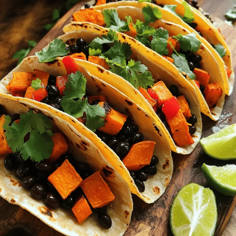 To make these savory sweet potato black bean tacos, gather the following ingredients: - 2 medium sweet potatoes, peeled and diced into 1-inch cubes - 1 can (15 oz) black beans, thoroughly drained and rinsed - 1 large red bell pepper, diced into bite-sized pieces - 1 small red onion, finely diced - 2 cloves garlic, minced - 1 teaspoon ground cumin - 1 teaspoon smoked paprika - 1 tablespoon extra virgin olive oil - Sea salt and freshly ground black pepper, to taste - 8 small corn tortillas - Fresh cilantro, chopped, for garnish - Lime wedges, for serving These ingredients work together to create a tasty and filling meal. The sweet potatoes add a natural sweetness, while the black beans provide protein and fiber. Together, they make a great base for tacos. The spices bring warmth and depth, making each bite special. Remember to check for fresh ingredients. Fresh cilantro and limes can brighten up your dish. You can find the full recipe [here](Full Recipe) for detailed cooking steps. - Preheat the oven to 400°F (200°C). - Dice sweet potatoes, red bell pepper, and onion. Start with sweet potatoes. They are the star of this dish. Peel them, then chop into 1-inch cubes. Next, take a red bell pepper. Dice it into small pieces. Finally, finely dice a small red onion. This mix will add great flavor. - Toss sweet potatoes with olive oil and spices. - Roast for 25-30 minutes until tender. In a bowl, toss the sweet potatoes with olive oil, ground cumin, smoked paprika, sea salt, and black pepper. Make sure every piece is coated. Spread them on a baking sheet in a single layer. Roast them in the oven for 25 to 30 minutes. They should be tender and slightly caramelized. Flip them halfway for even cooking. - Sauté onion and red bell pepper until softened. - Add garlic and cook until fragrant. While the sweet potatoes roast, heat a skillet over medium heat. Add the diced onion and bell pepper. Sauté for about 5 minutes. Wait until the onion turns translucent and the peppers soften. After that, add minced garlic to the skillet and cook for one more minute. The garlic will smell great. - Mix roasted sweet potatoes and black beans with sautéed veggies. When the sweet potatoes are done, take them out of the oven. Add them to the skillet along with a can of rinsed black beans. Stir everything together for about 2 to 3 minutes. This helps the flavors blend well. Taste the mix and add more salt or pepper if needed. - Warm corn tortillas in a dry skillet. Next, take your corn tortillas. Warm them one by one in a dry skillet over medium heat. Each should take about 30 seconds on each side. This step makes them soft and easy to fill. - Fill tortillas with sweet potato and black bean mixture. - Top with cilantro and serve with lime wedges. Now, it's time to fill the tortillas! Place a generous amount of the sweet potato and black bean mix on each tortilla. Then, sprinkle fresh chopped cilantro on top. Serve with lime wedges on the side. Squeeze some lime juice over the tacos for extra zing. For the full recipe, click here. To make sweet potatoes crispy and golden, you need to roast them just right. Start by cutting the sweet potatoes into 1-inch cubes. This size helps them cook evenly. Toss them with olive oil and spices before roasting. This adds flavor and helps with caramelization. Flipping sweet potatoes is key. Halfway through their cooking time, take them out and turn them over. This ensures they brown on all sides. If you skip this step, they may cook unevenly. To boost flavor, try different spices. In addition to cumin and smoked paprika, consider adding chili powder or garlic powder. These spices give your tacos a nice kick. When it comes to toppings, the options are endless. Sliced avocado adds creaminess. A drizzle of hot sauce gives heat. Fresh lime juice brightens up every bite. Don’t forget to sprinkle cilantro for a fresh finish. Many people make common mistakes when making tacos. One big mistake is overfilling the tortillas. This can lead to tearing. Use a small amount of filling to keep the taco intact. Also, warm your tortillas before filling. This makes them soft and easy to fold. Place them in a dry skillet for about 30 seconds on each side. This step makes a big difference in texture. For the full recipe of these savory sweet potato black bean tacos, check out the Full Recipe. {{image_4}} You can add protein to your sweet potato black bean tacos. This can make them heartier and fill you up more. Here are some great options: - Chicken: Shred cooked chicken and mix it in with the sweet potatoes and black beans. - Tofu: Press and dice firm tofu. Sauté it until golden and add it to the mixture. - Ground Meat: Use ground turkey or beef. Cook it in the skillet before adding veggies. Adding protein boosts flavor and nutrition. It also makes the tacos more satisfying. If you need a gluten-free meal, you can still enjoy these tacos. Just swap out the corn tortillas for other gluten-free options. Here are some ideas: - Lettuce Wraps: Use large, sturdy lettuce leaves as a fresh and crunchy wrap. - Rice Paper: Soften rice paper sheets in warm water. They make a unique taco base. - Gluten-Free Tortillas: Look for store-bought gluten-free tortillas made from brown rice or almond flour. These options keep the meal tasty while catering to your diet. You can easily change the spice level of your tacos. Here’s how to make them mild, spicy, or smoky: - Milder: Reduce the amount of smoked paprika. You can also add a dollop of sour cream to cool the heat. - Spicier: Stir in chopped jalapeños or add a pinch of cayenne pepper. - Smoky: Increase the smoked paprika or add chipotle powder for a deeper flavor. Adjusting the spice level lets you customize the dish to your liking. Explore flavors that excite your taste buds! After enjoying your savory sweet potato black bean tacos, store any leftovers in the fridge. Place them in an airtight container to keep them fresh. They will stay good for about 3 to 4 days. If you want to save them longer, you can freeze the filling. Just make sure to separate the filling from the tortillas. This way, the tortillas won’t get soggy. The filling can last up to 3 months in the freezer. When it's time to enjoy leftovers, keep the texture in mind. I recommend reheating the filling in a skillet over medium heat. This helps to regain some of the original crunch and flavor. Stir often to heat evenly. For the tortillas, warm them in a dry skillet for about 30 seconds on each side. This will make them soft and pliable again, just like when you first made them. You may have extra sweet potatoes or black beans after making the tacos. Don't throw them away! Use leftover sweet potatoes in a salad or mash them for a side dish. Leftover black beans are great in soups or as a dip. You can also mix the beans into rice for a quick meal or snack. There are many tasty ways to use these ingredients, so get creative! Yes, you can prepare this dish in advance. For meal prep, roast the sweet potatoes and sauté the veggies. Store them separately in airtight containers. You can keep them in the fridge for up to three days. When you're ready to eat, simply warm everything together in a skillet. This method saves time and makes meals easy on busy days. If you want alternatives to black beans, consider using pinto beans or chickpeas. Both options give a nice texture and taste. You can also try lentils for a different flavor. Each choice will still create a filling and tasty taco. Good news! This recipe is already vegan-friendly. All the ingredients, like sweet potatoes and black beans, fit perfectly into a vegan diet. You can enjoy these tacos without worry. Feel free to add more veggies or toppings to enhance the flavor! This blog post covers a delicious sweet potato and black bean taco recipe. You learned about the ingredients, prep steps, and cooking tips. Try different spices and toppings to make these tasty tacos your own. Store leftovers and reheat them for easy meals later. Don't hesitate to make these tacos ahead or swap ingredients based on your needs. Whether you're a newbie or a seasoned cook, these tacos are tasty and fun to make. Enjoy your cooking adventure!