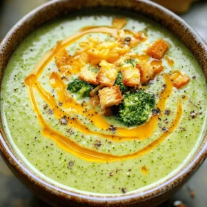 - 4 cups fresh broccoli florets - 1 medium onion, finely chopped - 2 garlic cloves, minced - 4 cups vegetable broth - 1 cup heavy cream - 2 cups sharp cheddar cheese, freshly grated - 2 tablespoons olive oil - 1 teaspoon sea salt - 1/2 teaspoon freshly ground black pepper - 1/2 teaspoon smoked paprika To make a tasty Creamy Broccoli Cheddar Soup, start with fresh broccoli florets. They add vibrant color and nutrition. I like to use a medium onion and two cloves of garlic to build a strong flavor base. Next, you need vegetable broth. This gives depth to the soup. Heavy cream adds that rich, silky texture we crave in creamy soups. For a delicious finish, use sharp cheddar cheese. It melts beautifully and enhances the flavor. - Croutons for garnish - Fresh herbs like parsley or chives To make your soup even better, consider adding croutons on top. They add crunch and visual appeal. Fresh herbs like parsley or chives bring a bright touch and a pop of color. For the full recipe, check out the detailed instructions and tips. Start by heating the olive oil in a large pot over medium heat. Add the finely chopped onion and sauté for about 5 minutes. Stir occasionally until the onion is soft and clear. Next, add the minced garlic. Stir it well for one minute. You will smell the nice aroma. Now, add the fresh broccoli florets and the vegetable broth. Sprinkle in the sea salt, black pepper, and smoked paprika. Bring the soup to a rapid boil. Once the soup boils, reduce the heat to low. Let it simmer gently for about 15 minutes. This will make the broccoli tender. You can check it with a fork. It should be easy to pierce. Take your immersion blender and carefully blend the soup. You can make it smooth or leave some broccoli pieces for texture. If you want a velvety soup, blend it all. Now, stir in the heavy cream and the freshly grated sharp cheddar cheese. Keep cooking over low heat. Stir often until the cheese melts. This will give the soup a rich and creamy flavor. Taste it and adjust the salt or pepper if needed. For the full recipe, check out the details above. When blending, you can choose to blend fully or partially. If you want a smooth soup, blend it all. This gives a creamy feel. If you prefer some chunks, blend only half. This keeps bits of broccoli for texture. I often blend just enough to make it rich but still have fun pieces. Adjusting the seasoning is key to a great soup. Taste it as you go. You may want more salt or pepper. Adding spices can boost flavor too. Smoked paprika adds warmth, while cayenne gives heat. Don’t be afraid to experiment. A little nutmeg can surprise you and add depth. Presentation matters! Serve the soup in warm bowls. Top each bowl with crispy croutons for crunch. A sprinkle of extra cheddar cheese looks nice too. Drizzle olive oil on top for a shiny finish. Fresh herbs like parsley or chives add color and freshness. Pair the soup with crusty bread or a light salad for a full meal. Check out the Full Recipe for more tips! {{image_4}} You can make this soup lighter by using low-fat milk or a dairy alternative. Almond or oat milk works well. If you want extra nutrition, add protein. Shredded chicken or canned beans mix right in. Both options boost the soup's heartiness. Want to spice things up? Try adding cayenne pepper for heat. Fresh thyme gives a nice herbal note. You can also add other vegetables. Carrots or spinach blend well with broccoli. They add color and flavor to the soup. Meal prep is a great way to save time. You can freeze this soup for later. Let it cool completely before you pack it. Use airtight containers to keep it fresh. When you’re ready to eat, thaw it overnight in the fridge. Reheat it on the stove for the best taste. Creamy Broccoli Cheddar Soup stays fresh in the fridge for about 3 to 4 days. To keep it safe, store it in airtight containers. Make sure they are clean and dry. Label the containers with the date. This way, you remember when you made the soup. Freezing this soup is a great way to save it for later. First, let the soup cool completely. Pour it into freezer-safe containers, leaving some space at the top. This lets the soup expand as it freezes. You can also use freezer bags; just squeeze out the air before sealing. When you're ready to eat, take the soup out of the freezer. Put it in the fridge to thaw overnight. If you need it faster, place the sealed bag in cold water. After thawing, reheat it on the stove over low heat. Stir often to avoid burning. If it looks thick, add a little broth or water to loosen it up. Enjoy your Creamy Broccoli Cheddar Soup later with the full recipe in mind! To make Creamy Broccoli Cheddar Soup from scratch, follow these steps: 1. Heat 2 tablespoons of olive oil in a large pot. 2. Add 1 medium chopped onion and sauté for 5 minutes. 3. Stir in 2 minced garlic cloves for 1 minute. 4. Add 4 cups of fresh broccoli florets and 4 cups of vegetable broth. 5. Season with 1 teaspoon of sea salt, 1/2 teaspoon of black pepper, and 1/2 teaspoon of smoked paprika. 6. Bring it to a boil, then reduce heat and simmer for 15 minutes. 7. Blend the soup until smooth with an immersion blender. 8. Stir in 1 cup of heavy cream and 2 cups of grated sharp cheddar cheese until melted. You can find the full recipe above for detailed steps. Yes, you can use frozen broccoli in this soup. Frozen broccoli is convenient and saves time. Just add it to the pot with the broth. It may need a few extra minutes to cook until tender. This swap keeps the soup simple and quick. Creamy Broccoli Cheddar Soup pairs well with many sides. Here are some ideas: - Crusty bread or breadsticks for dipping. - A fresh garden salad for a light balance. - Grilled cheese sandwiches for a classic combo. These options add texture and flavor to your meal. To make this soup vegan, swap out a few ingredients: - Use coconut cream or cashew cream instead of heavy cream. - Replace sharp cheddar cheese with vegan cheese or nutritional yeast for flavor. - Ensure the vegetable broth is free from animal products. These changes keep the soup rich and creamy while making it plant-based. You learned how to make a tasty Creamy Broccoli Cheddar Soup. I covered key ingredients, like fresh broccoli, onion, and cheese. You now know the steps for cooking and blending the soup to get that creamy texture. With a few tips and variations, you can make this dish your own. Whether you want it healthy or hearty, there is a way to suit your tastes. Enjoy this warm soup any day, and impress your family and friends!