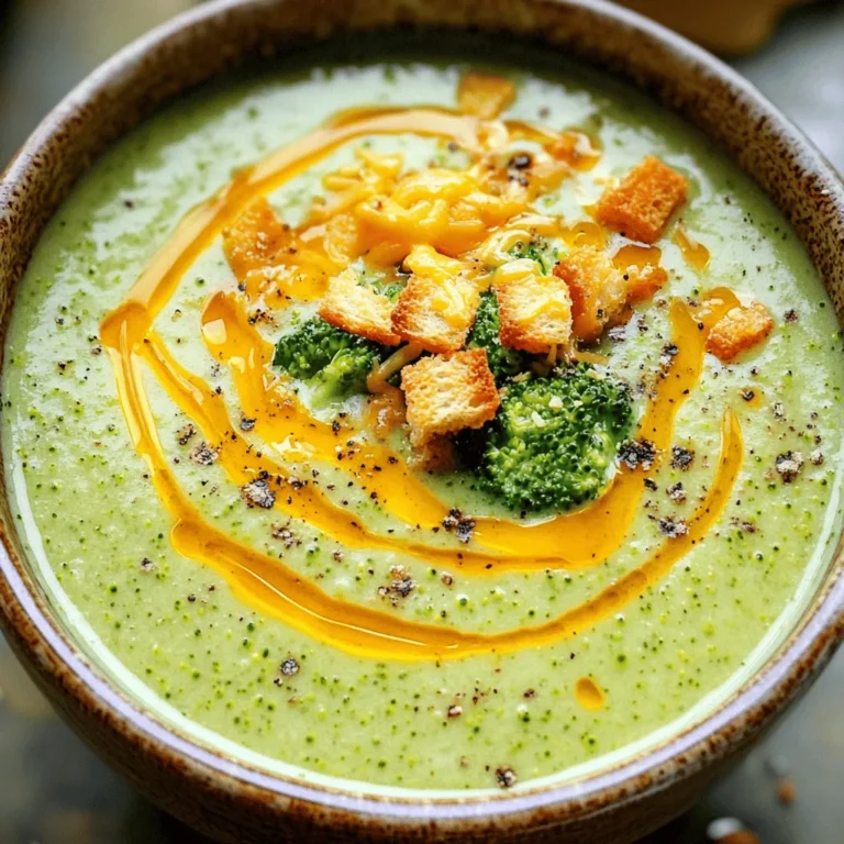 - 4 cups fresh broccoli florets - 1 medium onion, finely chopped - 2 garlic cloves, minced - 4 cups vegetable broth - 1 cup heavy cream - 2 cups sharp cheddar cheese, freshly grated - 2 tablespoons olive oil - 1 teaspoon sea salt - 1/2 teaspoon freshly ground black pepper - 1/2 teaspoon smoked paprika To make a tasty Creamy Broccoli Cheddar Soup, start with fresh broccoli florets. They add vibrant color and nutrition. I like to use a medium onion and two cloves of garlic to build a strong flavor base. Next, you need vegetable broth. This gives depth to the soup. Heavy cream adds that rich, silky texture we crave in creamy soups. For a delicious finish, use sharp cheddar cheese. It melts beautifully and enhances the flavor. - Croutons for garnish - Fresh herbs like parsley or chives To make your soup even better, consider adding croutons on top. They add crunch and visual appeal. Fresh herbs like parsley or chives bring a bright touch and a pop of color. For the full recipe, check out the detailed instructions and tips. Start by heating the olive oil in a large pot over medium heat. Add the finely chopped onion and sauté for about 5 minutes. Stir occasionally until the onion is soft and clear. Next, add the minced garlic. Stir it well for one minute. You will smell the nice aroma. Now, add the fresh broccoli florets and the vegetable broth. Sprinkle in the sea salt, black pepper, and smoked paprika. Bring the soup to a rapid boil. Once the soup boils, reduce the heat to low. Let it simmer gently for about 15 minutes. This will make the broccoli tender. You can check it with a fork. It should be easy to pierce. Take your immersion blender and carefully blend the soup. You can make it smooth or leave some broccoli pieces for texture. If you want a velvety soup, blend it all. Now, stir in the heavy cream and the freshly grated sharp cheddar cheese. Keep cooking over low heat. Stir often until the cheese melts. This will give the soup a rich and creamy flavor. Taste it and adjust the salt or pepper if needed. For the full recipe, check out the details above. When blending, you can choose to blend fully or partially. If you want a smooth soup, blend it all. This gives a creamy feel. If you prefer some chunks, blend only half. This keeps bits of broccoli for texture. I often blend just enough to make it rich but still have fun pieces. Adjusting the seasoning is key to a great soup. Taste it as you go. You may want more salt or pepper. Adding spices can boost flavor too. Smoked paprika adds warmth, while cayenne gives heat. Don’t be afraid to experiment. A little nutmeg can surprise you and add depth. Presentation matters! Serve the soup in warm bowls. Top each bowl with crispy croutons for crunch. A sprinkle of extra cheddar cheese looks nice too. Drizzle olive oil on top for a shiny finish. Fresh herbs like parsley or chives add color and freshness. Pair the soup with crusty bread or a light salad for a full meal. Check out the Full Recipe for more tips! {{image_4}} You can make this soup lighter by using low-fat milk or a dairy alternative. Almond or oat milk works well. If you want extra nutrition, add protein. Shredded chicken or canned beans mix right in. Both options boost the soup's heartiness. Want to spice things up? Try adding cayenne pepper for heat. Fresh thyme gives a nice herbal note. You can also add other vegetables. Carrots or spinach blend well with broccoli. They add color and flavor to the soup. Meal prep is a great way to save time. You can freeze this soup for later. Let it cool completely before you pack it. Use airtight containers to keep it fresh. When you’re ready to eat, thaw it overnight in the fridge. Reheat it on the stove for the best taste. Creamy Broccoli Cheddar Soup stays fresh in the fridge for about 3 to 4 days. To keep it safe, store it in airtight containers. Make sure they are clean and dry. Label the containers with the date. This way, you remember when you made the soup. Freezing this soup is a great way to save it for later. First, let the soup cool completely. Pour it into freezer-safe containers, leaving some space at the top. This lets the soup expand as it freezes. You can also use freezer bags; just squeeze out the air before sealing. When you're ready to eat, take the soup out of the freezer. Put it in the fridge to thaw overnight. If you need it faster, place the sealed bag in cold water. After thawing, reheat it on the stove over low heat. Stir often to avoid burning. If it looks thick, add a little broth or water to loosen it up. Enjoy your Creamy Broccoli Cheddar Soup later with the full recipe in mind! To make Creamy Broccoli Cheddar Soup from scratch, follow these steps: 1. Heat 2 tablespoons of olive oil in a large pot. 2. Add 1 medium chopped onion and sauté for 5 minutes. 3. Stir in 2 minced garlic cloves for 1 minute. 4. Add 4 cups of fresh broccoli florets and 4 cups of vegetable broth. 5. Season with 1 teaspoon of sea salt, 1/2 teaspoon of black pepper, and 1/2 teaspoon of smoked paprika. 6. Bring it to a boil, then reduce heat and simmer for 15 minutes. 7. Blend the soup until smooth with an immersion blender. 8. Stir in 1 cup of heavy cream and 2 cups of grated sharp cheddar cheese until melted. You can find the full recipe above for detailed steps. Yes, you can use frozen broccoli in this soup. Frozen broccoli is convenient and saves time. Just add it to the pot with the broth. It may need a few extra minutes to cook until tender. This swap keeps the soup simple and quick. Creamy Broccoli Cheddar Soup pairs well with many sides. Here are some ideas: - Crusty bread or breadsticks for dipping. - A fresh garden salad for a light balance. - Grilled cheese sandwiches for a classic combo. These options add texture and flavor to your meal. To make this soup vegan, swap out a few ingredients: - Use coconut cream or cashew cream instead of heavy cream. - Replace sharp cheddar cheese with vegan cheese or nutritional yeast for flavor. - Ensure the vegetable broth is free from animal products. These changes keep the soup rich and creamy while making it plant-based. You learned how to make a tasty Creamy Broccoli Cheddar Soup. I covered key ingredients, like fresh broccoli, onion, and cheese. You now know the steps for cooking and blending the soup to get that creamy texture. With a few tips and variations, you can make this dish your own. Whether you want it healthy or hearty, there is a way to suit your tastes. Enjoy this warm soup any day, and impress your family and friends!
