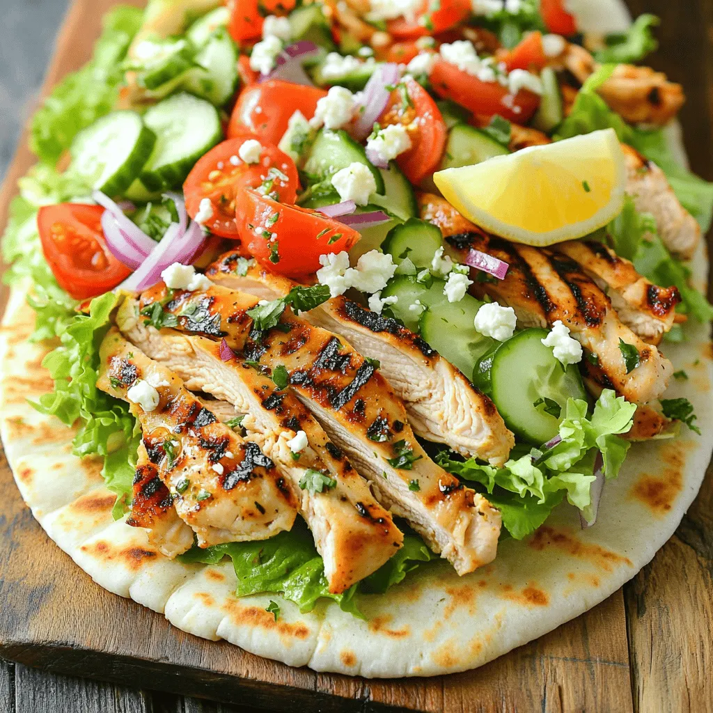 Creating Greek chicken gyros is simple and fun! Here are the key ingredients you’ll need: - 1 lb boneless, skinless chicken thighs - 3 tablespoons extra virgin olive oil - 3 tablespoons creamy Greek yogurt - 2 cloves of fresh garlic, finely minced - 1 teaspoon dried oregano - 1 teaspoon smoked paprika - 1 teaspoon ground cumin - 1 teaspoon kosher salt - ½ teaspoon freshly ground black pepper - Juice of 1 zesty lemon - 4 warm pita breads - 1 cup ripe tomatoes, diced - 1 cup crisp lettuce, shredded - ½ red onion, paper-thin slices - ½ cucumber, diced into bite-sized pieces - Crumbled feta cheese, for added richness (optional) You’ll start with boneless, skinless chicken thighs. They stay juicy and tender when grilled. The marinade blends olive oil, Greek yogurt, garlic, and spices. This gives the chicken a deep flavor. For toppings, fresh tomatoes, lettuce, red onion, and cucumber add crunch and color. You might also want crumbled feta for a creamy touch. This recipe is all about balance and flavor. Check out the Full Recipe for more details to make your gyros perfect! To start, gather your marinade ingredients in a bowl. You will need: - 3 tablespoons extra virgin olive oil - 3 tablespoons creamy Greek yogurt - 2 cloves of fresh garlic, finely minced - 1 teaspoon dried oregano - 1 teaspoon smoked paprika - 1 teaspoon ground cumin - 1 teaspoon kosher salt - ½ teaspoon freshly ground black pepper - Juice of 1 zesty lemon Mix these ingredients well until they form a smooth blend. This marinade will give your chicken great flavor. Next, take your 1 lb of boneless, skinless chicken thighs and place them in the bowl. Make sure each piece is fully coated. Cover the bowl with plastic wrap and put it in the fridge. Let it marinate for at least 1 hour. If you can, leave it overnight for more flavor. Now, it’s time to grill the chicken. Start by preheating your grill or grill pan to medium-high heat. This step is important. A hot grill will give you nice grill marks and juicy chicken. Once the grill is ready, take the chicken out of the marinade. Shake off any extra liquid. Place the chicken on the grill and cook for about 6-7 minutes on each side. The chicken is done when the juices run clear. This means it is safe to eat. After grilling, remove the chicken from the heat. Allow it to rest for a few minutes. This helps the juices redistribute, keeping it moist. Once rested, slice the chicken into thin strips. With the chicken ready, it’s time to assemble your gyros. Start by warming your pita bread on the grill for about 1-2 minutes. This makes the bread soft and easy to wrap. Take a warm pita and place a good amount of sliced chicken in the center. Next, add your toppings: - 1 cup ripe tomatoes, diced - 1 cup crisp lettuce, shredded - ½ red onion, paper-thin slices - ½ cucumber, diced into bite-sized pieces - Crumbled feta cheese, for added richness (optional) Layer these toppings over the chicken. Finally, fold the pita over the fillings. Serve your gyros right away and enjoy! For a burst of flavor, add a wedge of lemon on the side. For the full recipe, check the Greek Chicken Gyros Delight section above. To make the best Greek chicken gyros, start with a good marinade. Use fresh lemon juice and yogurt. These ingredients keep the chicken juicy. Let the chicken sit in the marinade for at least one hour. This time allows the flavors to soak in deeply. If you can, marinate it overnight for even better taste. When cooking, heat your grill to medium-high. This heat helps to sear the chicken well. Cook each side for about 6 to 7 minutes. Check that the chicken is fully cooked. You want the juices to run clear. After cooking, let the chicken rest for a few minutes. This step keeps it moist when you slice it. Presentation matters! Serve your gyros on a bright platter. Add fresh parsley or dill for color. Offer extra tzatziki sauce in a small bowl. This dip is perfect for adding flavor. You can also include olive tapenade for a twist. Pair your gyros with sides like Greek salad or roasted potatoes. These sides add a nice balance to the meal. You can even make a refreshing cucumber salad. These options will make your meal feel complete. For a lighter meal, choose lean chicken cuts. Chicken breasts are a great option. They are lower in fat but still tasty. You can also add more veggies to your gyros. Try grilled peppers, zucchini, or eggplant. They add nutrition and flavor. Another option is to make a vegetarian gyro. Use grilled vegetables or falafel instead of chicken. This change keeps the meal delicious and healthy. With these tips, your Greek chicken gyros will shine at any gathering. For the complete recipe, check out the Full Recipe section. {{image_4}} You can switch things up by using other meats. Lamb or beef gyros bring a rich, savory flavor. Just marinate them like chicken for tasty results. If you prefer vegetarian meals, try grilled vegetables or falafel. These options are filling and delicious. They also keep the spirit of gyros alive. Play with spices to find your favorite blend. Try adding coriander for a fresh taste or cinnamon for warmth. A pinch of chili powder can also add a nice kick. Beyond tzatziki, you can experiment with sauces. A spicy harissa or creamy tahini sauce can bring new life to your gyros. Don't hesitate to mix and match. Greek islands each have their own spin on gyros. For example, in Santorini, they might add capers and olives. These give a unique flavor that reflects local ingredients. Other cuisines also influence gyros. Middle Eastern wraps often use similar spices and flavors. Blend these ideas to create your signature dish. Enjoy the journey of flavor! To keep your gyros fresh, store leftovers in an airtight container. Place the chicken and veggies in separate containers. This helps maintain texture and taste. Refrigerate them within two hours of cooking. The chicken will stay good for up to three days. The veggies can last for about two days. When reheating grilled chicken, use a microwave or a skillet. For the microwave, heat on medium power for one to two minutes. Check to ensure it’s warmed through. If using a skillet, add a touch of olive oil and heat over low. This method keeps the chicken juicy. When serving leftover gyros, reassemble them with fresh pita and veggies. If you want to freeze chicken, do so before cooking. Place marinated chicken in a freezer bag. Remove as much air as possible and seal it tightly. It will last up to three months. To make gyros ahead of time, grill the chicken and let it cool. Then, slice it and freeze in a container. Thaw in the fridge before reheating. You can find the full recipe for making delicious Greek Chicken Gyros above. Greek chicken gyros use simple, fresh ingredients. The base is usually boneless, skinless chicken thighs. You marinate the chicken in olive oil, Greek yogurt, garlic, and spices. Common spices are oregano, smoked paprika, and cumin. You also need salt and black pepper for flavor. Finally, fresh toppings include tomatoes, lettuce, red onion, and cucumber. Pita bread wraps everything together nicely. Yes, you can make gyros ahead of time. Marinate the chicken a day before cooking. This allows the flavors to soak in. After grilling, let the chicken cool. Store it in an airtight container in the fridge. You can also prepare the toppings early. Just keep them in the fridge as well. When serving, warm the pita bread and assemble quickly. If you lack a grill, don't worry! You can cook gyros on the stovetop. Use a skillet or grill pan over medium-high heat. Sear the chicken for about six to seven minutes on each side. Ensure the chicken cooks through. Alternatively, you can bake it in the oven. Set it to 400°F and cook for 20 to 25 minutes. Making tzatziki is easy! Here’s a quick recipe: - 1 cup Greek yogurt - 1 small cucumber, grated and drained - 2 cloves garlic, minced - 1 tablespoon olive oil - 1 tablespoon lemon juice - Salt and pepper to taste Mix all ingredients in a bowl. Let it chill in the fridge for at least 30 minutes. This sauce is refreshing and perfect for gyros. Gyros taste great with various sides. Here are a few ideas: - Greek salad with cucumbers, tomatoes, and feta - Hummus with pita chips or veggies - Roasted vegetables, like zucchini and bell peppers - Lemon rice or couscous for a hearty option These sides add color and flavor to your meal. To keep chicken juicy, marinate it for at least an hour. Use a mix of yogurt and oil for moisture. When cooking, avoid overcooking; check for clear juices. Let the chicken rest after cooking; this keeps the juices inside. Slice it just before serving for the best taste. In this post, we explored how to make Greek chicken gyros. We covered the key ingredients, including the marinade and fresh produce. I shared step-by-step instructions for preparation, grilling, and assembling your gyros. We also discussed tips for keeping your chicken juicy and healthy options. Lastly, I provided variations and storage advice. Enjoying gyros can be easy and fun, whether you stick to tradition or try something new. Make these delicious gyros at home and impress your family and friends!