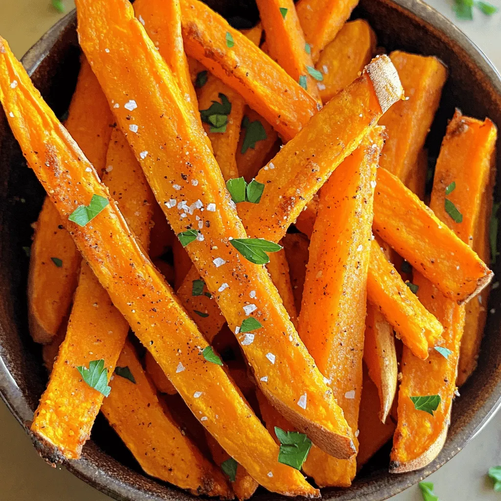 - 2 large sweet potatoes, peeled and sliced into thin strips - 2 tablespoons extra virgin olive oil - 1 teaspoon smoked paprika Sweet potatoes are the star of this dish. They give a sweet flavor and a nice texture. The extra virgin olive oil helps the fries get crispy in the oven. Smoked paprika adds a warm, smoky taste that makes each bite special. - 1 teaspoon garlic powder - 1/2 teaspoon cayenne pepper (optional, for a spicy kick) - 1 teaspoon sea salt - 1/2 teaspoon ground black pepper Seasoning is key to great flavor. Garlic powder gives a nice depth. Cayenne pepper adds heat, but you can skip it. Sea salt and black pepper balance the sweetness of the potatoes. - Fresh parsley, finely chopped (for garnish) Fresh parsley is optional but recommended. It adds a pop of color and freshness. Just sprinkle it on top before serving. This simple touch makes your fries look and taste even better. For the full recipe, check the detailed instructions and tips to guide you through each step of making these crispy baked sweet potato fries. First, preheat your oven to 425°F (220°C). This step is key to getting crispy fries. While the oven warms up, take your large sweet potatoes and peel them. Once peeled, slice them into thin strips. Aim for uniform thickness; this helps them cook evenly. In a large mixing bowl, toss the sweet potato strips with 2 tablespoons of extra virgin olive oil. Make sure every piece gets a nice coat of oil. Next, add your spices. Sprinkle 1 teaspoon of smoked paprika, 1 teaspoon of garlic powder, and 1/2 teaspoon of cayenne pepper if you like some heat. Don't forget 1 teaspoon of sea salt and 1/2 teaspoon of ground black pepper. Toss everything again until the fries are well-seasoned. Now, prepare your baking sheet by lining it with parchment paper. Spread the sweet potato fries in a single layer. Avoid overlapping them; this is important for crispiness. Place the baking sheet in the oven and bake for 25-30 minutes. At the halfway mark, flip the fries to ensure they brown evenly. They should be crispy and golden brown when done. After baking, let them cool for a few minutes. You can sprinkle fresh parsley on top for a nice touch before serving. Find the full recipe for more details! To get that ideal crispy texture, follow these tips: - Don't overcrowd the baking sheet: Give each fry space. This helps air circulate, making them crispy. If they overlap, they will steam instead of bake. - Consider a convection oven: If you have one, use it! The fan helps circulate hot air, leading to a crunchier finish. Get creative with your seasonings. Here are some ideas: - Experiment with different spices: Beyond smoked paprika and garlic powder, try cumin, chili powder, or even curry powder. Each spice adds its own twist. - Adjust cayenne pepper to taste: If you like heat, add more cayenne. If not, skip it or use just a pinch. Find the balance that makes your taste buds happy. These fries are great on their own, but serving them right can elevate your meal: - Pairing with dipping sauces: Try ranch, spicy mayo, or even a tangy barbecue sauce. Each dip adds a new layer of flavor. - Ideas for meal accompaniments: Serve your fries with grilled chicken, burgers, or a fresh salad. They make a perfect side for many dishes. For the full preparation details, check the Full Recipe! {{image_4}} You can make baked sweet potato fries even healthier. One simple way is to use less oil. Instead of two tablespoons, try just one. This change still gives you flavor without too many calories. Baking is also a great choice. It keeps the fries crispy without the added fat from frying. To enhance the flavor, think about your add-ins. You can go sweet or savory. For a sweet touch, add a drizzle of honey or a sprinkle of cinnamon. For a savory kick, try adding fresh herbs or cheese. Different seasoning blends can also change everything. Try mixing garlic powder with Italian herbs or use taco seasoning for a twist. Want to cook these fries differently? An air fryer works great! Set it to 400°F (200°C) and cook for about 15-20 minutes. Shake the basket halfway through for even cooking. Grilling sweet potato fries is another fun option. Cut the fries thicker and place them on a hot grill. Cook for about 5-7 minutes on each side. This method adds a nice smoky flavor. For the complete recipe, check out [Full Recipe]. To keep your baked sweet potato fries fresh, follow these tips: - Allow them to cool completely. - Place fries in an airtight container. - Store them in the fridge for up to 3 days. Keeping them sealed helps prevent moisture. Moist fries lose their crispiness. You can reheat your fries in two ways: the oven or the microwave. - Oven: Preheat to 400°F (200°C). Bake for about 10 minutes. This keeps fries crispy. - Microwave: Heat for 1-2 minutes. This method makes fries softer. If you want to maintain crispiness, stick with the oven. It gives the best results. If you have extra fries, freezing is a great option. - To freeze, place cooled fries in a single layer on a baking sheet. - Freeze them for 1-2 hours, then transfer to a freezer bag. This method prevents fries from sticking together. When ready to eat, thaw overnight in the fridge. Reheat in the oven for best texture. Enjoy your crispy snack later! Baked sweet potato fries last about 3 to 5 days in the fridge. Store them in an airtight container. They may lose some crispiness but will still taste good. Yes, you can prepare and bake sweet potato fries ahead of time. Bake them, let them cool, and store them in the fridge. Reheat them in the oven for best results. You can serve sweet potato fries with various dips and meals. Some popular options include: - Ketchup - Garlic aioli - Avocado dip - Spicy mayo - Barbecue sauce Pair them with grilled chicken, burgers, or salads for a tasty meal. To keep your fries crispy, avoid overcrowding the baking sheet. Spacing them out allows heat to circulate. You can also try using a convection oven for extra crispiness. Yes, you can freeze baked sweet potato fries. Allow them to cool completely, then place them in a freezer bag. When ready to eat, reheat them in the oven for a crispy texture. You can get creative with your seasonings. Try these options: - Cinnamon for a sweet twist - Chili powder for heat - Italian herbs for a savory flavor - Parmesan cheese for added richness Experiment to find your favorite blend! Sweet potato fries are often healthier than regular fries. They contain more fiber and vitamins. Baking instead of frying reduces extra oil and calories. Enjoy them guilt-free! In this guide, we explored how to make delicious baked sweet potato fries. We covered the main ingredients, seasoning tips, and baking steps. You learned how to achieve that perfect crisp and the best ways to store and reheat leftovers. Sweet potato fries are tasty and easy to customize. Mix in your favorite spices for extra flavor or try new cooking methods. Enjoy your fries with dips or as a side dish. Happy cooking!