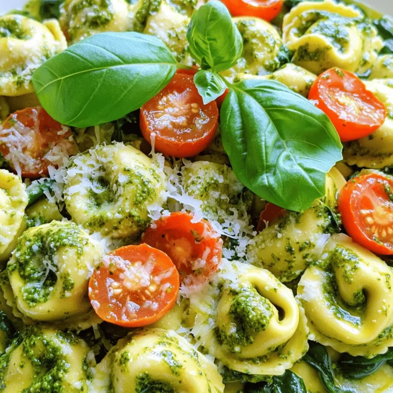 To make creamy pesto tortellini, gather these ingredients: - 12 oz fresh or frozen cheese tortellini - 1 cup heavy cream - 1/2 cup basil pesto (store-bought or homemade) - 1/2 cup freshly grated Parmesan cheese - 1 cup cherry tomatoes, halved - 2 cups fresh spinach - 2 tablespoons extra virgin olive oil - 2 cloves garlic, minced - Salt and freshly ground black pepper to taste - Fresh basil leaves for garnish When picking tortellini, look for fresh pasta in the fridge section. Check for a firm texture. The filling should be creamy and full of flavor. If you prefer frozen, choose brands with no added preservatives. Always read the label for quality ingredients. Fresh tortellini cooks faster and tastes better than dried. For basil pesto, I recommend a few trusted brands. Look for brands like Barilla or Classico, which offer good flavor. If you can, try a local brand for fresh taste. You might also make your own. Homemade pesto tastes best, plus you can control the ingredients. A simple blend of basil, garlic, nuts, and cheese creates a great sauce. Start with a large pot. Fill it with water and add salt. Bring the water to a boil. Once boiling, add the tortellini. Follow the package instructions for cooking time. Usually, this takes about 3-5 minutes. You want them to be al dente, which means firm but tender. Drain the tortellini well and set them aside. This step is key to avoid mushy pasta later. Heat a large skillet over medium heat. Add two tablespoons of extra virgin olive oil. When the oil shimmers, add minced garlic. Sauté it for about one minute. Make sure the garlic does not burn, as this will ruin the flavor. Next, add halved cherry tomatoes. Sauté for 3-4 minutes, until they soften. This brings out their sweet juices. Finally, add fresh spinach. Cook for about two minutes until it wilts. Your kitchen will smell amazing at this point! Lower the heat and add a cup of heavy cream to the skillet. Stir gently to combine. Next, add half a cup of basil pesto. This is where the magic happens! Stir until the sauce becomes creamy and well mixed. Gradually add half a cup of freshly grated Parmesan cheese. Keep stirring until the cheese melts completely. The sauce should be rich and smooth. Now, add the cooked tortellini to the skillet. Toss gently to coat the pasta in the sauce. Season with salt and freshly ground black pepper to taste. Allow everything to heat through for 2-3 minutes. Serve your creamy basil pesto tortellini hot, garnished with fresh basil and extra Parmesan if you like. For the complete recipe, check out the Full Recipe section. To get the perfect creamy texture, use heavy cream. It blends well with pesto and cheese. Heat the cream gently. If it boils too fast, it can split. Stir it slowly as you mix in the pesto. This helps keep it smooth. Adding the cheese bit by bit also helps. This way, it melts evenly and integrates well into the sauce. Serve your creamy pesto tortellini in wide bowls. This allows the sauce to pool nicely around the pasta. Garnish with fresh basil leaves and extra Parmesan. You can also add a squeeze of lemon for brightness. Pairing it with a crisp salad can balance the richness. A light white wine or sparkling water complements this dish well. One mistake is not cooking the tortellini properly. Always follow the package instructions for the best texture. Another common error is overcooking the garlic. It should be fragrant, not burnt. Lastly, don’t skip seasoning. A pinch of salt and pepper brings out all the flavors. For the full recipe, check the [Full Recipe]. {{image_4}} You can make your creamy pesto tortellini even better by adding protein. Chicken works great. Simply cook bite-sized pieces in the skillet before adding the veggies. Shrimp is another tasty option. Sauté them for a few minutes until they turn pink. For a plant-based twist, use tofu. Press it to remove extra water, then cube it and sauté until golden. This adds texture and boosts the dish's flavor. If you want a vegetarian version, just skip the meat and add more veggies. You can use mushrooms or bell peppers for added depth. For a vegan twist, swap the heavy cream with coconut milk or a nut-based cream. Use nutritional yeast instead of Parmesan for a cheesy flavor. This keeps the dish creamy while catering to a vegan diet. Don’t hesitate to get creative with your veggies. You can add peas, zucchini, or asparagus for a pop of color and taste. Broccoli works well too. Just steam it before adding it to the sauce. Mixing different vegetables not only adds flavor but also makes your dish more colorful and healthy. Explore different combinations to find what you love best. Check the Full Recipe for more ideas! To keep your creamy pesto tortellini fresh, place leftovers in an airtight container. Make sure to cool the dish first before sealing it. This helps prevent condensation and keeps your tortellini from getting soggy. Store it in the fridge and enjoy within three days for the best flavor. When reheating, I recommend using the stove for even heating. In a skillet, add a splash of water or cream to prevent sticking. Heat on low, stirring often until warm. If you prefer the microwave, use a microwave-safe bowl. Heat in short bursts, stirring in between, until hot. This keeps the sauce creamy and delicious. You can freeze creamy pesto tortellini, but the texture may change. To freeze, place cooled portions in a freezer-safe container. Be sure to leave some space at the top for expansion. When ready to eat, thaw overnight in the fridge. Reheat gently using the stovetop, adding a bit of cream if needed. Enjoy your meal any time! You can use several options instead of basil pesto. Try sun-dried tomato pesto for a tangy twist. You could also use arugula pesto for a peppery flavor. Spinach pesto is another great choice for a milder taste. If you want a nut-free option, consider using avocado or hummus spread. Each of these options adds its own unique flair to the dish. Yes, you can make this recipe in advance. Prepare the creamy pesto sauce and cook the tortellini separately. Store each in the fridge for up to two days. When ready to serve, combine them and heat gently. This method helps maintain the flavors and textures. Just remember to add fresh ingredients right before serving for the best taste. Creamy pesto tortellini lasts about three to four days in the fridge. Store it in an airtight container to keep it fresh. If you see any signs of spoilage, such as off smells or discoloration, discard it. Reheat gently on the stove or in the microwave before serving. This will help the dish taste fresh again. For the full recipe, check out the earlier sections. This blog post covered all you need for creamy pesto tortellini. We talked about ingredient choices, cooking steps, and tips for a great meal. Remember to select fresh tortellini and sauté veggies well for the best flavor. Variations like adding protein can make your dish special. Follow the storage tips to keep leftovers fresh. Use this guide to create a tasty dish everyone will enjoy. Now, get cooking and delight in your creamy pesto tortellini!