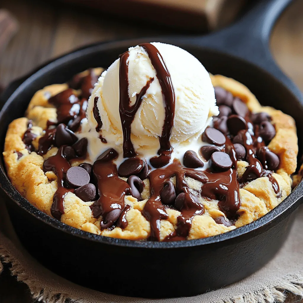 To make the Chocolate Chip Cookie Skillet, you will need: - 1 cup unsalted butter, softened - 1 cup packed brown sugar - 1/2 cup granulated sugar - 2 large eggs - 1 teaspoon pure vanilla extract - 2 1/2 cups all-purpose flour - 1 teaspoon baking soda - 1/2 teaspoon fine sea salt - 1 cup semi-sweet chocolate chips - 1/2 cup chopped walnuts (optional) You can also serve it with ice cream for extra yumminess. If you want to switch things up, here are some ideas: - You can use coconut oil instead of butter. - For sugar, try using maple syrup or coconut sugar. - If you need gluten-free options, use almond flour or a gluten-free blend. These swaps can still give you a tasty treat. Using high-quality chocolate chips makes a big difference. Look for brands with real cocoa butter. They melt beautifully and taste great. When getting your ingredients, check for freshness. Use fresh eggs and good flour. This will ensure your cookie skillet is as tasty as possible. Always choose the best! 1. Preheat your oven to 350°F (175°C). This heat helps the cookie bake evenly. 2. Take a cast-iron skillet or an oven-safe dish. Lightly grease it with butter or spray. 3. In a large bowl, cream together the softened butter, brown sugar, and granulated sugar. Use an electric mixer for about 2-3 minutes. The mix should be fluffy and smooth. 4. Add the eggs one at a time. Mix well after each egg. Then stir in the vanilla extract until everything blends well. 1. In another bowl, whisk together the flour, baking soda, and fine sea salt. This mix gives the cookie structure. 2. Slowly combine the dry mix with the wet ingredients. Stir carefully until just mixed. Do not overmix. Overmixing makes the cookie tough. 1. Spread the cookie dough evenly in the prepared skillet. Smooth the top with a spatula. 2. Bake in the preheated oven for 25-30 minutes. The edges should be golden brown. The center should be soft but set. 3. When done, remove the skillet from the oven. Let it cool slightly before serving. 4. For an extra treat, top the cookie with ice cream and a drizzle of chocolate sauce. To get a soft, chewy cookie center, follow these tips: - Use room-temperature butter. This helps the dough mix well. - Don't overmix the dough. Mix until just combined for softness. - Let the skillet cool before serving. This keeps the center tender. Common mistakes can ruin your cookie skillet. Here are a few to avoid: - Baking at the wrong temperature. Always preheat to 350°F (175°C). - Using cold ingredients. They can make the dough too tough. - Opening the oven door too soon. This can cause uneven baking. Serving your warm cookie skillet can be fun. Here are some ideas: - Top with scoops of ice cream. Vanilla or chocolate work great. - Drizzle chocolate sauce or caramel over the top for sweetness. - Add a sprinkle of sea salt for a tasty contrast. You can also serve it with fresh fruit. Strawberries or bananas add a nice touch! Choosing the right skillet is key. Here are my favorites: - A cast-iron skillet gives a great crust and heat distribution. - An oven-safe baking dish works too but may not brown as well. You will need some basic tools: - A mixing bowl is essential for blending the ingredients. - A spatula helps spread the dough evenly in the skillet. - An electric mixer makes creaming the butter and sugar easy. For the full recipe, check out the Chocolate Chip Cookie Skillet Delight! {{image_4}} You can easily make this cookie skillet your own by adding fun flavors. Consider mixing in peanut butter for a nutty twist. Just replace some butter with peanut butter. Caramel bits also add a sweet, gooey touch. You can even try different types of chocolate! Dark chocolate, white chocolate, or milk chocolate all work great. Mix and match to discover your favorite blend. This cookie skillet is perfect for any holiday. For Halloween, add pumpkin spice to the dough. You can also use pumpkin puree for a soft, moist texture. During winter, try adding peppermint extract or crushed candy canes. These flavors make the skillet festive and fun. You can easily adapt this dessert for birthdays or special events, too! If you're looking for vegan options, swap the butter for coconut oil. Use flax eggs instead of regular eggs. For a dairy-free option, choose dairy-free chocolate chips. You can also make it low-sugar by using a sugar substitute. Just ensure you check the measurements, as some substitutes are sweeter. All these changes let everyone enjoy this yummy treat! For the complete recipe, check out the [Full Recipe]. To store leftovers, let the cookie cool completely. Cover it tightly with plastic wrap or foil. You can also place it in an airtight container. This keeps it fresh for about 3 to 4 days. If you want it warm, just heat it slightly in the oven. You can freeze the dough or baked cookies. For dough, scoop it into balls and freeze them on a tray. Once frozen, store them in a zip-top bag for up to 3 months. For baked cookies, let them cool, then wrap each one in plastic wrap. Place them in a container or bag. They can last up to 3 months too. To thaw, simply leave the dough or cookies at room temperature for about 30 minutes. You can also pop the dough balls straight into the oven without thawing, adding a couple of minutes to the bake time. To reheat, the oven is the best choice for taste. Preheat your oven to 350°F (175°C). Place the cookie skillet in for about 10 minutes. This keeps it soft and warm. If you use a microwave, heat for 15 to 20 seconds. This is quick, but it may make the cookie a bit chewy. For the best taste, I recommend using the oven. To make a Chocolate Chip Cookie Skillet, follow these steps: 1. Preheat your oven to 350°F (175°C). 2. Cream butter and sugars in a bowl until smooth. 3. Add eggs and vanilla to the mix, stirring well. 4. Mix flour, baking soda, and salt in another bowl. Gradually add this to the wet mix. 5. Fold in chocolate chips and walnuts if you like. 6. Grease a skillet and spread the dough evenly. 7. Bake for 25-30 minutes until the edges are golden and the center is soft. 8. Cool slightly before serving warm. This method gives you a gooey, delicious cookie right from the skillet. Check the full recipe for more details. Yes, you can prep ahead! Here are some tips: - Make the dough a day early and store it in the fridge. - Shape the dough into a disc, wrap it tightly, and chill. - Bake it fresh when you are ready to serve. This way, you save time and still enjoy that warm cookie experience. A cast-iron skillet works best for this recipe for several reasons: - Even heat distribution helps the cookie bake uniformly. - Non-stick surface ensures easy removal. - Oven-safe and durable for many uses. If you don’t have a cast-iron skillet, use an oven-safe baking dish. Look for these signs to know when your cookie is ready: - Edges turn golden brown while the center looks slightly soft. - Surface becomes set but not overly firm. - A toothpick inserted in the center should come out with a few moist crumbs. These indicators mean you have the perfect cookie! Yes! Here are some options for different diets: - Gluten-free: Use a gluten-free flour blend. - Vegan: Substitute butter with coconut oil and eggs with flax eggs. - Lower sugar: Use a sugar substitute that measures like sugar. These swaps help make the cookie fit various dietary needs without losing flavor! In this post, I shared how to make a delicious Chocolate Chip Cookie Skillet. We covered key ingredients, substitutions, and tips for the best texture. You learned the right way to prepare, bake, and store this treat. Remember, the quality of your ingredients matters. Feel free to get creative with flavors and variations. Whether you enjoy it warm or have leftovers, this recipe is easy to adapt. Enjoy your baking adventure!
