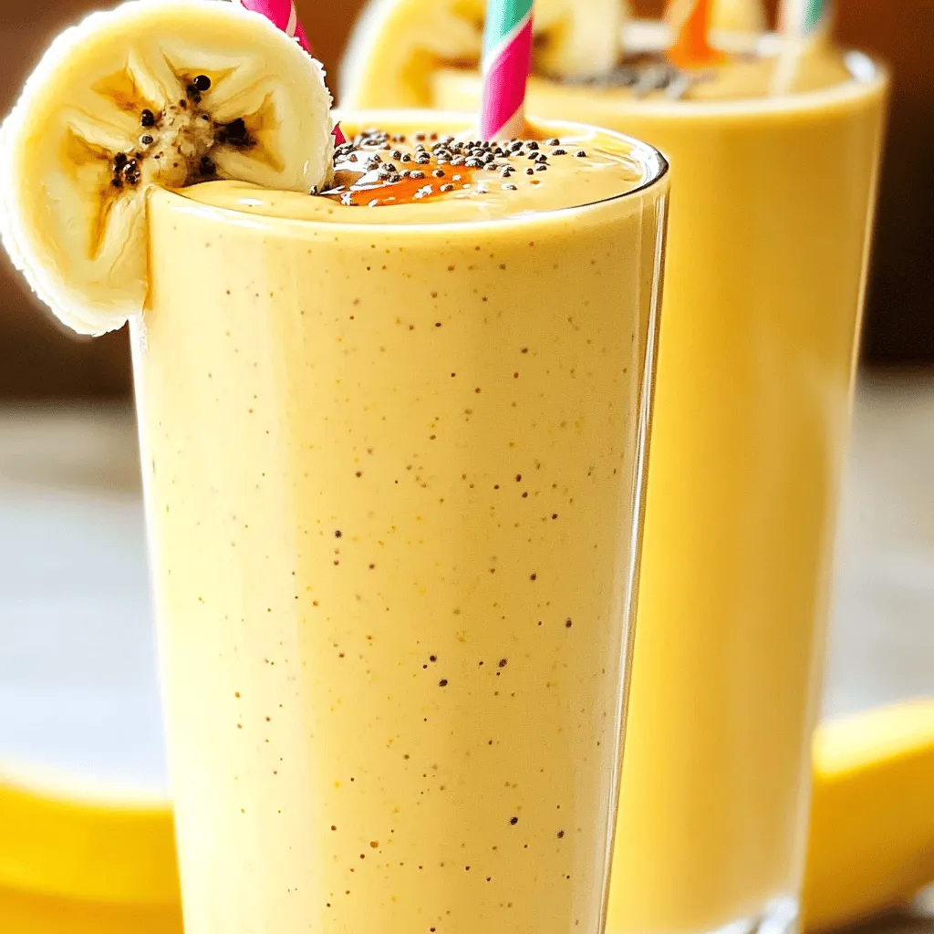 To make a tasty peanut butter banana smoothie, gather these ingredients: - 2 ripe bananas, frozen - 2 tablespoons creamy peanut butter - 1 cup almond milk (or your preferred milk) - 1 tablespoon honey or maple syrup (optional, for added sweetness) - 1 tablespoon chia seeds (for extra texture and nutrition) - ½ teaspoon vanilla extract - A pinch of cinnamon (optional, to enhance flavor) - Handful of ice cubes (to increase thickness) You can make your smoothie even better with some add-ins: - A scoop of protein powder for a protein boost - A handful of spinach for extra greens - Cocoa powder for a chocolate twist - Yogurt for creaminess These add-ins can change the flavor and nutrition. Feel free to experiment! This smoothie packs a good punch. Here’s what you get in one serving: - Calories: About 300 - Protein: 10g - Fat: 12g - Carbohydrates: 40g - Fiber: 5g This drink is filling and healthy. It provides energy for your day. You can find the full recipe at the end of this section. Enjoy making it! Start by peeling your frozen bananas. Cut them into small chunks. This makes blending easier. Next, gather all your ingredients. You will need: - 2 ripe bananas, frozen - 2 tablespoons creamy peanut butter - 1 cup almond milk (or your preferred milk) - 1 tablespoon honey or maple syrup (optional) - 1 tablespoon chia seeds - ½ teaspoon vanilla extract - A pinch of cinnamon (optional) - Handful of ice cubes This recipe is quick. You can finish it in just five minutes! Put the banana chunks into your blender. Add the creamy peanut butter, almond milk, and honey or maple syrup if you want more sweetness. Toss in the chia seeds and vanilla extract. If you like, sprinkle in a pinch of cinnamon for extra flavor. Blend on high speed. Watch as the mixture turns into a smooth and creamy delight. If you see chunks stuck to the sides, stop the blender. Scrape down the sides to mix everything well. Want it thicker? Add the ice cubes. Blend again until everything is smooth. Taste it! If it needs more sweetness, add a bit of honey or maple syrup and blend again. Pour your smoothie into tall glasses. To make it look pretty, place a banana slice on the rim of each glass. Sprinkle a few chia seeds on top for a nice touch. Serve it with a colorful straw for fun. Now you have a tasty and filling snack ready to enjoy! For the complete recipe, check out the full recipe section. To get a smooth and creamy texture, use frozen bananas. They make the drink thick and cold. Cut the bananas into smaller chunks before blending. This helps them mix better. If your smoothie is too thick, add a little almond milk. Blend until you have a velvety mix. If you want it thicker, add some ice cubes and blend again. Everyone has different tastes. If you like your smoothie sweeter, add honey or maple syrup. Start with one tablespoon and blend. Taste it to see if you want more. Remember, ripe bananas are sweet too. So, if your bananas are very ripe, you might not need extra sweetener. Choosing the right ingredients makes a big difference. Use natural peanut butter with no added sugar or oils. Almond milk is a great low-calorie choice. You can also try oat milk or coconut milk if you prefer. Adding chia seeds boosts fiber and omega-3s. They help keep you full longer. Always check labels to avoid hidden sugars in your ingredients. {{image_4}} You can change up the taste of your peanut butter banana smoothie easily. Try adding chocolate for a rich, sweet twist. Just mix in one tablespoon of cocoa powder. If you prefer berries, add a half cup of frozen strawberries or blueberries. This adds color and boosts vitamins. Switching the milk can change the flavor and texture. Almond milk is great, but you can try oat or coconut milk too. Each type gives a unique taste. For sweeteners, honey is popular, but maple syrup or agave works well too. If you want a sugar-free option, use ripe dates or stevia. If you want extra protein, add a scoop of your favorite protein powder. This makes the smoothie more filling. Greek yogurt is another option. Just a half cup adds creaminess and protein. It also helps keep you satisfied longer. These changes make your smoothie a perfect snack or meal replacement. You can find the full recipe in the main article for step-by-step guidance. After making your peanut butter banana smoothie, you might have some left. To store it, pour the smoothie into an airtight container. Keep it in the fridge for up to 24 hours. This will help it stay fresh. If you notice any separation, just give it a quick stir before drinking. You can freeze leftover smoothies for later. Pour the smoothie into ice cube trays or freezer-safe bags. This method makes it easy to grab a portion when you want a snack. To use, let the cubes thaw in the fridge overnight. You can also blend them back to a smooth texture if you like it cold. When you're ready to drink your frozen smoothie, you might need to re-blend it. Place the smoothie in your blender, adding a splash of almond milk to help. Blend until smooth. This makes the texture creamy again. If it’s too thick, add more milk until you get your desired consistency. For the complete recipe, check out the Full Recipe section. A typical Peanut Butter Banana Smoothie contains about 300 to 400 calories. The exact count depends on the ingredients you choose. For example, using almond milk and no sweeteners lowers the calorie count. This smoothie is filling due to the bananas and peanut butter. They provide healthy fats and natural sugars. Yes, you can make this smoothie vegan easily. Just choose plant-based milk, like almond or oat milk. Instead of honey, use maple syrup or agave nectar for sweetness. The other ingredients are already vegan-friendly, so it's simple to adapt. Follow the full recipe to ensure a tasty vegan treat. You can add many healthy things to boost nutrition. Here are some great options: - Spinach or kale for greens - Flaxseeds for fiber and omega-3s - Greek yogurt for protein - Berries for antioxidants - Oats for extra fiber and fullness Mix and match to find your favorite combos! This post covered how to make a tasty smoothie with peanut butter and banana. You learned about the best ingredients and how to blend them for a smooth mix. I shared tips to get the right texture and adjust sweetness. We also explored flavor options and healthy add-ins. Finally, I explained how to store and freeze your smoothies. With these steps, you can enjoy a delicious drink that fits your diet. Try your own combinations and make it fun!