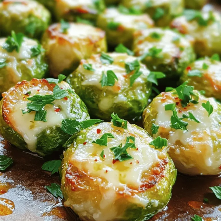 - 1 lb Brussels sprouts, trimmed and halved - 3 tablespoons extra-virgin olive oil - 1/2 cup freshly grated Parmesan cheese - 2 cloves garlic, finely minced - 1 teaspoon fresh lemon zest - 1/2 teaspoon red pepper flakes (optional) - Salt and freshly cracked black pepper, to taste - Fresh parsley, chopped - Additional lemon wedges for serving When making Parmesan roasted Brussels sprouts, the right ingredients make a big difference. Start with fresh Brussels sprouts. Look for ones that are bright green and firm. Trim them well and cut them in half for even cooking. The olive oil helps them crisp up. I suggest using high-quality extra-virgin olive oil for the best flavor. Garlic adds a lovely depth to the dish. Mince the garlic finely so it blends well. Lemon zest gives a bright kick. If you like some heat, add red pepper flakes. They are optional but can spice things up! After roasting, don’t forget the Parmesan. Freshly grated cheese melts better and adds a nice crust. For a pop of color, garnish with fresh parsley. Lemon wedges on the side can enhance the flavor when squeezed over the sprouts. This combination makes for a tasty dish that everyone will love! Check out the Full Recipe for more details. - Preheat your oven to 425°F (220°C). This heat helps create crispy edges. - In a large bowl, toss the halved Brussels sprouts with 3 tablespoons of olive oil. Add 2 minced garlic cloves, 1 teaspoon lemon zest, and the red pepper flakes. Season with salt and black pepper to taste. Mix well until each sprout is coated. - Line a baking sheet with parchment paper. This keeps the sprouts from sticking. - Place the Brussels sprouts cut side down on the sheet. This is key for getting that nice crispiness. - Roast the Brussels sprouts for 20-25 minutes. Watch for a golden brown color. They should be crispy outside but tender inside. - After roasting, sprinkle 1/2 cup of freshly grated Parmesan cheese over the sprouts. Return the baking sheet to the oven for 5 more minutes. This melts the cheese and adds a tasty layer. To get that perfect crisp, arrange the Brussels sprouts in a single layer. This ensures even cooking and browning. If they overlap, they will steam instead of roast. Keep a close eye on them while they roast. I recommend checking them at the 20-minute mark. They should turn a lovely golden brown and feel crispy outside while staying tender inside. You can boost the flavor of your Brussels sprouts with some extra seasonings. Try adding a pinch of smoked paprika or some dried thyme for a nice twist. Fresh herbs like rosemary can also add depth. Serve them hot for the best taste, right after they come out of the oven. The warmth helps the flavors pop! When serving, use a large bowl or a pretty platter. This allows the golden, cheesy sprouts to shine. For added color, sprinkle chopped parsley on top. You can also place a lemon wedge on the side. When squeezed over the sprouts, it brightens the dish and enhances the flavor. The vibrant colors make your meal more inviting and fun! {{image_4}} You can easily make this dish fit your diet. For a vegan version, try using nutritional yeast instead of Parmesan. It gives a cheesy flavor without dairy. You can also use cashew cheese for a creamy texture that works well. If you need gluten-free options, you're in luck! This recipe is naturally gluten-free. Just make sure to check your seasonings and any additional ingredients you may add. Want to shake things up? Try adding different cheeses! Aged cheddar or feta can give a unique twist to your Brussels sprouts. Mixing these cheeses with Parmesan can create a nice flavor balance. For extra crunch, add nuts or seeds. Chopped walnuts or sunflower seeds bring a delightful texture. Just sprinkle them on top before roasting for a tasty surprise. You can switch out Brussels sprouts for other veggies based on the season. In the fall, try using squash or sweet potatoes. In the spring, asparagus adds a fresh touch. These adjustments keep the flavor exciting. For special occasions, consider pairing this dish with a holiday meal. The crispy Brussels sprouts complement turkey or ham perfectly. Use festive herbs like rosemary or thyme for added flavor during the holidays. Check out the Full Recipe for more inspiration! After you enjoy your Parmesan roasted Brussels sprouts, store any leftovers in an airtight container. This helps keep them fresh and tasty. Allow the sprouts to cool before sealing the container. When you reheat, preheat your oven to 350°F (175°C). Place them on a baking sheet for about 10-15 minutes. This method makes them crispy again, just like when they were fresh. If you want to save some for later, freezing is a great option. First, let the Brussels sprouts cool completely. Then, spread them on a baking sheet in a single layer and freeze for about 1-2 hours. Once frozen, transfer them to a freezer-safe bag or container. When you're ready to eat, thaw them overnight in the fridge. Reheat them in the oven at 350°F (175°C) for about 15-20 minutes until heated through. In the fridge, your roasted Brussels sprouts will last about 3-4 days. If you freeze them, they can stay good for 2-3 months. After that, they may lose flavor and texture. Enjoy your delicious dish while it's at its best! You can find the full recipe for these tasty sprouts and more tips to enhance your cooking journey. To make Brussels sprouts less bitter, try these tips: - Choose smaller sprouts; they tend to be sweeter. - Soak them in cold water for 30 minutes. - Blanch the sprouts in boiling water for 2-3 minutes before roasting. - Add a sweet element, like honey or maple syrup, to balance the taste. Soaking or blanching helps soften their strong flavor, making them more enjoyable. You can also roast them longer for caramelization, which enhances their sweetness. Yes, you can add other vegetables to this recipe! Here are some great options: - Carrots for sweetness and color. - Sweet potatoes for a hearty addition. - Cauliflower for a nice crunch. - Bell peppers for a pop of color and flavor. Mixing in different veggies can create a more colorful and flavorful dish. Just remember to adjust the cooking time based on the vegetables you choose. To reheat roasted Brussels sprouts while keeping them crispy, follow these steps: - Preheat your oven to 350°F (175°C). - Spread the sprouts on a baking sheet in a single layer. - Bake for about 10-15 minutes until heated through. Avoid using the microwave, as it can make them soggy. The oven helps maintain their crispiness and brings back that delicious roasted flavor. For the full recipe, be sure to check the detailed steps! You now know how to make delicious roasted Brussels sprouts. We discussed the key ingredients, including fresh Parmesan and seasonings. I shared tips for the perfect crisp and variations for different diets. Remember to store leftovers properly and reheat them for the best taste. Roasted Brussels sprouts can be a fun and healthy dish for any dinner. Try different flavors and enjoy. Happy cooking!
