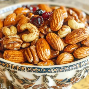 For sweet and spicy roasted nuts, gather these ingredients: - 2 cups mixed nuts (e.g., almonds, cashews, pecans, walnuts) - 1/4 cup pure maple syrup - 1 tablespoon extra-virgin olive oil - 1 teaspoon sea salt - 1 teaspoon cayenne pepper (adjust according to your spice preference) - 1 teaspoon smoked paprika - 1/2 teaspoon ground cinnamon - 1/4 teaspoon freshly ground black pepper - 1 tablespoon brown sugar (optional, for enhanced sweetness) - 1/2 cup dried cranberries (optional, for garnish and additional sweetness) When measuring ingredients, use dry measuring cups for nuts and sugar. For liquids, use a liquid measuring cup. Ensure you level off the top of dry ingredients for accuracy. This step helps you get the right balance of flavors. If you want a sweeter mix, add more maple syrup or brown sugar. You can swap nuts based on your taste. Try pecans instead of walnuts or hazelnuts instead of almonds. For maple syrup, honey makes a great alternative. If you want less spice, use less cayenne pepper or skip it altogether. For a twist, add a pinch of nutmeg or some fresh herbs. First, set your oven to 350°F (175°C). This temperature helps the nuts roast evenly. Next, take a baking sheet and line it with parchment paper. This step keeps the nuts from sticking to the pan. In a large bowl, add your mixed nuts. Use 2 cups of nuts like almonds, cashews, or pecans. Pour in 1/4 cup of pure maple syrup and 1 tablespoon of extra-virgin olive oil. Stir well using a spatula. Make sure all the nuts are coated in the syrup and oil. Now it’s time to add flavor! Sprinkle in 1 teaspoon of sea salt, 1 teaspoon of cayenne pepper, 1 teaspoon of smoked paprika, 1/2 teaspoon of ground cinnamon, and 1/4 teaspoon of black pepper. For a sweeter taste, add 1 tablespoon of brown sugar. Mix everything until the nuts look evenly coated with the spices. Spread the nuts out in a single layer on your baking sheet. This spacing allows them to roast properly. Place the sheet in your preheated oven and roast for 15-20 minutes. Remember to stir the nuts halfway through. Keep an eye on them; they should turn golden brown and smell amazing. Once done, take them out and move the nuts to a bowl to cool. If you want, mix in 1/2 cup of dried cranberries after they cool. This adds sweetness and color. For serving, place them in a decorative bowl or jars. They make a lovely gift! For the full recipe, check the previous section. To get the best roast on your nuts, use an even heat. Preheat your oven to 350°F (175°C). Line your baking sheet with parchment paper. This helps prevent sticking. Spread the nuts out in a single layer. If they touch, they won’t roast evenly. Stir them halfway through the cooking time. This ensures all sides brown nicely. Watch them closely to avoid burning. When they are golden brown and smell great, they are done. You can adjust the heat to match your taste. If you love spicy, add more cayenne pepper. For a milder version, use less cayenne. You can also add other spices like chili powder or cumin. Sweetness can balance heat. If you like it sweeter, add more maple syrup or brown sugar. Taste your mix before roasting. This way, you can find your perfect flavor. A nice presentation makes your snack more appealing. Serve the nuts in a pretty bowl. You could even use mason jars for a rustic look. To add flair, sprinkle a little sea salt on top. Add a few dried cranberries for color and sweetness. This not only looks nice but also tastes great! These nuts are perfect for parties or as gifts. Enjoy your tasty creation! {{image_4}} You can mix nuts for fun flavors. Try using almonds, cashews, and pecans. Each nut brings a unique taste. For a twist, add walnuts or macadamia nuts. You can even blend in seeds like pumpkin or sunflower for crunch. Keep the sweet and spicy mix balanced. Adjust the cayenne pepper based on your taste. You want a kick without overpowering the sweetness. This recipe works best with your favorite nuts. If you cannot eat nuts, there are great options. You can use chickpeas for a crunchy snack. Roasted chickpeas are tasty and healthy. Try using toasted pumpkin seeds or sunflower seeds. These add crunch and a nice flavor. You can also use soy nuts or roasted lentils. They are a great source of protein. The sweet and spicy mix will work just as well with these options. To make your nuts extra special, try adding herbs or flowers. Rosemary adds a nice touch and pairs well with nuts. Thyme or sage can give a unique flavor too. You can even sprinkle in some dried lavender for a floral note. Just be sure to use small amounts to avoid overpowering the taste. Fresh herbs can bring a burst of flavor to your mix. Experiment with these additions to find your favorite blend. For the full recipe, check out the Sweet and Spicy Roasted Nuts. To keep your sweet and spicy roasted nuts fresh, store them in a cool, dry place. Avoid moisture, as it can make them soggy. You can use a resealable bag or an airtight container. Make sure the nuts cool completely before sealing them. This step helps prevent any steam that could cause sogginess. The best containers for roasted nuts are glass jars or plastic containers with tight seals. Glass jars are great because they keep the air out. They also look nice on your counter. If you prefer plastic, choose BPA-free containers. These are safe and help keep your nuts fresh longer. Roasted nuts can last about two to four weeks when stored properly. If you want them to last longer, consider freezing them. In the freezer, they can stay good for up to three months. Just remember to let them thaw at room temperature before eating. Enjoy your tasty snack anytime with these simple storage tips! For the full recipe, check the Sweet and Spicy Roasted Nuts section. To make sweet and spicy roasted nuts, start by preheating your oven to 350°F (175°C). Line a baking sheet with parchment paper. In a large bowl, mix 2 cups of mixed nuts with 1 tablespoon of extra-virgin olive oil and 1/4 cup of pure maple syrup. Toss them to coat well. Add 1 teaspoon of sea salt, 1 teaspoon of cayenne pepper, 1 teaspoon of smoked paprika, 1/2 teaspoon of ground cinnamon, and 1/4 teaspoon of black pepper. If you want more sweetness, add 1 tablespoon of brown sugar. Mix everything until the nuts are coated. Spread the nuts on the baking sheet and roast for 15-20 minutes, stirring halfway. Once golden and fragrant, cool them in a bowl. You can find the full recipe above. Yes, you can use different nuts. Almonds, cashews, pecans, and walnuts all work well. You can also try hazelnuts or macadamia nuts. Each type of nut offers a unique flavor and texture. Mix and match to find your favorite blend! To adjust spice levels, simply change the amount of cayenne pepper you add. For milder nuts, use less cayenne or skip it altogether. For more heat, add more cayenne. Taste the nut mixture before roasting to find your perfect balance. Sweet and spicy nuts pair well with a variety of foods. Serve them with cheese, like goat cheese or cheddar, for a tasty snack. You can also enjoy them with fresh fruits, like apples or pears. They make a great topping for salads or a crunchy addition to yogurt. Yes, you can freeze roasted nuts. Place them in an airtight container or freezer bag. They can last for up to three months in the freezer. When you want to enjoy them, thaw them at room temperature. Roasted nuts are tasty snacks any time! You learned about making sweet and spicy roasted nuts today. We covered every step, from choosing the right ingredients to storing them for freshness. Remember, you can adjust spice levels to fit your taste. Use various nuts or add herbs for fun twists. With a little practice, you’ll perfect roasting nuts. Enjoy your tasty snacks and impress your friends! The joy of making your own flavors is worth it. Dive into this easy process and share delicious nutty treats!