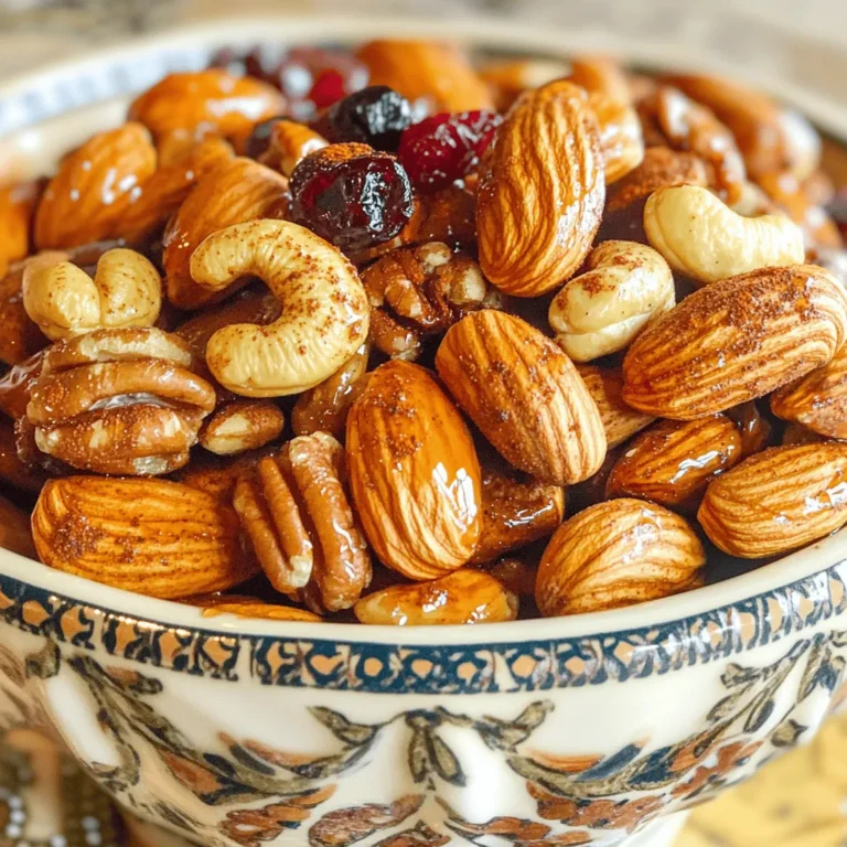 For sweet and spicy roasted nuts, gather these ingredients: - 2 cups mixed nuts (e.g., almonds, cashews, pecans, walnuts) - 1/4 cup pure maple syrup - 1 tablespoon extra-virgin olive oil - 1 teaspoon sea salt - 1 teaspoon cayenne pepper (adjust according to your spice preference) - 1 teaspoon smoked paprika - 1/2 teaspoon ground cinnamon - 1/4 teaspoon freshly ground black pepper - 1 tablespoon brown sugar (optional, for enhanced sweetness) - 1/2 cup dried cranberries (optional, for garnish and additional sweetness) When measuring ingredients, use dry measuring cups for nuts and sugar. For liquids, use a liquid measuring cup. Ensure you level off the top of dry ingredients for accuracy. This step helps you get the right balance of flavors. If you want a sweeter mix, add more maple syrup or brown sugar. You can swap nuts based on your taste. Try pecans instead of walnuts or hazelnuts instead of almonds. For maple syrup, honey makes a great alternative. If you want less spice, use less cayenne pepper or skip it altogether. For a twist, add a pinch of nutmeg or some fresh herbs. First, set your oven to 350°F (175°C). This temperature helps the nuts roast evenly. Next, take a baking sheet and line it with parchment paper. This step keeps the nuts from sticking to the pan. In a large bowl, add your mixed nuts. Use 2 cups of nuts like almonds, cashews, or pecans. Pour in 1/4 cup of pure maple syrup and 1 tablespoon of extra-virgin olive oil. Stir well using a spatula. Make sure all the nuts are coated in the syrup and oil. Now it’s time to add flavor! Sprinkle in 1 teaspoon of sea salt, 1 teaspoon of cayenne pepper, 1 teaspoon of smoked paprika, 1/2 teaspoon of ground cinnamon, and 1/4 teaspoon of black pepper. For a sweeter taste, add 1 tablespoon of brown sugar. Mix everything until the nuts look evenly coated with the spices. Spread the nuts out in a single layer on your baking sheet. This spacing allows them to roast properly. Place the sheet in your preheated oven and roast for 15-20 minutes. Remember to stir the nuts halfway through. Keep an eye on them; they should turn golden brown and smell amazing. Once done, take them out and move the nuts to a bowl to cool. If you want, mix in 1/2 cup of dried cranberries after they cool. This adds sweetness and color. For serving, place them in a decorative bowl or jars. They make a lovely gift! For the full recipe, check the previous section. To get the best roast on your nuts, use an even heat. Preheat your oven to 350°F (175°C). Line your baking sheet with parchment paper. This helps prevent sticking. Spread the nuts out in a single layer. If they touch, they won’t roast evenly. Stir them halfway through the cooking time. This ensures all sides brown nicely. Watch them closely to avoid burning. When they are golden brown and smell great, they are done. You can adjust the heat to match your taste. If you love spicy, add more cayenne pepper. For a milder version, use less cayenne. You can also add other spices like chili powder or cumin. Sweetness can balance heat. If you like it sweeter, add more maple syrup or brown sugar. Taste your mix before roasting. This way, you can find your perfect flavor. A nice presentation makes your snack more appealing. Serve the nuts in a pretty bowl. You could even use mason jars for a rustic look. To add flair, sprinkle a little sea salt on top. Add a few dried cranberries for color and sweetness. This not only looks nice but also tastes great! These nuts are perfect for parties or as gifts. Enjoy your tasty creation! {{image_4}} You can mix nuts for fun flavors. Try using almonds, cashews, and pecans. Each nut brings a unique taste. For a twist, add walnuts or macadamia nuts. You can even blend in seeds like pumpkin or sunflower for crunch. Keep the sweet and spicy mix balanced. Adjust the cayenne pepper based on your taste. You want a kick without overpowering the sweetness. This recipe works best with your favorite nuts. If you cannot eat nuts, there are great options. You can use chickpeas for a crunchy snack. Roasted chickpeas are tasty and healthy. Try using toasted pumpkin seeds or sunflower seeds. These add crunch and a nice flavor. You can also use soy nuts or roasted lentils. They are a great source of protein. The sweet and spicy mix will work just as well with these options. To make your nuts extra special, try adding herbs or flowers. Rosemary adds a nice touch and pairs well with nuts. Thyme or sage can give a unique flavor too. You can even sprinkle in some dried lavender for a floral note. Just be sure to use small amounts to avoid overpowering the taste. Fresh herbs can bring a burst of flavor to your mix. Experiment with these additions to find your favorite blend. For the full recipe, check out the Sweet and Spicy Roasted Nuts. To keep your sweet and spicy roasted nuts fresh, store them in a cool, dry place. Avoid moisture, as it can make them soggy. You can use a resealable bag or an airtight container. Make sure the nuts cool completely before sealing them. This step helps prevent any steam that could cause sogginess. The best containers for roasted nuts are glass jars or plastic containers with tight seals. Glass jars are great because they keep the air out. They also look nice on your counter. If you prefer plastic, choose BPA-free containers. These are safe and help keep your nuts fresh longer. Roasted nuts can last about two to four weeks when stored properly. If you want them to last longer, consider freezing them. In the freezer, they can stay good for up to three months. Just remember to let them thaw at room temperature before eating. Enjoy your tasty snack anytime with these simple storage tips! For the full recipe, check the Sweet and Spicy Roasted Nuts section. To make sweet and spicy roasted nuts, start by preheating your oven to 350°F (175°C). Line a baking sheet with parchment paper. In a large bowl, mix 2 cups of mixed nuts with 1 tablespoon of extra-virgin olive oil and 1/4 cup of pure maple syrup. Toss them to coat well. Add 1 teaspoon of sea salt, 1 teaspoon of cayenne pepper, 1 teaspoon of smoked paprika, 1/2 teaspoon of ground cinnamon, and 1/4 teaspoon of black pepper. If you want more sweetness, add 1 tablespoon of brown sugar. Mix everything until the nuts are coated. Spread the nuts on the baking sheet and roast for 15-20 minutes, stirring halfway. Once golden and fragrant, cool them in a bowl. You can find the full recipe above. Yes, you can use different nuts. Almonds, cashews, pecans, and walnuts all work well. You can also try hazelnuts or macadamia nuts. Each type of nut offers a unique flavor and texture. Mix and match to find your favorite blend! To adjust spice levels, simply change the amount of cayenne pepper you add. For milder nuts, use less cayenne or skip it altogether. For more heat, add more cayenne. Taste the nut mixture before roasting to find your perfect balance. Sweet and spicy nuts pair well with a variety of foods. Serve them with cheese, like goat cheese or cheddar, for a tasty snack. You can also enjoy them with fresh fruits, like apples or pears. They make a great topping for salads or a crunchy addition to yogurt. Yes, you can freeze roasted nuts. Place them in an airtight container or freezer bag. They can last for up to three months in the freezer. When you want to enjoy them, thaw them at room temperature. Roasted nuts are tasty snacks any time! You learned about making sweet and spicy roasted nuts today. We covered every step, from choosing the right ingredients to storing them for freshness. Remember, you can adjust spice levels to fit your taste. Use various nuts or add herbs for fun twists. With a little practice, you’ll perfect roasting nuts. Enjoy your tasty snacks and impress your friends! The joy of making your own flavors is worth it. Dive into this easy process and share delicious nutty treats!