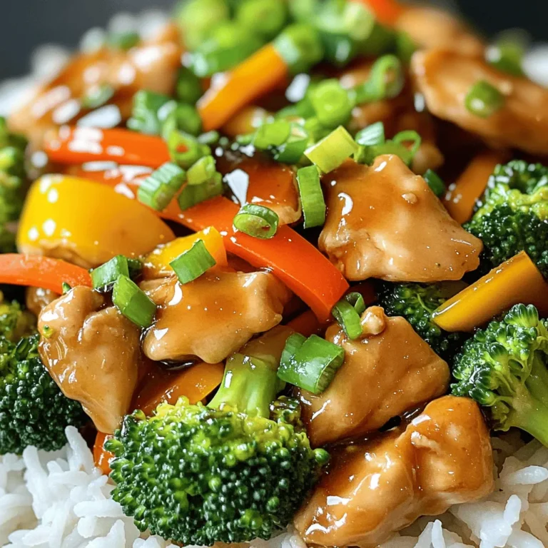 - 1 lb boneless, skinless chicken thighs, cut into bite-sized pieces - 2 cups broccoli florets, washed and trimmed - 1 bell pepper, sliced - 1 medium carrot, peeled and julienned - 4 green onions, chopped - 3 cloves garlic, minced - 1 tablespoon fresh ginger, minced - 1/4 cup low-sodium soy sauce - 2 tablespoons honey or maple syrup - 1 tablespoon sesame oil - 1 tablespoon rice vinegar - 2 tablespoons cornstarch mixed with 2 tablespoons water - 2 tablespoons vegetable oil - Cooked jasmine or brown rice for serving The main ingredients for Teriyaki Chicken Stir Fry focus on a balance of protein, fresh veggies, and a tasty sauce. The chicken thighs provide tender meat. The veggies, such as broccoli and bell peppers, add color and crunch. Fresh garlic and ginger give an aromatic kick. The soy sauce, honey, and sesame oil create a sweet and savory sauce. - Large skillet or wok - Mixing bowl - Plastic wrap - Cooking spatula - Measuring cups and spoons You need a large skillet or wok for stir-frying. A mixing bowl helps with marinating the chicken. Plastic wrap keeps the chicken covered while it marinates. A spatula is essential for mixing and flipping the ingredients. Use measuring cups and spoons for accurate amounts. This dish is simple and quick to prepare. You can find the full recipe in the article to get started on your cooking adventure. To start, you need to mix the chicken and marinade. In a large bowl, add the cut chicken thighs. Pour in the low-sodium soy sauce, honey, sesame oil, and rice vinegar. Use a spoon or your hands to coat the chicken well. Cover the bowl with plastic wrap and place it in the fridge for at least 20 minutes. This helps the chicken soak up all the flavors. Next, it’s time to cook the chicken. Heat a large skillet or wok over medium-high heat. Add 1 tablespoon of vegetable oil. Once hot, add the marinated chicken, but save the marinade for later. Stir-fry the chicken for 5 to 7 minutes until it turns brown and cooks through. Once done, move the chicken to a plate and set it aside. Now, let’s bring in some flavor. In the same skillet, add the leftover tablespoon of vegetable oil. Immediately add the minced garlic and ginger. Stir constantly for about 30 seconds to a minute. You want them to smell great but not burn. Next, toss in the broccoli, bell pepper, and julienned carrot. Stir-fry these veggies for about 3 to 4 minutes. They should be tender but still crisp. Finally, combine everything. Return the cooked chicken to the skillet. Pour in the reserved marinade and the cornstarch-water mix. Stir everything well. Cook for an additional 2 to 3 minutes. This will thicken the sauce and coat all the ingredients nicely. Toss in the chopped green onions last. Gently mix them in and then remove the skillet from heat. Serve your Teriyaki Chicken Stir Fry over warm jasmine or brown rice. Enjoy the flavors! For the full recipe, check out the complete instructions above. To make the best teriyaki chicken stir-fry, start with high heat. This keeps the chicken juicy and the veggies crisp. Use a wok or a large skillet. The wide surface area helps cook everything evenly. - Prep your ingredients: Cut chicken and veggies before you start cooking. This way, you can add them quickly. - Cook in batches: If your pan is crowded, the chicken will steam instead of fry. Cook in smaller portions to avoid this. - Keep it moving: Stir constantly to prevent sticking and ensure even cooking. Many home cooks face common stir-fry mistakes. Here are a few to watch out for: - Overcrowding the pan: This leads to uneven cooking. Always give your food space. - Using cold ingredients: Cold chicken or veggies can lower the pan’s temperature. Make sure everything is at room temp before cooking. - Skipping the marinade: Marinating adds great flavor. Do not rush this step. Aim for at least 20 minutes. Boost the flavor of your teriyaki chicken stir-fry with a few easy tricks: - Add sesame seeds: Sprinkle toasted sesame seeds on top for a nutty crunch. - Incorporate citrus: A squeeze of lime or lemon can add brightness to the dish. - Use fresh herbs: Chopped cilantro or basil can elevate your stir-fry to new heights. For the full recipe, check out the complete instructions to make your meal shine. {{image_4}} If you want to switch up the protein in your teriyaki chicken stir fry, you have great options. Tofu is a fantastic substitute. It soaks up flavor well and offers a nice texture. Use firm or extra-firm tofu for the best results. Simply press it to remove excess water, then cut it into cubes. You can also try beef, like flank or sirloin. Slice it thinly for quick cooking. To make this dish plant-based, simply swap chicken for tofu or tempeh. Tempeh has a nutty flavor and a firm texture. Use the same marinade to give it a rich taste. You can also add more veggies for a hearty meal. Try mushrooms, bell peppers, or snap peas. These choices give color and crunch. Feel free to customize your stir fry with extra vegetables. Snow peas, zucchini, and baby corn are great additions. They bring new flavors and textures. You can also toss in some cashews or sesame seeds for added crunch. If you like spice, add a dash of red pepper flakes or sriracha. This will give your dish an extra kick. To keep your teriyaki chicken stir fry fresh, place it in an airtight container. Make sure to cool it down before sealing. This helps prevent condensation, which can make your dish soggy. Store it in the fridge for up to three days. If you want it to last longer, consider freezing it. When reheating, you want to keep the flavor and texture. Use the stove for the best results. Place your leftovers in a skillet over medium heat. Add a splash of water or broth to help steam the food. Stir gently until heated through. This method keeps the chicken moist and the veggies crisp. Freezing is a great way to keep your teriyaki chicken stir fry for later. First, let it cool completely. Then, portion it into freezer-safe bags or containers. Remove as much air as possible to avoid freezer burn. It can stay frozen for up to three months. When ready to eat, thaw it in the fridge overnight before reheating. For the full recipe, check back to ensure you have all the steps and tips for the perfect dish. When choosing chicken for stir-fry, I prefer boneless, skinless chicken thighs. They are juicy and tender. They cook evenly and soak up flavors well. You can also use chicken breasts if you want a leaner option. Just make sure to slice the chicken into small, even pieces. This helps it cook faster and stay moist. You can store Teriyaki Chicken Stir Fry in the fridge for up to four days. Keep it in an airtight container to maintain freshness. If you want to store it longer, consider freezing it. It can last up to three months in the freezer. Just be sure to let it cool completely before freezing. Yes, you can make Teriyaki Chicken Stir Fry gluten-free. Use tamari instead of soy sauce. Tamari is a gluten-free soy sauce that tastes great. You can also check labels for gluten-free cornstarch. Most other ingredients in this dish are naturally gluten-free. Always read labels to be sure. You can find the complete Teriyaki Chicken Stir Fry recipe in the Full Recipe section above. This recipe is easy and fun to make! In this post, we covered how to make a fantastic teriyaki chicken stir-fry. We explored main ingredients, cooking tools, and step-by-step instructions. You learned about key cooking tips and common mistakes to avoid. We also discussed protein swaps and how to store your leftovers. As you cook, remember to experiment with flavors and adapt the recipe to your taste. Enjoy your stir-fry adventures and share your own twists!