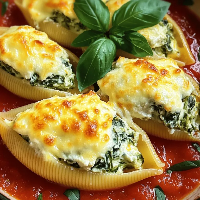- 12 jumbo pasta shells - 1 cup ricotta cheese - 1 cup shredded mozzarella cheese, divided - 1 cup fresh spinach, finely chopped - 1/2 cup grated Parmesan cheese - 1 large egg The main ingredients form the heart of your dish. Jumbo pasta shells hold the creamy filling. Ricotta cheese gives it a rich texture, while mozzarella melts beautifully on top. Fresh spinach adds great flavor and color. Grated Parmesan brings a nice sharpness, and the egg helps bind it all together. - 1/2 teaspoon garlic powder - 1/2 teaspoon onion powder - 1/2 teaspoon salt - 1/4 teaspoon black pepper - 2 cups marinara sauce Seasonings are key to making the filling pop. Garlic and onion powder add depth. Salt enhances all the flavors, while black pepper gives a little kick. Marinara sauce is crucial; it adds moisture and ties the dish together. - Fresh basil leaves - Additional mozzarella for serving - Grated Parmesan for extra flavor Garnishing makes your dish look appealing. Fresh basil leaves add color and aroma. Extra mozzarella on top makes it even cheesier. A sprinkle of grated Parmesan adds that final touch of flavor. For the full recipe, check out the [Full Recipe]. - Preheat the oven to 375°F (190°C). - Cook the jumbo pasta shells according to the package directions. Cooking the shells is key. You want them al dente. Overcooked shells can tear easily. After cooking, drain them well and spread them on a baking sheet to cool. This keeps them from sticking together. - Combine ricotta, mozzarella, spinach, Parmesan, egg, and seasonings. - Stir until creamy and well mixed. In a large bowl, mix the ricotta cheese, 1/2 cup of mozzarella, spinach, Parmesan, egg, garlic powder, onion powder, salt, and black pepper. I like to use a fork or spatula. This makes blending easy. Keep mixing until it’s smooth and creamy. The filling should look inviting and delicious. - Stuff each pasta shell with the filling. - Arrange in the baking dish with marinara sauce. Now for the fun part: filling the shells! Use a spoon or your fingers to stuff each shell. Don’t be shy! Fill them well, but avoid tearing them. In a baking dish, spread 1 cup of marinara sauce on the bottom. Place the stuffed shells open side up. Pour the rest of the sauce over them. Sprinkle the remaining mozzarella on top for that cheesy finish. - Cover with foil and bake for 25 minutes. - Uncover and bake until bubbly and golden (10-15 minutes). Cover the dish tightly with foil. This helps keep moisture in while baking. After 25 minutes, remove the foil. Watch as the cheese becomes bubbly and golden. Bake for another 10-15 minutes. Keep an eye on it! Let it cool a few minutes before serving. This helps the filling set and makes serving easier. Enjoy your cheesy delight! - Use a baking sheet to cool cooked shells. This helps air circulate. - Consider using vegetable oil or non-stick spray. A light coat can work wonders. - Use room temperature ingredients. This helps everything mix smoothly. - Avoid overmixing the filling. You want it creamy, not gummy. - Adjust baking time for personal cheese preferences. If you like it extra browned, add more time. - Rest before serving to enhance serving experience. Letting it sit helps flavors meld. {{image_4}} You can change the cheese in your stuffed shells for new flavors. Try adding goat cheese or feta for a tangy kick. These cheeses melt well and add a nice creaminess. You can also use a blend of Mexican cheese for a fun twist. This mix gives a zesty flavor that pairs well with the marinara sauce. Feel free to mix in more veggies for added nutrition. Incorporate mushrooms or bell peppers to give your dish a crunch. You can also substitute kale for spinach if you want a different taste. Kale adds a hearty texture and goes well with the cheese. If you need a gluten-free meal, don’t worry! Use gluten-free pasta shells to enjoy this dish without gluten. You can also consider using cauliflower rice as a stuffing. This option keeps it light while adding a unique flavor. These variations keep your Cheesy Spinach Stuffed Shells exciting and new. For the full recipe, check out the details above. Enjoy your cooking! After you enjoy your cheesy spinach stuffed shells, store any leftovers in an airtight container in the fridge. This helps keep them fresh. You should eat them within 3-4 days for the best taste and texture. You can freeze these shells too! For best results, freeze them before baking. If you want to freeze them after baking, let them cool first. Use freezer-safe containers or wrap them tightly in plastic wrap. This keeps them safe from freezer burn. When it's time to eat again, the oven is your best friend. Reheat in the oven to keep that nice texture. If you're in a hurry, you can use the microwave. Just add a bit of marinara sauce to keep them moist. Enjoy your meal! You should bake Cheesy Spinach Stuffed Shells for about 25 minutes covered with foil at 375°F (190°C). This keeps them moist. After that, take off the foil and bake for another 10 to 15 minutes. This step helps the cheese brown nicely on top. If you like it extra crispy, add a few more minutes. Just keep an eye on it! Yes, you can prepare Cheesy Spinach Stuffed Shells ahead of time. You can assemble the shells and store them in the fridge for up to 24 hours. Just cover them well with foil or plastic wrap. If you want to freeze them, do it before baking. Wrap them tightly in plastic wrap and use a freezer-safe container. You can freeze them for up to three months! Cheesy Spinach Stuffed Shells pair well with many sides. A fresh green salad with a light vinaigrette adds crunch and flavor. Garlic bread is a great choice, too. You can also serve it with steamed vegetables like broccoli or green beans for a healthy touch. For a fun twist, try a side of roasted cherry tomatoes. They bring a nice burst of flavor! Cheesy spinach stuffed shells are a delightful dish you can easily make at home. You learned about the key ingredients, like jumbo pasta and a mix of cheeses. I shared step-by-step instructions for preparation, assembly, and baking. Tips for creamy filling and storing leftovers can help make this a go-to meal. You can even try different cheeses or veggies for fun twists. Enjoy making this dish and sharing it with others!
