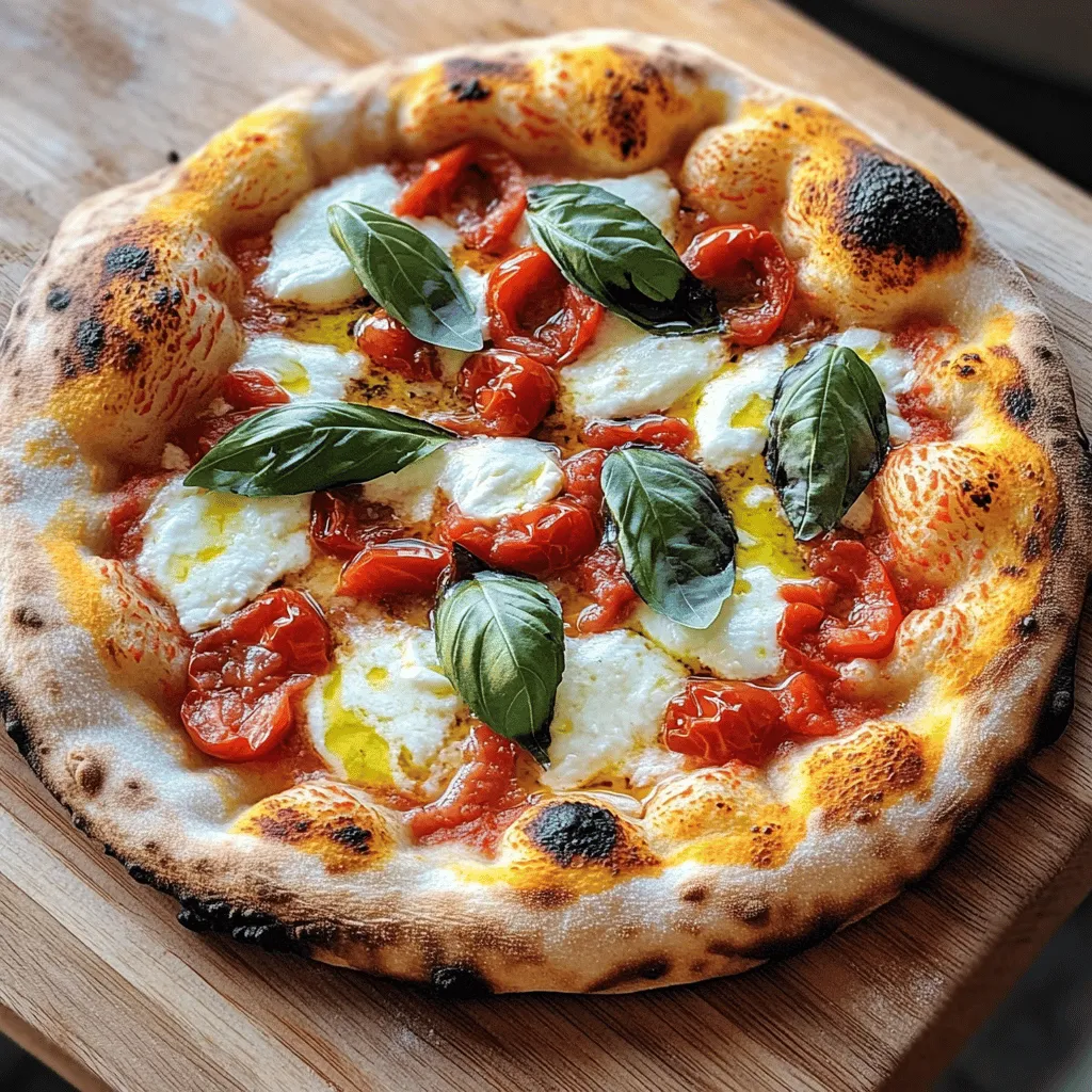 - 2 cups all-purpose flour - 1 teaspoon active dry yeast - 1 teaspoon sugar - 1 teaspoon salt - ¾ cup warm water - 1 tablespoon olive oil - 1 cup crushed San Marzano tomatoes - 1 cup fresh mozzarella cheese, diced - ½ cup fresh basil leaves - Salt and freshly cracked pepper to taste Choosing the right ingredients makes a big difference in your pizza. Let's dive into what makes each one essential. - Best types of flour for pizza: I recommend all-purpose flour for its balance. It gives the dough a nice stretch. You can also try bread flour for a chewier crust. - Choosing fresh mozzarella vs. other cheeses: Fresh mozzarella is key for Margherita pizza. It melts beautifully and has a mild taste. Avoid low-moisture mozzarella; it can dry out. - Importance of using San Marzano tomatoes: These tomatoes are sweet and rich. They add the best flavor to your sauce. Look for whole or crushed versions for more texture. - Fresh basil: why it matters: Fresh basil adds vibrant flavor. It brings the essence of Italy to your pizza. Always add it after baking for the best aroma and taste. Using quality ingredients transforms your pizza from ordinary to extraordinary. For the full recipe, check out the details above. Activating the yeast To start, combine warm water, sugar, and active dry yeast in a small bowl. Stir gently. Let it sit for about 5 to 10 minutes. You want the mixture to become frothy. This shows the yeast is alive. Mixing dry ingredients In a large bowl, mix all-purpose flour and salt. Make a well in the center. Add the activated yeast mixture and olive oil. Use a fork or your hands to mix until the dough comes together. Kneading the dough Transfer the dough to a floured surface. Knead it for about 5 to 7 minutes. Push down with the palms of your hands. The dough should feel smooth and elastic. Once done, form it into a ball. Creating the optimal environment for rising Place the dough ball in a lightly oiled bowl. Turn it to coat in oil. Cover the bowl with a damp kitchen towel. Set it in a warm area, away from drafts. Estimated rising time for best results Let the dough rise for about 1 hour. It should double in size. This step is key for a soft, airy crust. Rolling out the dough After rising, gently punch down the dough. Transfer it to a floured surface. Roll it into a circle about 12 inches wide. You can adjust the thickness based on your taste. Adding tomato sauce and cheese Place the rolled dough on parchment paper. Spread crushed tomatoes evenly on top, leaving a small edge for the crust. Sprinkle salt and cracked pepper over the sauce. Next, add the diced fresh mozzarella evenly. Preparing for baking Drizzle a little olive oil on top. This adds flavor and helps the cheese brown nicely. Oven temperature settings Preheat your oven to its highest setting, around 475°F (245°C). If you have a pizza stone, put it in the oven to heat up. Tips for using a pizza stone To bake, carefully slide the pizza (with parchment) onto the hot stone. This gives you a crispier crust. Bake for about 10 to 12 minutes until the cheese is bubbly and golden. To get a crispy crust, start with the right dough thickness. Roll your dough to about ¼ inch thick. If you want a thicker crust, aim for ½ inch. The baking time also plays a big role. Bake your pizza for 10-12 minutes, but check around 8 minutes. If it’s not golden brown yet, give it a few more minutes. For a burst of taste, use high-quality olive oil. Drizzle some on the crust before baking. You can also sprinkle fresh herbs like oregano or thyme on top. Adding minced garlic to the sauce gives it a nice kick too. Try using a touch of red pepper flakes for extra heat. Serve your pizza on a rustic wooden board for a cozy look. Drizzle a bit of extra virgin olive oil on top to shine. A sprinkle of flaky sea salt before serving brings out all the flavors. Pair your pizza with fresh mixed greens. This adds color and a refreshing crunch to your meal. {{image_4}} You can add many toppings to your Margherita pizza. Try fresh vegetables like bell peppers, mushrooms, or spinach. You can also use meats like pepperoni or prosciutto for a heartier pizza. If you want to switch up your flavor, try different cheeses. Goat cheese or feta can add a nice twist. You can also adjust the sauce flavor. Mix in herbs like oregano or thyme to the crushed tomatoes. A dash of red pepper flakes can add some heat. You can even use pesto instead of tomato sauce for a fresh taste. For a gluten-free pizza, use almond flour or gluten-free all-purpose flour for the dough. You can also find pre-made gluten-free crusts at the store. For a vegan pizza, skip the mozzarella. Use cashew cheese or a store-bought vegan cheese instead. To keep the taste and texture, add extra herbs and spices. A sprinkle of nutritional yeast can give a cheesy flavor without dairy. Experiment with different toppings like artichokes or olives to make it fully vegan. Many regions have their own twist on Margherita pizza. In Naples, they use a simple sauce and fresh basil for a classic taste. In California, you might find pizzas topped with arugula or avocado for a fresh vibe. For fusion ideas, try adding kimchi for a spicy kick or barbecue sauce for a smoky flavor. You can also create a breakfast pizza with eggs and bacon. These variations keep the essence of Margherita while adding new flavors. For the full recipe, check out the Classic Margherita Pizza section! To keep your Margherita pizza fresh, follow these tips: - Refrigeration: Place leftover pizza in an airtight container. This keeps moisture in and flavors intact. Store it in the fridge for up to three days. - Freezing: For longer storage, wrap slices in plastic wrap, then foil. Place them in a freezer bag. This way, you can enjoy your pizza for up to two months. Reheating pizza can be tricky. Here’s how to do it right: - Best Practices: Use an oven to reheat pizza. Set it to 375°F (190°C). Place the slices on a baking sheet and warm for 10-15 minutes. This keeps the crust crispy. - Avoiding Sogginess: To prevent sogginess, add a small oven-safe dish with water in the oven. This creates steam and keeps the crust from becoming dry. Enjoy your pizza just like it was fresh! To make homemade pizza dough, follow these simple steps: - In a small bowl, combine warm water, sugar, and active dry yeast. Let it sit for 5-10 minutes until frothy. - In a big bowl, mix all-purpose flour and salt. Make a well in the center. - Pour the yeast mixture and olive oil into the well. Stir until a shaggy dough forms. - Transfer the dough to a floured surface. Knead for 5-7 minutes until smooth. - Place the dough in an oiled bowl, cover with a towel, and let it rise for 1 hour. This method gives you a soft, chewy crust. Yes, you can use store-bought pizza sauce. Here are the pros and cons: Pros: - Saves time on busy days. - Many brands offer good flavor. Cons: - Some sauces can be overly sweet. - You may miss the fresh taste of homemade sauce. For a better taste, consider adding fresh herbs or spices to the store-bought sauce. The best cheese for Margherita pizza is fresh mozzarella. Here’s why: - It melts well and gives a creamy texture. - It has a mild flavor that complements the tomatoes and basil. You can also use burrata or low-moisture mozzarella for a different taste. Just remember, fresh mozzarella is traditional and truly shines in this dish. Bake your Margherita pizza for about 10-12 minutes at 475°F (245°C). Here are some tips: - Preheat your oven well, especially if using a pizza stone. - Look for a golden crust and bubbling cheese. This baking time ensures a crispy crust and perfectly melted cheese. Margherita pizza originated in Italy, specifically in Naples. It is named after Queen Margherita of Savoy. The pizza represents the colors of the Italian flag: - Red from tomatoes - White from mozzarella - Green from basil This pizza is not just food; it’s a symbol of Italian culture and pride. This guide covered key ingredients for homemade Margherita pizza. We reviewed essential elements like flour, yeast, and fresh basil. Plus, I shared tips for selecting quality items and step-by-step instructions for making the dough and baking the pizza. You learned how to achieve a crispy crust and explore different variations. Remember, quality ingredients make all the difference. With practice, you can create a delicious pizza that impresses friends and family. Now, you’re ready to enjoy the delightful process of making your pizza masterpiece. Happy cooking!