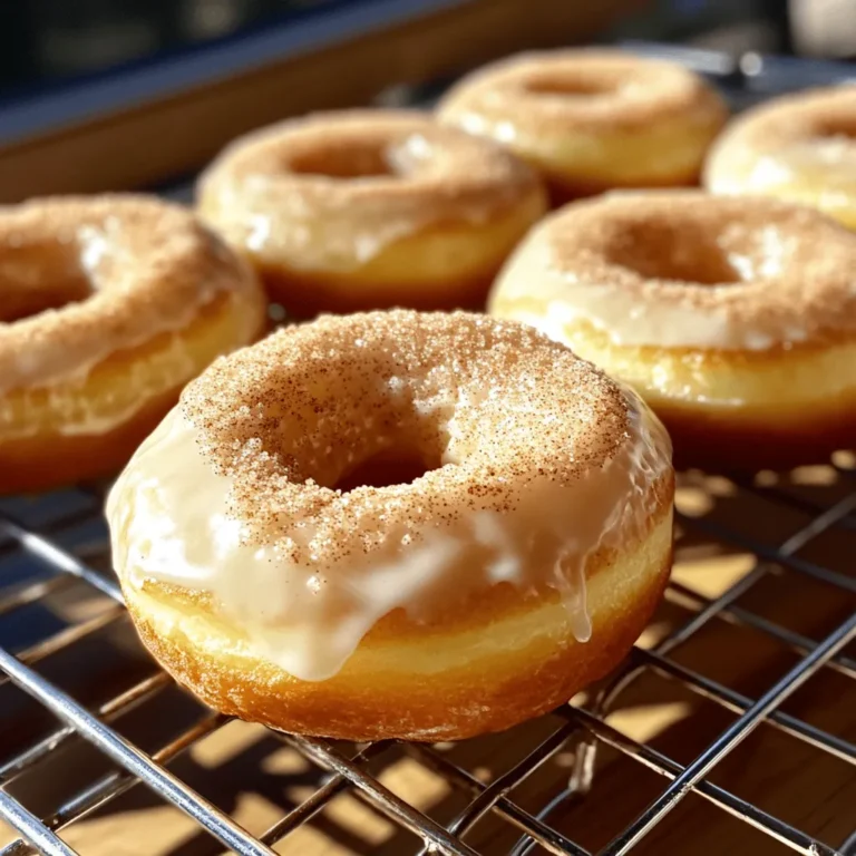 - 1 ½ cups all-purpose flour - ½ cup granulated sugar - 2 teaspoons baking powder - ½ teaspoon baking soda - ½ teaspoon salt - 1 teaspoon ground cinnamon - ¾ cup buttermilk (or regular milk mixed with 1 tablespoon vinegar) - 1 large egg - 2 tablespoons melted butter - 1 teaspoon vanilla extract The heart of these donuts lies in their main ingredients. All-purpose flour gives structure, while granulated sugar adds sweetness. Baking powder and baking soda help the donuts rise, creating a light texture. Ground cinnamon adds warmth and flavor. Buttermilk gives a rich taste and soft texture. The egg binds everything together. Lastly, melted butter and vanilla extract bring everything to life with rich flavor. - ½ cup granulated sugar - 2 teaspoons ground cinnamon - 4 tablespoons melted butter for coating The topping makes these donuts truly special. Granulated sugar pairs with ground cinnamon for a sweet, spicy finish. The melted butter is key for coating. It helps the cinnamon-sugar stick and adds richness. This simple blend turns your warm donuts into a delightful treat. For the complete recipe, check out the full recipe section above. 1. Preheat your oven to 375°F (190°C) and grease your donut pan. This helps to prevent sticking. 2. In a large bowl, mix together the all-purpose flour, granulated sugar, baking powder, baking soda, salt, and ground cinnamon. Whisk until you see no lumps. 3. In another bowl, whisk the buttermilk, egg, melted butter, and vanilla extract. Make sure it is smooth. 1. Slowly pour the wet mixture into the dry mix. Stir gently until they are just combined. A few lumps are okay! 2. Use a spoon or piping bag to fill each donut cavity about ¾ full. This allows them to rise nicely. 3. Bake in the preheated oven for 10-12 minutes. They should be golden and spring back when you touch them. 4. While the donuts bake, mix the granulated sugar and ground cinnamon in a shallow bowl for your topping. 1. After 5 minutes of cooling in the pan, carefully move the donuts to a wire rack. Let them cool a little longer. 2. While they are still warm, dip the top of each donut in melted butter. Roll them in the cinnamon-sugar until coated. 3. For a great display, stack the donuts on a cake stand and sprinkle with extra cinnamon sugar. Enjoy warm for the best flavor! For the complete details, check out the Full Recipe. To make great donuts, you must mix carefully. Overmixing can lead to tough donuts. When you mix your dry and wet ingredients, stir just until they come together. A few lumps are okay! They help keep the donuts light. Baking time is also key. Preheat your oven to 375°F (190°C) for the best results. Bake the donuts for 10 to 12 minutes. Look for a light golden color and a springy texture when you press them gently. Fresh spices make a huge difference in flavor. Use new ground cinnamon for a tasty boost. You can even grind your spices at home for the best taste. To achieve a light and fluffy texture, use buttermilk. It adds moisture and tenderness. Make sure you measure your ingredients accurately. Too much flour can weigh your donuts down. How you present your donuts matters! Stack them on a pretty cake stand. A sprinkle of extra cinnamon sugar on top looks lovely. For serving, pair your donuts with coffee or hot chocolate. A cold glass of milk also complements them well. These pairings enhance the sweet, warm flavors of your cinnamon sugar donuts. Enjoy the joy of sharing your delicious creations! {{image_4}} You can make your cinnamon sugar donuts even more exciting! Try adding chocolate chips or nuts to the dough. This extra touch adds flavor and texture. Just fold them into the batter gently. You can also infuse your donuts with fruit flavors. A little orange zest or mashed bananas can brighten the taste. Experiment with your favorite fruits to find your perfect match! While the classic cinnamon-sugar topping is divine, you can explore other options. A sweet glaze can transform your donuts into a new treat. Simply mix powdered sugar with a bit of milk to create a glaze. Drizzle it over the donuts for a shiny finish. You can also try toppings like sprinkles or crushed nuts for extra crunch. Get creative and mix flavors to suit your taste! Donuts come in many forms. You can choose between baked and fried donuts. Baked donuts are easier to make and a bit healthier. They have a light texture with fewer calories. On the other hand, fried donuts are rich and have a unique taste. If you're short on time, consider making mini donuts. These bite-sized treats are perfect for sharing and can be made with the same recipe. Just adjust the baking time for a quicker treat! If you want to follow the full recipe for these delicious donuts, check the Full Recipe section. To keep your donuts fresh, store them in an airtight container. This helps to maintain their softness. You can use a cake dome or a sealable bag. Avoid placing them in the fridge, as this can make them dry. For reheating, place your donut in a toaster oven for a few minutes. This restores the crispy texture. You can also microwave them for 10-15 seconds, but they may lose some crunch. To freeze your donuts, let them cool completely first. Then, wrap each donut in plastic wrap. Place them in a freezer bag, squeezing out as much air as possible. They can last up to three months in the freezer. When you're ready to eat, remove them from the freezer and let them thaw at room temperature. For a warm treat, reheat them in the oven for a few minutes. Cinnamon sugar donuts last about 2-3 days at room temperature. If stored properly, they can stay fresh for up to a week in an airtight container. Always check for signs of spoilage. If they smell off or feel hard, it’s best to discard them. Enjoy your cinnamon sugar bliss donuts fresh, but know you can save a few for later! To make cinnamon sugar donuts from scratch, follow these steps: 1. Preheat your oven to 375°F (190°C) and grease your donut pan. 2. In a bowl, mix 1 ½ cups of all-purpose flour, ½ cup of sugar, 2 teaspoons of baking powder, ½ teaspoon of baking soda, ½ teaspoon of salt, and 1 teaspoon of ground cinnamon. 3. In another bowl, whisk ¾ cup of buttermilk, 1 large egg, 2 tablespoons of melted butter, and 1 teaspoon of vanilla. 4. Combine the wet and dry ingredients gently. 5. Fill the donut pan ¾ full with the batter and bake for 10-12 minutes. 6. While they cool, mix ½ cup of sugar and 2 teaspoons of cinnamon for the topping. 7. Dip warm donuts in melted butter, then roll in the cinnamon-sugar mix. For the full recipe, check the details above. Yes, you can use regular milk instead of buttermilk. Mix ¾ cup of regular milk with 1 tablespoon of vinegar. Let it sit for 5 minutes. This will mimic the tangy flavor of buttermilk. The texture will remain similar, ensuring your donuts are still soft and tasty. The key to light and fluffy donuts lies in proper mixing and the right ingredients. Use the right amount of baking powder and baking soda. Do not overmix the batter; a few lumps are fine. This keeps the donuts tender and airy. The buttermilk adds moisture and helps with that delightful rise. You can find cinnamon sugar donuts at local bakeries or coffee shops. Many places serve fresh donuts daily. Check out popular chain shops or look for small family-owned bakeries in your area. They often have the best flavors! Cinnamon sugar donuts are fun to make and taste great. You learned about the main ingredients, step-by-step instructions, and baking tips to get them just right. I shared ways to make them unique with flavor variations and coatings. Plus, proper storage helps keep them fresh longer. Enjoy your baking adventure! With simple steps and tips, you can create a delightful treat. Your friends and family will love these tasty donuts.