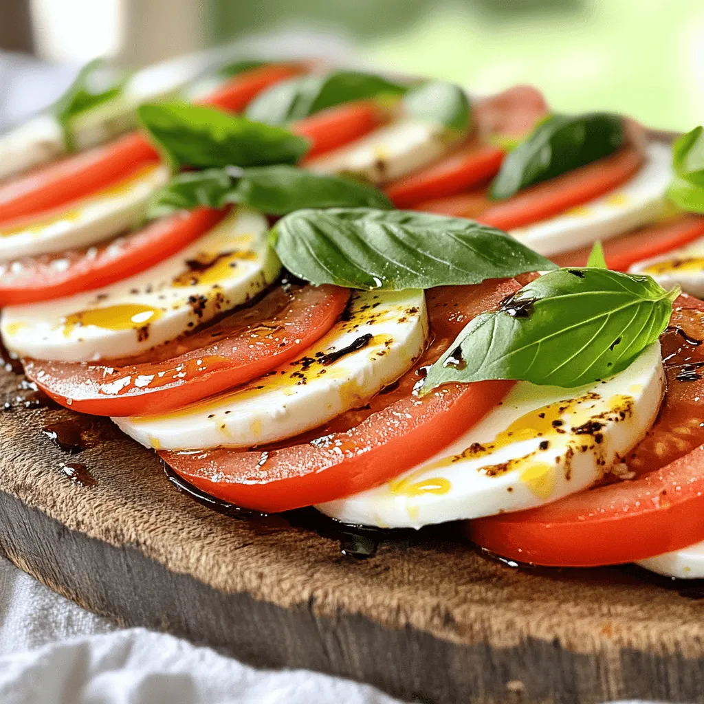 - Ripe tomatoes - Fresh mozzarella cheese - Basil leaves - Balsamic glaze - Extra-virgin olive oil - Sea salt and black pepper Choosing the best tomatoes is key. I love vine-ripened tomatoes for their sweetness. Heirloom tomatoes are colorful and tasty too. Look for tomatoes that feel firm but slightly soft when you squeeze them. This means they are ripe and ready to eat. For fresh mozzarella, I recommend bocconcini or fior di latte. Bocconcini are small balls of mozzarella that are perfect for salads. Fior di latte is made from cow's milk and has a rich flavor. Always choose cheese that feels fresh and has no dry spots. If you want a vegan option, try using vegan mozzarella. There are many brands that taste great. You can also experiment with different dressings. Try a simple olive oil and lemon juice mix. It adds a bright flavor that pairs well with the salad. For the full recipe, check out the complete guide. Start by rinsing the tomatoes and basil under cool water. This removes dirt and helps keep them fresh. Gently pat them dry with a clean kitchen towel. For the tomatoes and mozzarella cheese, slice them into even 1/4-inch thick rounds. This step is key for a balanced look and taste in your salad. Now comes the fun part—assembling the salad! On a large serving platter, alternate layers of tomato and mozzarella. Slightly overlap each slice for a beautiful display. This layering adds charm to your dish. Between each layer, tuck in fresh basil leaves. This adds a burst of flavor and a pop of color. Next, it's time to dress your salad. Use a small spoon or a drizzler to artfully drizzle balsamic glaze and extra-virgin olive oil all over the salad. Make sure each layer gets a touch of the dressing for even flavor. Don't forget to sprinkle sea salt and freshly cracked black pepper on top. This enhances the taste of each ingredient. For the best flavor, let the salad rest for about 5 minutes before serving. This allows the flavors to meld beautifully together. For the full recipe, check out the details above. - Over-salting the salad: Salt enhances flavor, but too much can ruin it. Start small, then add more if needed. Taste as you go to find the right balance. - Using unripe tomatoes: Unripe tomatoes lack sweetness and flavor. Choose ripe, firm tomatoes for the best taste. They should feel slightly soft but not mushy. - Marinating ingredients: Letting your tomatoes and mozzarella sit in olive oil, salt, and pepper can boost flavor. Just 15 minutes of marinating can make a difference. - Adding a touch of lemon or garlic: A squeeze of lemon juice brightens the salad. Garlic adds depth. Use minced garlic or garlic-infused oil for a subtle kick. - Ideal serving temperature: Serve your Caprese salad at room temperature. This enhances flavors and makes each bite more enjoyable. - Pairing with other dishes: Caprese salad pairs well with grilled chicken or fish. It also complements pasta dishes and crusty bread. Enjoy it as a light starter or side dish. For the full recipe, check out the Caprese Delight Salad. {{image_4}} You can easily add a twist to your Caprese salad. One great way is to include avocado. The creamy texture of avocado pairs well with the fresh tomatoes and mozzarella. Just slice it into thick pieces and layer it in. You will get a richer flavor that many enjoy. Another option is to mix in different herbs. While basil is traditional, you can try oregano. This herb adds a nice earthy note. You can even combine both for a flavor explosion. Each region has its own twist on Caprese, so feel free to experiment! Caprese salad fits perfectly with the seasons. In summer, try adding grilled vegetables. Grilled zucchini or bell peppers bring warmth and smokiness to the dish. These veggies add depth and make the salad even more filling. In the fall, consider incorporating fruits like peaches. Their sweetness compliments the saltiness of the cheese. You can slice fresh peaches thinly and layer them in. This seasonal twist brings a whole new level of flavor to your salad. Presentation can make your Caprese salad even more fun. For parties, try making Caprese skewers. Simply alternate mozzarella balls, cherry tomatoes, and basil leaves on small skewers. They are easy to grab and eat. Plus, they look great on a platter! Another fun idea is to create layered Caprese salad in jars. Use small mason jars and layer the ingredients. Start with tomatoes, then mozzarella, and finish with basil. This not only looks beautiful but also makes for a great grab-and-go option. For the full recipe, check out the Caprese Delight Salad section! To keep your Caprese salad fresh, store it in the fridge. Use a covered bowl or a plate with plastic wrap. This will keep air out and help the salad stay fresh. For tomatoes, keep them at room temperature if you haven’t sliced them. Once cut, store them in the fridge. To keep tomatoes fresh longer, place them stem-side up in a bowl. Avoid stacking them, as this can bruise the fruit. You should not freeze Caprese salad. Freezing changes the texture of the tomatoes and mozzarella. If you want to freeze ingredients, do it separately. Slice the tomatoes and mozzarella, and freeze them in airtight bags. Use them in sauces or soups later. In the fridge, your Caprese salad lasts about two days. Check for wilting basil leaves or soggy tomatoes. These are signs of spoilage. If you notice any off smells or discoloration, it’s best to toss it out. Enjoying your salad fresh will give you the best flavor and texture. A traditional Caprese salad includes fresh ingredients. It features ripe tomatoes, mozzarella, and basil. This dish comes from Italy, specifically the island of Capri. The colors of the salad match the Italian flag: red, white, and green. This simple dish highlights the quality of each ingredient. Yes, you can prepare Caprese salad ahead. To do this, slice the tomatoes and mozzarella in advance. Keep them in the fridge but separate them. This keeps them fresh. You can add the basil just before serving. Drizzle the glaze and oil when you are ready to eat. Serve Caprese salad on a nice platter. A wooden board or colorful ceramic dish works well. Use a large spoon for serving. This keeps the layers intact and looks great. You can add whole basil leaves on top for a fresh look. To make more servings, simply increase the ingredients. Use more tomatoes and mozzarella. Keep the same ratio for basil and dressing. For example, if you use four tomatoes, use four mozzarella balls too. This way, the taste stays balanced. If you do not have balsamic glaze, try these options: - Balsamic vinegar for a tangy taste. - Olive oil with lemon juice for a fresh kick. - Pesto for a herby flavor. Each option adds a unique twist to the dish. Yes, Caprese salad is healthy. It has fresh tomatoes, which are high in vitamins. Mozzarella provides protein and calcium. Basil adds antioxidants. This salad is low in calories and offers good fats from olive oil. Enjoying it helps you stay nourished while tasting great. For a full recipe, check out the Caprese Delight Salad. In this blog post, we explored the key ingredients of Caprese salad, focusing on ripe tomatoes, fresh mozzarella, and basil. We discussed quality tips, alternative ingredients, and how to prepare the salad step-by-step. I shared tips to avoid common mistakes and enhance flavors. We also looked at variations, storage methods, and common FAQs to enrich your experience. Caprese salad is simple yet versatile, making it a perfect dish for any occasion. Enjoy making it your way, and share it with friends for a fresh taste of Italy.