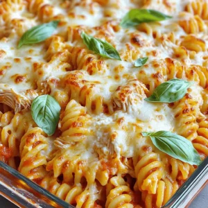 - 2 cups cooked rotini pasta - 3 boneless, skinless chicken breasts, cooked, cooled, and shredded - 2 cups marinara sauce - 1 cup ricotta cheese - 1 cup shredded mozzarella cheese - 1/2 cup grated Parmesan cheese - 1 tablespoon Italian seasoning - 1 teaspoon garlic powder - Salt and pepper to taste - Fresh basil leaves for garnish When making Chicken Parmesan Casserole, having the right ingredients matters. The rotini pasta serves as a sturdy base. Use cooked and cooled chicken for easy shredding. I love to use marinara sauce, as it gives a rich flavor. Ricotta cheese adds creaminess, while mozzarella and Parmesan bring that cheesy goodness. If you want to change things up, consider these options: - Alternatives to chicken: You can use turkey or even cooked lentils for a vegetarian twist. - Dairy-free options: Swap ricotta for cashew cheese or a tofu blend. - Gluten-free pasta choices: Use gluten-free rotini or any gluten-free pasta you love. This casserole packs a punch in taste and nutrition. - Caloric content per serving: About 450 calories. - Macronutrient breakdown: Each serving has roughly 30g protein, 25g carbs, and 20g fat. - Health benefits of key ingredients: Chicken provides lean protein, while cheese adds calcium. The marinara sauce brings antioxidants from tomatoes. Understanding these ingredients helps you create a meal that is not only tasty but also nourishing. For more details, check the Full Recipe. First, cook the chicken. I usually boil it for about 20 minutes. Once cooked, let it cool and then shred it using two forks. This makes it easy to mix into the casserole. Next, cook your pasta. I recommend rotini because it holds sauce well. Boil it for about 8 minutes until it’s al dente. Drain the pasta and set it aside. Now, measure out your sauces and cheeses. You will need 2 cups of marinara, 1 cup of ricotta, and 1 cup of mozzarella. Don’t forget 1/2 cup of Parmesan for that cheesy goodness! Take a 9x13-inch baking dish and lightly grease it. Start by spreading half of the pasta mixture in the dish. This will be your first layer. Then, sprinkle half of the mozzarella and half of the Parmesan on top. This adds flavor and helps bind the layers. Next, add the rest of the pasta mixture. Make sure it spreads evenly across the dish. Finally, top with the remaining mozzarella and Parmesan. This will create a nice, cheesy crust. Cover the dish with aluminum foil. This traps moisture and keeps the casserole soft. Bake it in the oven at 350°F for 25 minutes. After that, remove the foil and bake for another 15 minutes. This step gives your casserole that golden, bubbly top. Once it looks perfect, take it out and let it rest for about 5 minutes. This waiting time helps the flavors blend and makes it easier to serve. To keep chicken moist, cook it gently. Poach or bake it at a low heat. This helps retain juices. After cooking, let it rest for a few minutes before shredding. This step locks in flavor and moisture. For perfect cheese melting, use cheese that has high moisture content. Mix mozzarella and Parmesan for a great blend. Layer the cheese evenly. This ensures every bite has that gooey texture you love. To boost flavor, add spices like oregano or red pepper flakes. A pinch of each can elevate your dish. Fresh herbs, like basil or parsley, also add a nice touch. Using homemade marinara makes a big difference. It often tastes fresher and less processed. If you don't have time, choose a high-quality store-bought option. Look for brands with simple ingredients. Pair your casserole with garlic bread or a green salad. These sides balance the dish well. For a special occasion, serve it at family gatherings or game nights. It's easy to make and always a crowd-pleaser. This casserole works great for meal prep, too. You can make it ahead and store it. Reheat it when you're ready to eat for a quick, tasty meal. {{image_4}} You can change up the cheese in this dish for a new taste. Try using provolone for a rich flavor. Fontina melts well, adding creaminess. You can even mix in some goat cheese for a tangy twist. If you prefer vegan options, look for plant-based cheeses made from nuts or soy. These can melt nicely and give a great taste. Adding veggies can boost the nutrition of your casserole. Spinach, bell peppers, or zucchini are great choices. You can also use mushrooms for a savory touch. Layer them right into the casserole. Start with a layer of pasta, then add your veggies, followed by chicken and cheese. This way, you pack every bite with flavor and nutrients. If you like it hot, add some heat to your casserole. Diced jalapeños will give it a kick. You can also sprinkle in red pepper flakes for a milder spice. Consider adding chili powder or cayenne for more flavor. Just remember, start with a little and taste as you go. - Refrigeration tips: Let the casserole cool to room temp. Cover it tightly with foil or plastic wrap. Store in the fridge for up to three days. This keeps it fresh and tasty. - Freezing options: You can freeze the casserole too! Use an airtight container or freezer-safe bag. It will stay good for up to three months. Just remember to label it with the date. - Best practices for reheating in the oven: Preheat your oven to 350°F (175°C). Place the casserole in an oven-safe dish. Cover it with foil to keep moisture in. Heat for about 20 to 30 minutes until it's hot. - Microwave reheating tips: For quick reheating, use a microwave-safe plate. Heat in 1-minute intervals. Stir between to ensure even heating. - How long can it be stored in the fridge: The casserole lasts three days in the fridge. After that, it may lose flavor and texture. - Signs of spoilage: Look for off smells, mold, or a change in color. If any of these signs appear, it’s best to toss it out. You can use cottage cheese as a great substitute. It has a similar texture and taste. Cream cheese also works well if you mix it with a bit of milk to soften it. Greek yogurt is another option, giving a tangy flavor. Yes, rotisserie chicken is a handy option. It saves time and adds flavor. Just shred it before mixing it in. However, check for added spices that may change the dish's taste. Yes, this casserole is freezer-friendly. To freeze, let it cool completely. Then, wrap it tightly in foil or place it in an airtight container. To reheat, thaw it in the fridge overnight. Then, bake it at 350°F (175°C) until heated through. For the complete recipe, you can find all the steps and details [here](#). This blog post guides you through making a delicious casserole. You learned about the ingredients, like rotini and chicken, and found useful substitutes. The nutritional info helps you make smart choices. You also discovered tips for prepping and baking to get the perfect finish. Plus, we explored fun variations and storage ideas for leftovers. Enjoy creating this dish, sharing it with loved ones, and savoring each bite!
