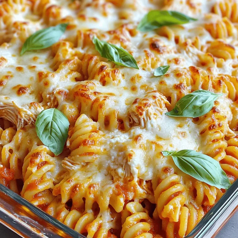 - 2 cups cooked rotini pasta - 3 boneless, skinless chicken breasts, cooked, cooled, and shredded - 2 cups marinara sauce - 1 cup ricotta cheese - 1 cup shredded mozzarella cheese - 1/2 cup grated Parmesan cheese - 1 tablespoon Italian seasoning - 1 teaspoon garlic powder - Salt and pepper to taste - Fresh basil leaves for garnish When making Chicken Parmesan Casserole, having the right ingredients matters. The rotini pasta serves as a sturdy base. Use cooked and cooled chicken for easy shredding. I love to use marinara sauce, as it gives a rich flavor. Ricotta cheese adds creaminess, while mozzarella and Parmesan bring that cheesy goodness. If you want to change things up, consider these options: - Alternatives to chicken: You can use turkey or even cooked lentils for a vegetarian twist. - Dairy-free options: Swap ricotta for cashew cheese or a tofu blend. - Gluten-free pasta choices: Use gluten-free rotini or any gluten-free pasta you love. This casserole packs a punch in taste and nutrition. - Caloric content per serving: About 450 calories. - Macronutrient breakdown: Each serving has roughly 30g protein, 25g carbs, and 20g fat. - Health benefits of key ingredients: Chicken provides lean protein, while cheese adds calcium. The marinara sauce brings antioxidants from tomatoes. Understanding these ingredients helps you create a meal that is not only tasty but also nourishing. For more details, check the Full Recipe. First, cook the chicken. I usually boil it for about 20 minutes. Once cooked, let it cool and then shred it using two forks. This makes it easy to mix into the casserole. Next, cook your pasta. I recommend rotini because it holds sauce well. Boil it for about 8 minutes until it’s al dente. Drain the pasta and set it aside. Now, measure out your sauces and cheeses. You will need 2 cups of marinara, 1 cup of ricotta, and 1 cup of mozzarella. Don’t forget 1/2 cup of Parmesan for that cheesy goodness! Take a 9x13-inch baking dish and lightly grease it. Start by spreading half of the pasta mixture in the dish. This will be your first layer. Then, sprinkle half of the mozzarella and half of the Parmesan on top. This adds flavor and helps bind the layers. Next, add the rest of the pasta mixture. Make sure it spreads evenly across the dish. Finally, top with the remaining mozzarella and Parmesan. This will create a nice, cheesy crust. Cover the dish with aluminum foil. This traps moisture and keeps the casserole soft. Bake it in the oven at 350°F for 25 minutes. After that, remove the foil and bake for another 15 minutes. This step gives your casserole that golden, bubbly top. Once it looks perfect, take it out and let it rest for about 5 minutes. This waiting time helps the flavors blend and makes it easier to serve. To keep chicken moist, cook it gently. Poach or bake it at a low heat. This helps retain juices. After cooking, let it rest for a few minutes before shredding. This step locks in flavor and moisture. For perfect cheese melting, use cheese that has high moisture content. Mix mozzarella and Parmesan for a great blend. Layer the cheese evenly. This ensures every bite has that gooey texture you love. To boost flavor, add spices like oregano or red pepper flakes. A pinch of each can elevate your dish. Fresh herbs, like basil or parsley, also add a nice touch. Using homemade marinara makes a big difference. It often tastes fresher and less processed. If you don't have time, choose a high-quality store-bought option. Look for brands with simple ingredients. Pair your casserole with garlic bread or a green salad. These sides balance the dish well. For a special occasion, serve it at family gatherings or game nights. It's easy to make and always a crowd-pleaser. This casserole works great for meal prep, too. You can make it ahead and store it. Reheat it when you're ready to eat for a quick, tasty meal. {{image_4}} You can change up the cheese in this dish for a new taste. Try using provolone for a rich flavor. Fontina melts well, adding creaminess. You can even mix in some goat cheese for a tangy twist. If you prefer vegan options, look for plant-based cheeses made from nuts or soy. These can melt nicely and give a great taste. Adding veggies can boost the nutrition of your casserole. Spinach, bell peppers, or zucchini are great choices. You can also use mushrooms for a savory touch. Layer them right into the casserole. Start with a layer of pasta, then add your veggies, followed by chicken and cheese. This way, you pack every bite with flavor and nutrients. If you like it hot, add some heat to your casserole. Diced jalapeños will give it a kick. You can also sprinkle in red pepper flakes for a milder spice. Consider adding chili powder or cayenne for more flavor. Just remember, start with a little and taste as you go. - Refrigeration tips: Let the casserole cool to room temp. Cover it tightly with foil or plastic wrap. Store in the fridge for up to three days. This keeps it fresh and tasty. - Freezing options: You can freeze the casserole too! Use an airtight container or freezer-safe bag. It will stay good for up to three months. Just remember to label it with the date. - Best practices for reheating in the oven: Preheat your oven to 350°F (175°C). Place the casserole in an oven-safe dish. Cover it with foil to keep moisture in. Heat for about 20 to 30 minutes until it's hot. - Microwave reheating tips: For quick reheating, use a microwave-safe plate. Heat in 1-minute intervals. Stir between to ensure even heating. - How long can it be stored in the fridge: The casserole lasts three days in the fridge. After that, it may lose flavor and texture. - Signs of spoilage: Look for off smells, mold, or a change in color. If any of these signs appear, it’s best to toss it out. You can use cottage cheese as a great substitute. It has a similar texture and taste. Cream cheese also works well if you mix it with a bit of milk to soften it. Greek yogurt is another option, giving a tangy flavor. Yes, rotisserie chicken is a handy option. It saves time and adds flavor. Just shred it before mixing it in. However, check for added spices that may change the dish's taste. Yes, this casserole is freezer-friendly. To freeze, let it cool completely. Then, wrap it tightly in foil or place it in an airtight container. To reheat, thaw it in the fridge overnight. Then, bake it at 350°F (175°C) until heated through. For the complete recipe, you can find all the steps and details [here](#). This blog post guides you through making a delicious casserole. You learned about the ingredients, like rotini and chicken, and found useful substitutes. The nutritional info helps you make smart choices. You also discovered tips for prepping and baking to get the perfect finish. Plus, we explored fun variations and storage ideas for leftovers. Enjoy creating this dish, sharing it with loved ones, and savoring each bite!