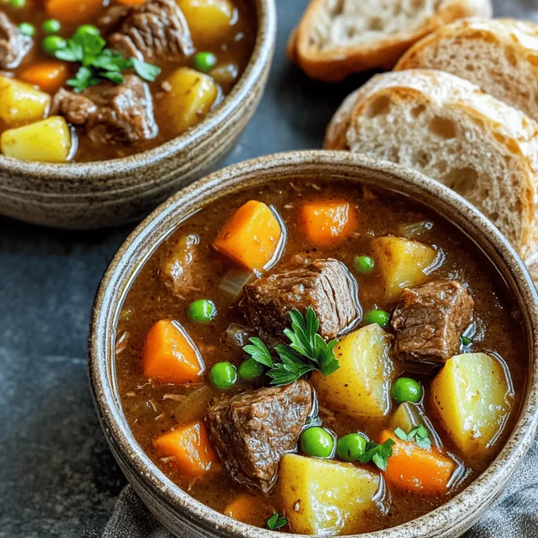- 2 pounds beef chuck, cut into 1-inch cubes - 4 medium carrots, sliced into coins - 3 medium potatoes, peeled and diced - 1 large onion, finely chopped - 3 cloves garlic, minced - 4 cups low-sodium beef broth - 2 tablespoons tomato paste - 1 tablespoon Worcestershire sauce - 1 teaspoon dried thyme - 1 bay leaf - Salt and black pepper, to taste - 2 tablespoons olive oil - 1 cup frozen peas - Fresh parsley, finely chopped for garnish (optional) The beef is the star of this dish. I love using beef chuck because it turns tender as it cooks. The carrots and potatoes add sweet and earthy flavors. Garlic and onion bring depth. The broth, tomato paste, and Worcestershire sauce tie everything together. Thyme adds a nice herbal note, while the bay leaf boosts flavor. - Slow cooker - Skillet - Mixing bowl Using a slow cooker is key for this stew. It lets the beef and veggies cook low and slow. A skillet helps brown the beef first, which adds flavor. A mixing bowl is perfect for blending the broth and seasonings. - Fresh parsley - Crusty bread or warm biscuits Garnishing with fresh parsley adds color and brightness. I also love serving this stew with crusty bread or warm biscuits. They soak up the stew's rich broth, making every bite delightful. For the full recipe, refer to the detailed instructions above. Start by browning the beef cubes. This step adds big flavor to your stew. Heat 2 tablespoons of olive oil in a large skillet over medium-high heat. Season the beef cubes with salt and black pepper. Once the oil is hot, add the beef in a single layer. Brown the beef on all sides for about 5 minutes. When it’s nicely browned, take the beef out and set it aside. For seasoning, use salt and black pepper to enhance the beef's taste. Feel free to add other spices like garlic powder or onion powder. A little bit of seasoning goes a long way in making your beef stew rich and savory. Next, arrange the vegetables in the slow cooker. Start with a layer of chopped onion. This gives a strong base flavor. Then, add sliced carrots and diced potatoes. Spread them evenly across the bottom. Once the veggies are arranged, place the browned beef on top. This helps the beef soak up all the flavors from the vegetables. Now, it's time to add the broth mixture. In a mixing bowl, whisk together the beef broth, tomato paste, Worcestershire sauce, dried thyme, and minced garlic. Stir until mixed well. Pour this tasty mixture over the beef and veggies. Toss in a bay leaf for added flavor. Gently stir everything to mix the flavors. You can choose between low and high cooking times. If you set your slow cooker on low, cook for 7 to 8 hours. For high, cook for 4 to 5 hours. The beef should be fork-tender when done. Signs your stew is ready include a rich aroma and tender meat. Make sure to check that the veggies are also soft. About 15 minutes before serving, add in the frozen peas for a nice touch. Don't forget to remove the bay leaf before serving. This hearty meal is perfect for any day of the week. Check out the Full Recipe to get all the details for this delicious slow cooker beef stew! To boost the flavor of your stew, try adding herbs like rosemary or basil. These herbs bring warmth and richness. You can mix and match herbs to find your favorite blend. Additionally, spices like paprika or cumin add depth. Paprika gives a smoky taste, while cumin adds an earthy note. Don't be afraid to experiment with your spice cabinet! Getting the right thickness for your stew is key. If it's too thin, mix a bit of cornstarch with cold water. Stir this mixture into the stew and let it cook a bit longer. For a thicker stew, let it cook uncovered for the last 30 minutes. Adjusting the flavor profile is simple too. Taste your stew before serving and add salt or pepper as needed. You can also add a splash of vinegar for brightness. Pair your hearty stew with crusty bread or warm biscuits. This keeps meals cozy and comforting. For a colorful touch, ladle the stew into warm bowls and sprinkle fresh parsley on top. This makes the dish look beautiful on your table. You can also serve it with a side salad for a refreshing crunch. Enjoy your meal with family and friends! For the full recipe, check out the details above. {{image_4}} You can switch up the beef for different cuts. Brisket or round beef work well too. They add unique flavors and textures. You can also swap veggies based on what you have. Try mushrooms for a nice earthiness or parsnips for a sweet twist. These changes keep the stew fresh and fun. If you need gluten-free options, use gluten-free broth. This small change makes the stew safe for all. You can also cut down on salt for a low-sodium version. Just use fresh herbs and spices to boost the flavor without the salt. Want a kick? Add chili flakes for a spicy version. They bring warmth and depth. For something different, try adding red wine. This gives a rich taste similar to coq au vin. Each variation enhances your stew in exciting ways. Experiment and find your favorite. For the full recipe, check out the details above. After making your slow cooker beef stew, allow it to cool. Store the stew in an airtight container. This helps keep it fresh. Place it in the refrigerator within two hours of cooking. Use it within 3 to 4 days for the best taste. Reheat it on the stove or in the microwave. Stir well to ensure even heating. If you want to save some for later, freezing is great. First, let the stew cool completely. Then, transfer it to a freezer-safe container. Leave some space at the top for expansion. You can freeze the stew for up to 3 months. When you're ready to eat, thaw it in the fridge overnight. Reheat on low heat, stirring often until it's hot. Leftovers from your beef stew can last a few days. In the fridge, they stay good for 3 to 4 days. If you freeze the stew, it can last for 3 months. However, for the best flavor, eat it sooner. Always check for signs of spoilage before eating. If it smells off or looks strange, it's best to toss it. To add more flavor, start with good seasoning. Use salt and black pepper on the beef. Add fresh herbs like thyme or rosemary. You can also try bay leaves for depth. Brown the beef before adding it to the slow cooker. This step boosts flavor through caramelization. Incorporate garlic and onion for a rich base. You can also add a splash of red wine for extra complexity. Yes, you can use frozen beef. However, it’s best to thaw it first for even cooking. If you're in a hurry, add the frozen beef straight into the slow cooker. Just remember, it may take longer to cook. Make sure the beef reaches 145°F for safe eating. Always check the beef's doneness before serving. Serve your beef stew with crusty bread or warm biscuits. These sides soak up the tasty broth. You can also pair it with a fresh green salad for a balanced meal. Mashed potatoes or rice work great too. They add extra comfort and flavor to your plate. For a fun twist, try cornbread on the side. For the full recipe, check out the Hearty Slow Cooker Beef Stew section. In this blog post, we covered everything you need for a great Slow Cooker Beef Stew. You learned about key ingredients, recommended equipment, and optional garnishes. I gave you step-by-step instructions and helpful tips. Variations show how to make your stew unique and suit dietary needs. Remember, you can store leftovers for later enjoyment. Now, get cooking! Enjoy your delicious stew and share it with loved ones.