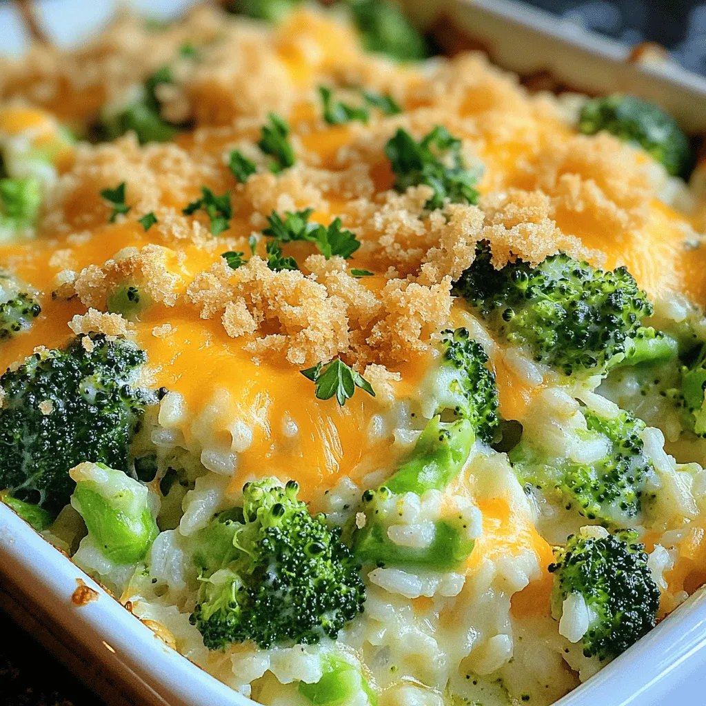 - 2 cups cooked white rice - 2 cups fresh broccoli florets - 2 cups shredded cheddar cheese - 1 cup cream of mushroom soup - 1/2 cup milk - 1 small onion, chopped - 1 teaspoon garlic powder - 1/2 teaspoon black pepper - 1/4 teaspoon salt - 1/2 cup breadcrumbs - 2 tablespoons melted butter Best cheese options for maximum creaminess For a rich and creamy texture, choose sharp cheddar cheese. It melts well and adds great flavor. You can also mix in some Monterey Jack for a smoother melt. Fresh vs. frozen broccoli: Which is better? Fresh broccoli gives a crunchier bite and bright color. Frozen broccoli is quick and easy. Just thaw it before adding. Both options work well, but fresh offers a better taste. Alternatives for cream of mushroom soup If you want a change, use cream of chicken soup or a homemade version. You can blend mushrooms with cream for a fresh taste. This keeps the dish flavorful while changing its base. This is a basic pantry list to help you create a delicious Cheesy Broccoli Rice Casserole. You can find the full recipe [here]. 1. Preheat your oven to 350°F (175°C). This gets things ready for baking. 2. In a large bowl, combine 2 cups of cooked white rice with 2 cups of fresh broccoli florets. Mix them well. 1. Add 2 cups of shredded cheddar cheese to the rice and broccoli. Set aside a handful for the top. 2. Next, mix in 1 cup of cream of mushroom soup, 1/2 cup of milk, 1 small chopped onion, 1 teaspoon of garlic powder, 1/2 teaspoon of black pepper, and 1/4 teaspoon of salt. Stir until it looks creamy and smooth. 1. Lightly grease a 9x13 inch baking dish. This helps the casserole not stick. 2. Pour the rice and broccoli mixture into the dish. Spread it evenly across the bottom. 3. In a small bowl, mix 1/2 cup of breadcrumbs with 2 tablespoons of melted butter. Sprinkle this over the casserole for a nice crunch. 4. Top it off with the extra handful of cheddar cheese for a cheesy crust. 1. Place the casserole in the oven and bake it for 25-30 minutes. The top should turn golden brown, and the cheese should bubble. 2. You’ll know it’s done when the cheese is melted and the edges are slightly crisp. For the full recipe, you can check the complete instructions. Enjoy this delightful dish! To get a crispy topping, use fresh breadcrumbs. Mix these with melted butter. This helps them brown nicely. Spread them evenly on top of the casserole. For even cooking, stir the casserole well. This ensures all the flavors blend. Check the edges often while baking. They cook faster than the center. For side dishes, serve a light salad. A fresh garden salad adds crunch. You can also try garlic bread for a warm touch. For drinks, a light white wine pairs well. A crisp Sauvignon Blanc complements the cheese. If you prefer non-alcoholic drinks, try sparkling water with lemon. It adds a refreshing zing. You can serve the casserole straight from the dish. This gives a homey feel to your meal. For a fancier look, use individual portions. Place them on colorful plates for fun. Garnish with chopped parsley or chives. This adds color and brightness. A sprinkle of extra cheese on top makes it even better. Enjoy the delicious look before digging in! For the full recipe, check the details above. {{image_4}} You can easily make this dish healthier. Substitute white rice with brown rice or quinoa. These options add more fiber and nutrients. Brown rice has a nutty flavor and chewy texture. Quinoa is packed with protein and cooks quickly. Both choices keep the casserole hearty and filling. Consider using low-fat cheese options. You can find many tasty varieties in stores. They melt well and reduce calories. This way, you can enjoy the creamy goodness without the guilt. Want to boost the taste? Add protein to your dish. Cooked chicken or tofu works great. Simply chop them into small pieces and mix them in. They will add texture and flavor. You can also spice it up. Adding jalapeños gives a nice kick. Other veggies like red bell peppers or corn add color and taste. Mix and match to find what you love best. Explore new flavors by trying different cheese combinations. Mix cheddar with mozzarella for a stretchy, creamy topping. Or, use pepper jack for a spicy twist. You can also adapt the recipe for different cuisines. For a Mexican flair, add taco seasoning and black beans. For Italian vibes, try adding marinara sauce and Italian herbs. These changes can make your casserole exciting and new. Check out the Full Recipe for even more ideas! To keep your cheesy broccoli rice casserole fresh, follow these simple steps: - Refrigerating: Let the casserole cool to room temp. Cover it with plastic wrap or a lid. Place it in the fridge. It will stay good for about 3 to 4 days. - Freezing: If you want to store it longer, use a freezer-safe dish. Wrap it tightly in foil or plastic wrap. It can last up to 2 months in the freezer. When you’re ready to enjoy leftovers, here’s how to reheat them: - Best methods: The oven is the best way to keep the casserole moist. Preheat it to 350°F (175°C). Cover the dish with foil to prevent drying out. Heat for about 20 minutes. - Microwave vs. oven: You can use the microwave for quick reheating. Place the casserole in a microwave-safe dish. Heat in 1-minute bursts, stirring in between. This keeps it from getting too dry, but the oven gives a better texture. Can I make Cheesy Broccoli Rice Casserole ahead of time? Yes, you can prepare the casserole a day before. Just mix all the ingredients and store them in the fridge. When you’re ready, bake it straight from the fridge. This makes dinner easy! How long does it take to bake the casserole? The casserole bakes for 25 to 30 minutes at 350°F (175°C). You want it golden brown and bubbly on top. Keep an eye on it toward the end to avoid overcooking. What can I use instead of cream of mushroom soup? You can swap cream of mushroom soup for cream of chicken soup. A white sauce works too. If you prefer, use a homemade mushroom sauce for a fresh taste. What to do if the casserole is too dry? If your casserole turns out dry, add a splash of milk. Stir it gently to mix. You can also cover it with foil while baking to keep moisture in. How to adjust for softer or harder broccoli? For softer broccoli, steam it for a few minutes before adding it to the mix. If you like it crunchier, add it raw. It will cook perfectly in the oven. Is this recipe gluten-free? This recipe is not gluten-free due to the breadcrumbs. You can use gluten-free breadcrumbs or skip them altogether for a gluten-free option. Suggestions for vegetarian or vegan adaptations To make this dish vegetarian, just ensure your cheese is vegetarian-friendly. For a vegan version, use plant-based cheese and swap the cream of mushroom soup for a vegan alternative. You can also use almond or soy milk instead of regular milk. For the complete recipe, check the Full Recipe section. This blog post covers the key ingredients and steps for making Cheesy Broccoli Rice Casserole. You learned about ingredient tips, cooking techniques, and variations to suit your needs. Remember to store leftovers properly and reheat them with care. My final thoughts? Enjoy the process and get creative with this dish. It’s a fun way to feed your family or impress guests. Happy cooking!
