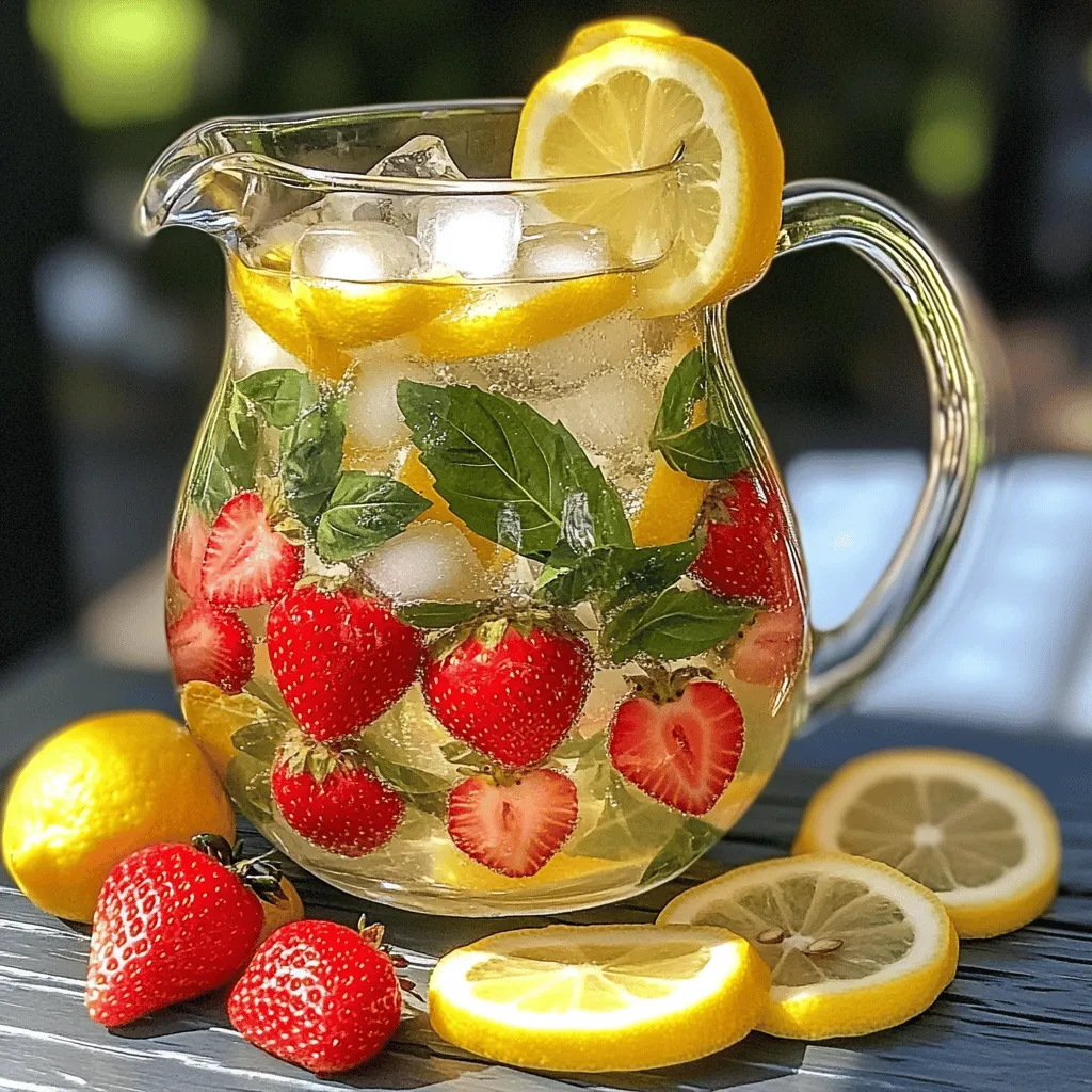 - 1 cup fresh strawberries, hulled and sliced - 1/4 cup fresh basil leaves, gently bruised - 4 cups filtered water - Ice cubes (optional) - Lemon slices (for extra flavor, optional) Strawberry Basil Infused Water has simple ingredients. You can find them easily at the store. Fresh strawberries add sweetness and color. Basil gives a nice herbal touch that enhances the flavor. You need to wash the strawberries and basil before use. This keeps your drink clean and safe. Use ripe strawberries for the best taste. Look for strawberries that are bright red and firm. Bruising the basil is important. This step releases the oils and aroma, making the drink flavorful. You can use your fingers or the back of a spoon. Just press gently to avoid tearing the leaves apart. Filtered water makes a big difference. It tastes cleaner than tap water. If you want a chilled drink, add ice cubes before serving. Lemon slices are optional but can brighten the taste even more. For the full recipe, check below! - Rinse strawberries and basil leaves. - Bruise the basil leaves. - Add ingredients to a pitcher. Start by rinsing the fresh strawberries and basil leaves under cold water. This step removes dirt and makes sure they are clean. After rinsing, pat them dry with a kitchen towel. Next, take the basil leaves and bruise them. To do this, gently press down on the leaves with the back of a spoon. This action releases their nice aroma and flavor. Now, place the sliced strawberries in a large pitcher and add the bruised basil leaves. - Pour filtered water over the ingredients. - Add lemon slices if desired. - Cover and refrigerate. Carefully pour the filtered water over the strawberries and basil in the pitcher. Make sure all the ingredients are fully submerged. If you like, you can add a few slices of lemon. This will give your drink a fresh citrus note. Cover the pitcher with a lid or plastic wrap. Place it in the refrigerator to let it infuse. You can infuse it for at least 2 hours. For a stronger flavor, let it sit for up to 24 hours. - Stir before serving. - Pour over ice cubes. - Garnish with strawberries or basil. When you are ready to serve, gently stir the infused mixture. This helps mix the flavors. Pour the refreshing infused water over ice cubes in glasses. For a nice touch, garnish each glass with a whole strawberry or a sprig of basil. You will love how pretty and tasty this drink is. For the full recipe, check out the earlier section on ingredients and instructions. To make your strawberry basil infused water even better, try these tips: - Experiment with additional fruits: You can add slices of cucumber, lemon, or even ripe peaches. Each fruit brings its own unique taste and aroma. - Adjust infusion time for desired strength: If you like a light flavor, infuse for just 2 hours. For a bolder taste, let it sit for up to 24 hours. - Use sparkling water for a fizzy twist: If you want some bubbles, swap out still water for sparkling water. It adds a fun texture to your drink. Strawberry basil infused water is more than just tasty. Here’s why it’s great for you: - Hydration with a refreshing taste: The sweet strawberries and fragrant basil make drinking water a joy. Staying hydrated has never been easier or more enjoyable. - Nutrient boost from strawberries and basil: Strawberries have vitamin C, which helps your immune system. Basil also contains antioxidants that can support your health. - Possible digestive benefits: Basil has been known to help with digestion. Enjoying this infusion may help your tummy feel good. For the full recipe, check out the details above. {{image_4}} You can change the flavors in your infused water easily. Here are some fun options: - Use mint instead of basil: Mint gives a fresh, cool taste. - Substitute cucumbers for strawberries: Cucumbers add a crisp, refreshing flavor. - Add a splash of orange juice: This adds sweetness and a citrus twist. These swaps help you create your own unique blend. Don't be afraid to try new things. Seasonal fruits and herbs bring different flavors to your water. Here are some ideas: - Summer berry mix: Combine strawberries, blueberries, and raspberries for a berry burst. - Fall-inspired spiced apple: Add apple slices and a pinch of cinnamon for warmth. - Winter citrus blend: Mix oranges, lemons, and a few sprigs of rosemary for a bright taste. Seasonal infusions keep your drinks exciting all year. Enjoy experimenting with flavors! To keep your strawberry basil infused water fresh, you should store it in the refrigerator. Make sure to keep it covered. This helps to lock in the flavors and prevent any unwanted odors. For the best taste, consume it within three days. After that, the flavors may start to fade. If you want to save some for later, you can freeze the infused water in ice cube trays. This is a fun way to use it later. You can drop the cubes into smoothies or other drinks for a refreshing twist. These cubes also add a splash of flavor while keeping your drinks cool. You should let the water infuse for a minimum of 2 hours. This gives the strawberries and basil time to share their flavors. If you want a stronger taste, let it sit for up to 24 hours. The longer you wait, the more intense the flavor will be. Just remember to keep it in the fridge during this time. It's best to use fresh ingredients each time. Reusing fruits and herbs might not give you the same great taste. After a few hours, the flavor can fade. Fresh strawberries and basil always taste better. They provide a bright and tasty drink. Yes, it is a low-calorie hydration option. The water has almost no calories. This drink is a great way to stay hydrated without adding extra sugar or calories. Enjoy it guilt-free while getting a hint of delicious flavor from the fruits and herbs. For the full recipe, check out the instructions above. You now have a wonderful way to make Strawberry Basil Infused Water. We reviewed ingredients, steps, and tips. Remember to experiment with flavors and enjoy the health benefits. Use fresh, vibrant ingredients for the best taste. Store your creation properly to keep it fresh. Infused water not only quenches thirst but also adds joy to your day. Enjoy making and sharing your own unique blends. Stay hydrated and have fun!