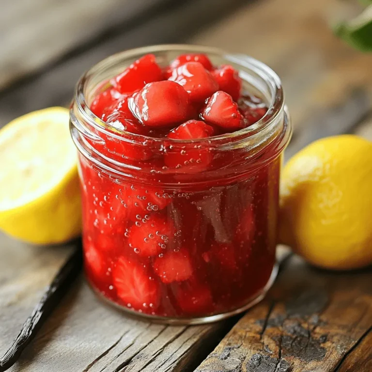 - 2 pounds fresh strawberries, hulled and diced - 1 ½ cups granulated sugar - 1 tablespoon freshly squeezed lemon juice - 1 teaspoon pure vanilla extract - 1 packet (1.75 oz) fruit pectin (like Sure-Jell) - ¼ teaspoon fine sea salt When you pick strawberries, look for bright red color and firm texture. These signs show they are ripe and sweet. Avoid strawberries with blemishes or soft spots, as they may spoil quickly. Fresh strawberries make the best jam. Using accurate measurements is key for great jam. I recommend using kitchen scales for precise results. When measuring dry ingredients, use a spoon to scoop them into your measuring cup. Then level them off with a straight edge. This method ensures you don’t pack the ingredients, which can lead to errors in your recipe. 1. First, take 2 pounds of fresh strawberries. Make sure they are hulled and diced. 2. In a large mixing bowl, combine the strawberries and 1 ½ cups of granulated sugar. 3. Gently stir the mixture to coat the strawberries. 4. Let it rest for about 30 minutes. This time helps the strawberries release their juices. 1. After resting, transfer the strawberry-sugar mixture into a large, heavy-bottomed pot. 2. Add 1 tablespoon of freshly squeezed lemon juice, ¼ teaspoon of fine sea salt, and 1 packet (1.75 oz) of fruit pectin. 3. Stir thoroughly to mix all the ingredients well. 4. Set the pot over medium heat. Bring the mixture to a gentle boil, stirring often. 5. Once it boils, lower the heat slightly and let it simmer for about 10 minutes. Keep stirring frequently to avoid sticking. 6. As the jam cooks, foam may form on top. Use a ladle or spoon to skim off the foam. This step keeps your jam clear and smooth. 1. To test if the jam is ready, place a spoonful on a cool plate. 2. Let it sit for a minute. Run your finger through the jam. If the path stays and doesn’t run back together, it’s done! 3. If the jam isn’t thick enough, boil it for 2-3 more minutes and repeat the spoon test. 4. Once it reaches the right consistency, remove the pot from heat. Stir in 1 teaspoon of pure vanilla extract for extra flavor. Now you’re ready to pour your hot jam into sterilized jars! For the full recipe and additional tips, check out the full recipe section. To get your jam just right, avoid common thickening mistakes. First, don’t skip the pectin. It’s key for thickening. If your jam seems too runny after boiling, you may need more pectin. Add it in during the cooking phase. Always check the jam’s consistency with the spoon test. If it runs, keep cooking. Try adding herbs like basil or mint for a fresh twist. These herbs bring a new layer of flavor to your jam. You can also experiment with citrus zests. Lemon or orange zest brightens the jam and adds a delightful zing. This makes your jam unique and exciting. When it comes to jars, get creative! Use cute tags to label your jam. Include the date and a fun serving suggestion. For serving, homemade strawberry jam pairs well with fresh scones or toast. You can also use it as a topping for yogurt or ice cream. It adds a burst of flavor to simple treats. For the full recipe, check out the Sweet Summer Strawberry Bliss Jam. {{image_4}} You can enjoy strawberry jam with less sugar. To make low-sugar jam, you can reduce sugar by about half. Use ¾ cup sugar for 2 pounds of strawberries. This change may alter the jam's taste and texture slightly. Instead of sugar, you can try sweeteners like honey, agave syrup, or stevia. These options can help cut calories while keeping the jam sweet. For a tangy twist, you can add rhubarb to your jam. Combine 1 cup of diced rhubarb with 2 pounds of strawberries. This mix creates a lovely balance of sweet and tart. Adjust cooking time to around 15 minutes to ensure both fruits cook down well. The rhubarb breaks down quickly, so stir often to avoid burning. Chia seeds are a great option for thickening your jam. Add about ¼ cup of chia seeds to the basic recipe. They will soak up liquid and create a nice gel-like texture. Chia seeds also come with health benefits, like omega-3 fatty acids and fiber. This option makes the jam nutritious and delicious. You can enjoy your jam spread on toast or mixed into yogurt. For the full recipe, click here to explore all the steps! To keep your homemade strawberry jam fresh, start with clean, sterilized jars. Here’s how to do it: - Wash jars in hot, soapy water. - Rinse them well and place them in a pot of boiling water for 10 minutes. - Let jars cool on a clean towel. For jar lids, boil them for a few minutes too. This kills germs. When storing jam, keep unopened jars in a cool, dark place. Opened jars go in the fridge. Always seal jars tightly after each use. Homemade jam can last up to a year if stored properly. However, once opened, use it within three weeks. Look for these signs that your jam might have gone bad: - Mold on the surface. - Unpleasant smell. - Change in color or texture. If you notice these signs, it’s best to throw the jam away. Freezing is a great option if you have extra jam. To freeze it without losing flavor: - Use freezer-safe containers or jars. - Leave space at the top of containers for expansion. When you’re ready to enjoy your jam, thaw it in the fridge. This keeps the flavor fresh. Using these storage tips ensures your homemade strawberry jam stays delicious for longer! For the full recipe, check out the Sweet Summer Strawberry Bliss Jam. Yes, you can use frozen strawberries. Start by thawing them in a bowl. Drain any excess liquid. Then, mash the strawberries gently before mixing them with sugar. This helps release their juices, just like fresh berries do. If you don’t have vanilla extract, use almond extract for a nutty flavor. You can also try maple syrup or even a splash of orange juice. Each option adds a unique twist to your jam. Yes, it is safe to water-bath can your jam. Use clean, sterilized jars and lids. Fill the jars with hot jam, leaving some space at the top. Process the jars in boiling water for about 10-15 minutes. This keeps your jam safe for a long time. Runny jam can happen for a few reasons. You may not have cooked it long enough or used too little pectin. To fix it, return the jam to the pot. Boil it again and add more pectin. Stir well and test for thickness. Making strawberry jam at home is fun and rewarding. You learned about the key ingredients, like fresh strawberries and pectin. I shared tips for choosing ripe berries and measuring accurately to ensure success. You now know how to cook your jam and test its thickness. I also included variations and storage methods to keep your jam fresh. Enjoy creating your perfect jam and sharing it with friends!