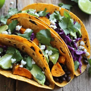- 2 medium sweet potatoes - 1 tablespoon olive oil - 1 teaspoon ground cumin - 1 teaspoon smoked paprika - Salt and freshly ground black pepper - 8 small corn tortillas - 1 ripe avocado - 1 cup canned black beans - ½ cup feta cheese - 1 cup red cabbage - Fresh cilantro leaves - Lime wedges for serving I love working with sweet potatoes. They add a sweet taste and creamy texture. They are packed with nutrients, too. Each serving of these tacos offers a great mix of vitamins and minerals. Sweet potatoes provide fiber, vitamin A, and vitamin C. - Calories per serving: About 350 calories. - Protein: Around 10 grams. - Fats: About 14 grams. - Carbohydrates: Approximately 50 grams. - Fiber: 8 grams, which aids digestion. - Vitamins: High in vitamin A and C, which support your immune system. Knowing the nutritional content helps you make smart food choices. These tacos are not just tasty; they also support your health goals. If you're vegan, you can swap feta cheese for a plant-based cheese. There are many great vegan options available now. You can also skip cheese entirely if you like! For gluten-free needs, choose corn tortillas. They are naturally gluten-free. Be sure to check the label to confirm. This way, everyone can enjoy these delicious tacos without worry. For the complete recipe, check out the [Full Recipe]. 1. Preheating the oven to 400°F (200°C): Start by setting your oven. This step is key for roasting sweet potatoes. Preheating ensures they cook evenly and caramelize nicely. 2. Preparing sweet potatoes for roasting: Take your sweet potatoes and peel them. Then, cut them into 1-inch cubes. This size helps them cook faster and gives a good texture. Place the cubes in a bowl. Drizzle with olive oil and sprinkle ground cumin, smoked paprika, salt, and pepper. Toss well to coat all sides. 1. Roasting sweet potatoes in the oven: Spread the sweet potato cubes on a baking sheet. Make sure they are in a single layer. Roast them for 25 to 30 minutes. Stir them halfway through to ensure they brown evenly. They should be tender and slightly caramelized when done. 2. Heating and warming corn tortillas: While the sweet potatoes roast, heat a skillet over medium heat. Warm the corn tortillas for 30 seconds on each side. This makes them soft and easy to fold. You can keep them warm by wrapping them in a clean kitchen towel. 1. Layering ingredients in tortillas: Once the sweet potatoes are ready, take a warm tortilla. Add a spoonful of roasted sweet potatoes in the center. 2. Garnish options for presentation: Next, add slices of avocado, a scoop of black beans, crumbled feta cheese, and shredded red cabbage. For a bright finish, top with fresh cilantro leaves. Serve with lime wedges on the side, so everyone can add a squeeze of lime juice for extra flavor. For the full recipe, refer to the earlier section. To ensure even roasting of sweet potatoes, cut them into similar-sized cubes. This helps them cook evenly. Spread the pieces out on the baking sheet, leaving space between them. This allows hot air to circulate. To avoid soggy tortillas, heat them on a dry skillet. Warm them for about 30 seconds on each side. Keep them warm in a towel until you fill them. This keeps them soft but not soggy. For extra taste, try adding chili powder or garlic powder to the sweet potatoes. These spices can add depth to your dish. You can also mix in some lime juice for a zesty kick. To balance flavors, use fresh toppings. Creamy avocado pairs well with spicy sweet potatoes. Add crunchy red cabbage for texture. Feta cheese gives a nice salty bite too. Serve your tacos with a side of cilantro lime rice. This pairs well with the tacos. You can also add black bean salad for extra fiber and protein. For drinks, try serving these tacos with a light beer or sparkling water. A fresh limeade can also be refreshing. It complements the flavors of the tacos nicely. For the full recipe, check out the detailed instructions above. {{image_4}} You can easily change up your roasted sweet potato tacos. Try making spicy roasted sweet potato tacos. Add chili powder or cayenne pepper to the sweet potatoes before roasting. This will give your tacos a nice kick. You can also swap in different beans or proteins. Black beans are great, but pinto or chickpeas work well too. If you want meat, try grilled chicken or shrimp for a tasty twist. Don’t forget about toppings! Try adding pickled onions for tang. You can also use fresh salsa or a zesty yogurt sauce for more flavor. When it comes to tortillas, you have choices. Flour tortillas are soft and chewy. They hold fillings well. Corn tortillas have a nice crunch. They bring a bit of sweetness to your dish. For a low-carb option, use lettuce wraps. Simply take large lettuce leaves and fill them like a taco. This is a fun way to enjoy the same flavors without the carbs. You can adjust your tacos based on the seasons. In the fall, add roasted pumpkin or butternut squash. They pair perfectly with sweet potatoes. In the summer, use fresh corn or diced tomatoes. These ingredients add brightness and a fresh taste. Always consider what's available at your local market. Adjust toppings based on what’s in season. This keeps your tacos exciting and fresh all year round. For the complete recipe, check the Full Recipe section. To store your roasted sweet potato tacos, place them in an airtight container. Refrigerate within two hours of cooking. For the best taste, keep the sweet potatoes separate from the tortillas and toppings. This helps maintain their texture. When you want to enjoy leftovers, reheat the sweet potatoes in the oven. Preheat your oven to 350°F (175°C). Spread the sweet potatoes on a baking sheet and warm for about 10-15 minutes. For the tortillas, heat them in a skillet for 30 seconds on each side. This keeps them soft and fresh. You can freeze the roasted sweet potatoes, but it's best to avoid freezing the assembled tacos. To freeze, place the cooled sweet potatoes in a freezer-safe bag. For reheating, let them thaw in the fridge overnight. Warm them in the oven or microwave as mentioned above. Enjoy more details in the Full Recipe for the perfect taco experience! To make sweet potatoes crispy, follow these tips: - Cut them evenly: Dice sweet potatoes into 1-inch cubes for even cooking. - Use enough oil: Coat them well with olive oil. This helps them crisp up. - Spread out on a sheet: Place sweet potatoes in a single layer on a baking sheet. This allows air to circulate. - Don't overcrowd: If you pile them up, they will steam instead of roast. - Stir halfway: Turn them once during roasting. This helps all sides get crispy. Yes, you can! Many veggies work well in these tacos. Here are some ideas: - Bell peppers: Add color and sweetness. - Zucchini: It roasts well and adds a nice texture. - Onions: Caramelized onions give a rich flavor. - Mushrooms: They add umami and a meaty bite. Toppings can elevate your tacos. Here are some tasty options: - Avocado: Its creaminess balances the sweet potato. - Black beans: They add protein and fiber. - Feta cheese: A sprinkle brings a salty tang. - Red cabbage: It adds crunch and color. - Fresh cilantro: This adds brightness and freshness. Yes, this recipe is great for meal prep. Here are some tips: - Roast sweet potatoes ahead: You can roast them and store them in the fridge. - Prep toppings separately: Keep toppings like avocado and cabbage in separate containers. - Warm tortillas just before serving: This keeps them soft and fresh. To make these tacos gluten-free, consider the following options: - Use corn tortillas: They are naturally gluten-free. - Check labels: Ensure all ingredients, like feta and beans, are gluten-free. - Consider gluten-free sauces: If you want a sauce, choose a gluten-free option. These roasted sweet potato tacos are simple and fun to make. You only need a few key ingredients, like sweet potatoes, tortillas, and black beans. With tasty spices and fresh toppings, you can create a delicious meal or snack. Remember to store leftovers properly and try different flavors to keep it exciting. Enjoy these tacos as a quick lunch or a filling dinner. You will love how easy and tasty they are!