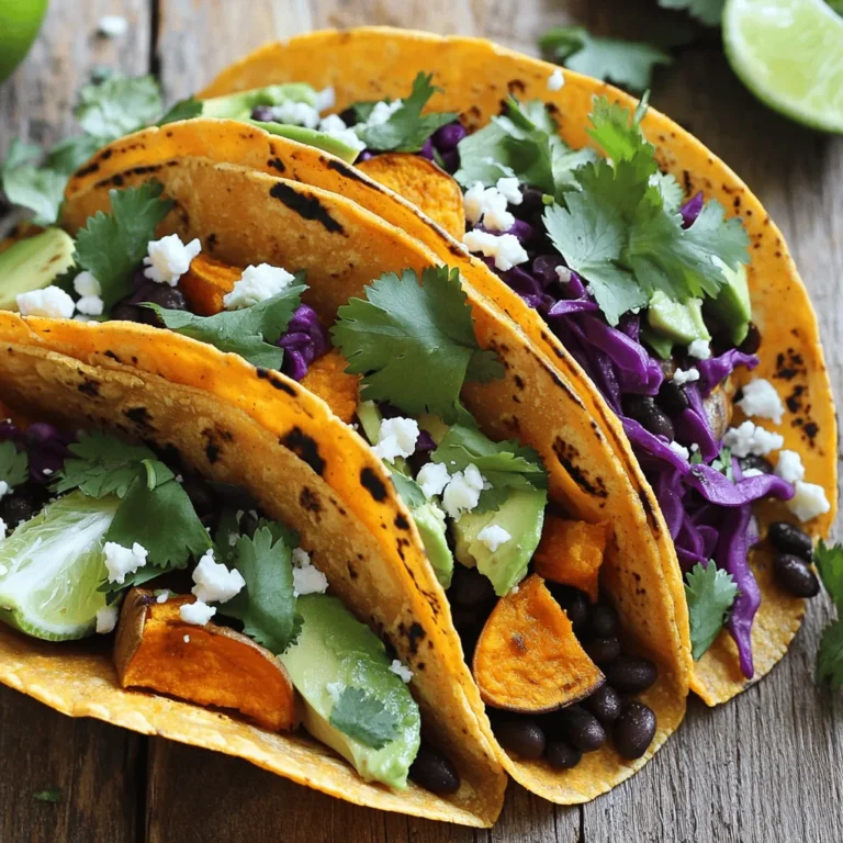 - 2 medium sweet potatoes - 1 tablespoon olive oil - 1 teaspoon ground cumin - 1 teaspoon smoked paprika - Salt and freshly ground black pepper - 8 small corn tortillas - 1 ripe avocado - 1 cup canned black beans - ½ cup feta cheese - 1 cup red cabbage - Fresh cilantro leaves - Lime wedges for serving I love working with sweet potatoes. They add a sweet taste and creamy texture. They are packed with nutrients, too. Each serving of these tacos offers a great mix of vitamins and minerals. Sweet potatoes provide fiber, vitamin A, and vitamin C. - Calories per serving: About 350 calories. - Protein: Around 10 grams. - Fats: About 14 grams. - Carbohydrates: Approximately 50 grams. - Fiber: 8 grams, which aids digestion. - Vitamins: High in vitamin A and C, which support your immune system. Knowing the nutritional content helps you make smart food choices. These tacos are not just tasty; they also support your health goals. If you're vegan, you can swap feta cheese for a plant-based cheese. There are many great vegan options available now. You can also skip cheese entirely if you like! For gluten-free needs, choose corn tortillas. They are naturally gluten-free. Be sure to check the label to confirm. This way, everyone can enjoy these delicious tacos without worry. For the complete recipe, check out the [Full Recipe]. 1. Preheating the oven to 400°F (200°C): Start by setting your oven. This step is key for roasting sweet potatoes. Preheating ensures they cook evenly and caramelize nicely. 2. Preparing sweet potatoes for roasting: Take your sweet potatoes and peel them. Then, cut them into 1-inch cubes. This size helps them cook faster and gives a good texture. Place the cubes in a bowl. Drizzle with olive oil and sprinkle ground cumin, smoked paprika, salt, and pepper. Toss well to coat all sides. 1. Roasting sweet potatoes in the oven: Spread the sweet potato cubes on a baking sheet. Make sure they are in a single layer. Roast them for 25 to 30 minutes. Stir them halfway through to ensure they brown evenly. They should be tender and slightly caramelized when done. 2. Heating and warming corn tortillas: While the sweet potatoes roast, heat a skillet over medium heat. Warm the corn tortillas for 30 seconds on each side. This makes them soft and easy to fold. You can keep them warm by wrapping them in a clean kitchen towel. 1. Layering ingredients in tortillas: Once the sweet potatoes are ready, take a warm tortilla. Add a spoonful of roasted sweet potatoes in the center. 2. Garnish options for presentation: Next, add slices of avocado, a scoop of black beans, crumbled feta cheese, and shredded red cabbage. For a bright finish, top with fresh cilantro leaves. Serve with lime wedges on the side, so everyone can add a squeeze of lime juice for extra flavor. For the full recipe, refer to the earlier section. To ensure even roasting of sweet potatoes, cut them into similar-sized cubes. This helps them cook evenly. Spread the pieces out on the baking sheet, leaving space between them. This allows hot air to circulate. To avoid soggy tortillas, heat them on a dry skillet. Warm them for about 30 seconds on each side. Keep them warm in a towel until you fill them. This keeps them soft but not soggy. For extra taste, try adding chili powder or garlic powder to the sweet potatoes. These spices can add depth to your dish. You can also mix in some lime juice for a zesty kick. To balance flavors, use fresh toppings. Creamy avocado pairs well with spicy sweet potatoes. Add crunchy red cabbage for texture. Feta cheese gives a nice salty bite too. Serve your tacos with a side of cilantro lime rice. This pairs well with the tacos. You can also add black bean salad for extra fiber and protein. For drinks, try serving these tacos with a light beer or sparkling water. A fresh limeade can also be refreshing. It complements the flavors of the tacos nicely. For the full recipe, check out the detailed instructions above. {{image_4}} You can easily change up your roasted sweet potato tacos. Try making spicy roasted sweet potato tacos. Add chili powder or cayenne pepper to the sweet potatoes before roasting. This will give your tacos a nice kick. You can also swap in different beans or proteins. Black beans are great, but pinto or chickpeas work well too. If you want meat, try grilled chicken or shrimp for a tasty twist. Don’t forget about toppings! Try adding pickled onions for tang. You can also use fresh salsa or a zesty yogurt sauce for more flavor. When it comes to tortillas, you have choices. Flour tortillas are soft and chewy. They hold fillings well. Corn tortillas have a nice crunch. They bring a bit of sweetness to your dish. For a low-carb option, use lettuce wraps. Simply take large lettuce leaves and fill them like a taco. This is a fun way to enjoy the same flavors without the carbs. You can adjust your tacos based on the seasons. In the fall, add roasted pumpkin or butternut squash. They pair perfectly with sweet potatoes. In the summer, use fresh corn or diced tomatoes. These ingredients add brightness and a fresh taste. Always consider what's available at your local market. Adjust toppings based on what’s in season. This keeps your tacos exciting and fresh all year round. For the complete recipe, check the Full Recipe section. To store your roasted sweet potato tacos, place them in an airtight container. Refrigerate within two hours of cooking. For the best taste, keep the sweet potatoes separate from the tortillas and toppings. This helps maintain their texture. When you want to enjoy leftovers, reheat the sweet potatoes in the oven. Preheat your oven to 350°F (175°C). Spread the sweet potatoes on a baking sheet and warm for about 10-15 minutes. For the tortillas, heat them in a skillet for 30 seconds on each side. This keeps them soft and fresh. You can freeze the roasted sweet potatoes, but it's best to avoid freezing the assembled tacos. To freeze, place the cooled sweet potatoes in a freezer-safe bag. For reheating, let them thaw in the fridge overnight. Warm them in the oven or microwave as mentioned above. Enjoy more details in the Full Recipe for the perfect taco experience! To make sweet potatoes crispy, follow these tips: - Cut them evenly: Dice sweet potatoes into 1-inch cubes for even cooking. - Use enough oil: Coat them well with olive oil. This helps them crisp up. - Spread out on a sheet: Place sweet potatoes in a single layer on a baking sheet. This allows air to circulate. - Don't overcrowd: If you pile them up, they will steam instead of roast. - Stir halfway: Turn them once during roasting. This helps all sides get crispy. Yes, you can! Many veggies work well in these tacos. Here are some ideas: - Bell peppers: Add color and sweetness. - Zucchini: It roasts well and adds a nice texture. - Onions: Caramelized onions give a rich flavor. - Mushrooms: They add umami and a meaty bite. Toppings can elevate your tacos. Here are some tasty options: - Avocado: Its creaminess balances the sweet potato. - Black beans: They add protein and fiber. - Feta cheese: A sprinkle brings a salty tang. - Red cabbage: It adds crunch and color. - Fresh cilantro: This adds brightness and freshness. Yes, this recipe is great for meal prep. Here are some tips: - Roast sweet potatoes ahead: You can roast them and store them in the fridge. - Prep toppings separately: Keep toppings like avocado and cabbage in separate containers. - Warm tortillas just before serving: This keeps them soft and fresh. To make these tacos gluten-free, consider the following options: - Use corn tortillas: They are naturally gluten-free. - Check labels: Ensure all ingredients, like feta and beans, are gluten-free. - Consider gluten-free sauces: If you want a sauce, choose a gluten-free option. These roasted sweet potato tacos are simple and fun to make. You only need a few key ingredients, like sweet potatoes, tortillas, and black beans. With tasty spices and fresh toppings, you can create a delicious meal or snack. Remember to store leftovers properly and try different flavors to keep it exciting. Enjoy these tacos as a quick lunch or a filling dinner. You will love how easy and tasty they are!