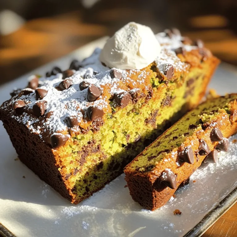- 1 cup freshly grated zucchini - 1 cup all-purpose flour - 1/2 cup whole wheat flour - 1 teaspoon baking soda - 1/2 teaspoon baking powder - 1/2 teaspoon sea salt - 1 teaspoon ground cinnamon - 1/2 cup granulated sugar - 1/4 cup packed brown sugar - 1/2 cup vegetable oil or melted coconut oil - 2 large eggs, at room temperature - 1 teaspoon pure vanilla extract - 1/2 cup semi-sweet chocolate chips - 1/4 cup chopped walnuts (optional) This recipe uses simple and fresh ingredients. The zucchini keeps the bread moist and adds a nice texture. Flour gives it structure. Baking soda and baking powder help it rise. Sea salt and cinnamon add flavor. I love using both granulated and brown sugar. The brown sugar gives a deeper flavor. You can choose vegetable oil or melt coconut oil for a healthy twist. Room temperature eggs mix better and make the batter smooth. Don't forget the chocolate chips! They are the star of this bread. If you enjoy nuts, add walnuts for crunch. This blend of flavors creates a bread that is both delicious and fun to make. - Caloric Content per slice: About 150-180 calories - Macronutrient Breakdown: - Carbohydrates: 24g - Protein: 3g - Fat: 7g Knowing the nutritional value helps you enjoy the bread while keeping your diet in check. Each slice is a treat, balancing taste and nutrition. - Preheat oven to 350°F (175°C). - Prepare loaf pan. Start by preheating your oven. This step helps the bread bake evenly. Use a 9x5-inch loaf pan. Grease and flour it, or line it with parchment paper. This makes it easy to remove the bread later. - Combine dry ingredients. - Mix wet ingredients. - Fold in zucchini. In a large mixing bowl, mix the dry ingredients. Add all-purpose flour, whole wheat flour, baking soda, baking powder, sea salt, and ground cinnamon. Whisk them together well. This breaks up lumps and combines flavors. In another bowl, stir the wet ingredients. Whisk together granulated sugar, brown sugar, vegetable oil, eggs, and pure vanilla extract. Mix until smooth. This helps blend the sugars with the fats. Now, fold in the grated zucchini. This adds moisture and flavor. Make sure it mixes well with the wet ingredients. - Incorporate dry and wet mixtures. - Pour into loaf pan. - Baking time and testing for doneness. Gradually add the dry mix to the wet mix. Stir gently until just combined. Avoid overmixing. A few lumps are okay; this keeps the bread tender. Fold in chocolate chips and walnuts if you like. This adds texture and flavor. Pour the batter into your prepared loaf pan. Smooth the top with a spatula. Bake in your preheated oven for 55-65 minutes. Check for doneness with a toothpick. It should come out clean or with just a few moist crumbs. Let it cool in the pan for about 10 minutes before moving it to a wire rack. This helps it finish cooling properly. For the full recipe, check out the section above. To make great chocolate chip zucchini bread, avoid overmixing the batter. When you mix too much, it causes the bread to be tough. Stir until the ingredients are just combined; a few lumps are fine. Using room temperature eggs is also key. Cold eggs can make the batter clumpy. Warm eggs blend better, giving you a smooth mixture. You can boost the flavor by adding spices or extracts. A little nutmeg or vanilla can make a big difference. If you want, add a teaspoon of almond extract for a unique twist. Incorporating mix-ins like nuts or dried fruit is another great idea. Chopped walnuts add crunch, while raisins or cranberries bring sweetness. Feel free to experiment with your favorite add-ins! For the best experience, serve the bread warm. A dollop of cream cheese or butter on top makes it even better. You can also dust the bread with powdered sugar for a nice touch. To make it look pretty, serve with fresh berries. They add color and a fresh taste that pairs well with the sweet bread. Enjoy your chocolate chip zucchini bread any way you like! {{image_4}} You can make chocolate chip zucchini bread healthier. One great option is to swap out oil for applesauce. This change cuts down on fat while keeping the bread moist. You can use a one-to-one ratio for this swap. Another option is to create a gluten-free version. You can use gluten-free flour blends, which are widely available. Just ensure the blend includes xanthan gum for the right texture. Don’t be afraid to experiment with flavors! Different types of chocolate can change the taste. Dark chocolate offers a rich, deep flavor. White chocolate adds a sweet, creamy touch. Adding citrus zest can brighten the bread. Try orange or lemon for a fresh twist. Spices like nutmeg or ginger can also amp up the flavor. You can make this recipe in different sizes! Mini loaves or muffins are fun options. They bake faster and are perfect for sharing. Adjust your baking time for these smaller sizes. Usually, mini loaves need about 30-40 minutes. Muffins take around 20-25 minutes. Always check for doneness with a toothpick. For the full recipe, check out the complete guide. To keep your chocolate chip zucchini bread fresh, wrap it well. Use plastic wrap or aluminum foil. You can also place it in an airtight container. This helps lock in moisture. Store it at room temperature. Avoid direct sunlight to keep it from drying out. Freezing is a great way to save bread for later. Let the bread cool completely. Wrap it in plastic wrap, then in foil for extra protection. Place the wrapped bread in a freezer bag. It can last up to three months in the freezer. When you are ready to eat it, remove it from the freezer. Thaw it in the fridge overnight. You can also let it sit at room temperature for a few hours. At room temperature, this bread lasts about 3-4 days. Check for any signs of spoilage. If you see mold or an off smell, it's best to throw it out. The bread should feel moist but not soggy. If it feels dry, it may be past its prime. Can I use frozen zucchini for the recipe? Yes, you can use frozen zucchini. Just thaw and drain it well before adding. This helps keep the bread from being too wet. Frozen zucchini works great in many recipes! How do I know when the bread is done baking? Check the bread with a toothpick. Insert it into the center. If it comes out clean or with a few moist crumbs, your bread is ready. The top should also look golden brown. What can I substitute for chocolate chips? You can use dried fruit, raisins, or nuts instead of chocolate chips. Try chopped dates or cranberries for a sweet twist. Each option adds a unique flavor to your zucchini bread. Can I reduce sugar without compromising taste? Yes, you can reduce sugar in the recipe. Start by cutting it by a third. You can also use a sugar substitute, like stevia or monk fruit, to lower calories. Test it for sweetness as you go. What happens if I omit the eggs? Omitting eggs will change the texture. The bread may be denser and less moist. You can replace eggs with unsweetened applesauce or flaxseed meal mixed with water for similar binding effects. Is this recipe suitable for vegans? No, the recipe contains eggs. To make it vegan, use flaxseed meal or applesauce instead of eggs. Also, ensure the chocolate chips are dairy-free. How can I make it nut-free? To make the recipe nut-free, simply leave out any nuts. The bread will still taste great without them. Always check labels on chocolate chips to ensure they are nut-free as well. This blog detailed a tasty zucchini bread recipe, from ingredients to baking tips. You learned about the perfect balance of flavors and textures. Remember, fresh ingredients and careful mixing make a big difference. You can try fun variations and storage tips to keep it fresh. Whether you enjoy it warm or with a twist, this bread is a crowd-pleaser. Enjoy your baking adventure, and have fun experimenting with your own unique touches!