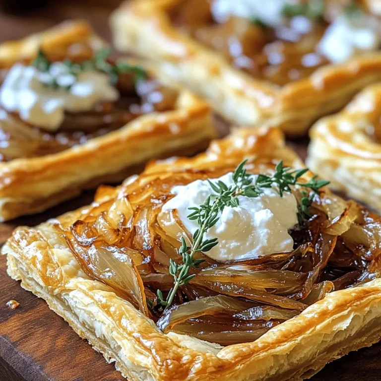 - 1 sheet of puff pastry, thawed Look for a high-quality puff pastry. It should be golden and flaky. - 3 large onions, thinly sliced Use sweet onions, like Vidalia or Walla Walla, for a rich flavor. - 2 tablespoons of olive oil Choose extra virgin olive oil for the best taste. - 1 tablespoon of balsamic vinegar Aged balsamic vinegar adds a nice depth to the onions. - 4 ounces of goat cheese, crumbled Fresh goat cheese works best. Aim for creamy texture. - 1/2 cup of sour cream Full-fat sour cream enhances flavor and creaminess. - 1 teaspoon of fresh thyme leaves Fresh thyme gives a fragrant touch; dried thyme is fine too. - Salt and pepper, to taste Use sea salt and fresh black pepper for seasoning. - 1 egg, beaten (for egg wash) This gives the crust a beautiful golden color when baked. If you have dietary restrictions, you can substitute the goat cheese with feta or ricotta. For a gluten-free option, use a gluten-free pastry. To start, gather your ingredients. You will need three large onions, olive oil, balsamic vinegar, goat cheese, sour cream, thyme, salt, pepper, and puff pastry. 1. Prep the Onions: Slice the onions thinly. This helps them cook evenly. Heat two tablespoons of olive oil in a large skillet over medium heat. Once hot, add the onions and a pinch of salt. 2. Caramelization: Cook the onions for about 15 to 20 minutes. Stir them often. They should become soft and golden brown. The goal is to bring out their natural sweetness. After that, pour in one tablespoon of balsamic vinegar. Stir and let it cook for 2-3 minutes. This adds a rich flavor. Set the mixture aside to cool slightly. 3. Prepare the Puff Pastry: Roll out the thawed puff pastry on a floured surface. It should fit your tart pan. Transfer the pastry gently and trim any excess. Use a fork to poke holes in the bottom. This prevents it from puffing too much while baking. 4. Mix the Sour Cream Base: In a bowl, combine half a cup of sour cream, a teaspoon of fresh thyme, and a pinch of salt and pepper. Mix until smooth. Spread this mix evenly over the puff pastry. Now, it’s time to layer your tart. 1. Layer the Ingredients: First, spread the cooled caramelized onions over the sour cream layer. Make sure they are evenly distributed. 2. Add Goat Cheese: Next, sprinkle four ounces of crumbled goat cheese on top of the onions. This cheese will melt slightly as it bakes, adding to the flavor. 3. Egg Wash for Color: Brush the edges of the pastry with a beaten egg. This gives the tart a beautiful golden color when baked. 1. Bake the Tart: Place your tart in the preheated oven at 400°F (200°C). Bake it for 25 to 30 minutes. 2. Check for Doneness: Look for a puffy crust that is golden brown. If the edges brown too quickly, cover them with foil to prevent burning. Once baked, let the tart cool for a few moments before slicing. Enjoy your delicious Caramelized Onion and Goat Cheese Tart! For the complete recipe, refer to the [Full Recipe]. - Best Practices for Perfect Caramelized Onions: Always start with medium heat. Stir often to prevent burning. Use a pinch of salt early on to help draw out moisture. Patience is key; let them cook for about 15 to 20 minutes until they turn soft and sweet. - Ways to Enhance Flavor: Add herbs like fresh thyme or rosemary while cooking the onions. A splash of white wine can add depth. For a spicy kick, mix in a touch of red pepper flakes. Experiment with flavors to find what you love. - Tips for Working with Puff Pastry: Keep your pastry cold for the best results. Roll it out evenly on a floured surface. Prick the base with a fork to avoid puffing too much. Brush the edges with a beaten egg for a golden look. - Ideas for Complementary Sides or Salads: Pair your tart with a fresh green salad dressed lightly in vinaigrette. A side of roasted vegetables adds color and flavor. For a heartier option, serve with a warm potato salad. - Presentation Tips for an Appealing Dish: Serve the tart warm on a nice platter. Garnish with fresh thyme leaves for a pop of color. Cut into even slices for a clean look. A drizzle of balsamic reduction can elevate the dish visually and in taste. {{image_4}} You can change the cheese in this tart. Feta or ricotta work well. Both add a creamy texture. Feta gives a salty kick, while ricotta adds a lightness. You can also mix cheeses for more flavor. Seasonal veggies can spice up your tart. Try adding fresh spinach or sautéed mushrooms. Spinach adds a lovely green color, while mushrooms bring an earthy taste. You can also use roasted bell peppers for sweetness. These additions create a unique twist on the classic tart. If you need a gluten-free option, use almond flour or chickpea flour for the crust. These alternatives work well and taste great. You can also find pre-made gluten-free pastry options in stores. For vegan versions, swap goat cheese for cashew cheese or tofu. Cashew cheese has a rich flavor and creamy texture. Use a vegan sour cream or yogurt to keep the creaminess. These swaps ensure everyone can enjoy this delightful tart. For the full recipe, check out the Full Recipe section. To store leftover tart, let it cool first. Wrap it tightly in plastic wrap or foil. You can also place it in an airtight container. This keeps it fresh. For the best taste, eat it within three days. You can freeze the tart too. Wrap it well and store it in the freezer. It stays good for up to three months. To reheat, the oven works best. Preheat it to 350°F (175°C). Place the tart on a baking sheet. Warm it for about 15 minutes. This helps keep the crust crispy. You can also use a microwave. Heat it in short bursts, about 30 seconds each time. This method is quicker but may make the crust soft. Before serving, drizzle a little olive oil on top. This refreshes the flavor and adds shine. Yes, you can use pre-made caramelized onions. Look for high-quality options in jars or packages. Store-bought caramelized onions save time but may vary in flavor. If they taste sweet, consider adding a splash of balsamic vinegar to deepen the flavor. This small change can elevate your tart. You can prep the tart in advance. Make the caramelized onions and sour cream mix a day ahead. Store them in the fridge. Roll out the puff pastry and place it in the tart pan, but wait to fill it until you are ready to bake. This keeps the crust crisp. Bake the tart just before serving for the best taste. A light side salad pairs well with this tart. Try a simple arugula salad with a lemon vinaigrette. The fresh greens balance the rich flavors of the tart. You can also serve it with roasted vegetables or a warm soup for a cozy meal. These sides add variety and color to your plate. This blog post covered everything you need to make a delicious Caramelized Onion and Goat Cheese Tart. We explored the ingredients, preparation steps, and baking process, ensuring you have all the tips for success. Don't forget to try the variations for different tastes or dietary needs. Proper storage and reheating methods will help keep your tart fresh. With these insights, you can prepare a dish that impresses family and friends. Enjoy your cooking journey and savor each bite!