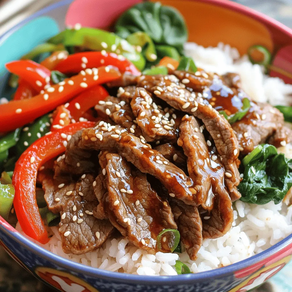 Korean beef bulgogi bowls are simple yet packed with flavor. This dish uses tender beef and fresh veggies. You can serve it over cooked jasmine rice. It’s quick to make and perfect for any meal. To make this dish, gather these key ingredients: - 1 lb beef sirloin, thinly sliced against the grain - 1/4 cup soy sauce (preferably low-sodium) - 2 tablespoons brown sugar (light or dark) - 1 tablespoon sesame oil (for a nutty flavor) - 1 tablespoon fresh ginger, grated - 3 cloves garlic, finely minced - 1 small onion, paper-thin sliced - 1 red bell pepper, sliced into thin strips - 2 green onions, chopped (white and green parts separated) - 1 cup jasmine rice, cooked according to package instructions - Sesame seeds for garnish - Salt and black pepper, to taste - Sriracha or gochujang (for a spicy kick) - Optional greens: 1 cup of fresh spinach or bok choy, roughly chopped You can add extra flavors or textures to your bowls. Consider using: - Mushrooms for umami - Carrots for sweetness - Broccoli for crunch - Cucumber for freshness These add-ins boost both taste and color. Feel free to mix and match based on what you like! Start by making the marinade. In a large bowl, mix these ingredients: - 1/4 cup soy sauce - 2 tablespoons brown sugar - 1 tablespoon sesame oil - 1 tablespoon fresh ginger, grated - 3 cloves garlic, finely minced Whisk everything until the sugar dissolves. This creates a sweet and savory base for your beef. Now, add 1 lb of thinly sliced beef sirloin to the marinade. Make sure each piece is fully coated. Cover the bowl with plastic wrap. Let it sit in the fridge for at least 30 minutes. If you have time, let it marinate for up to 2 hours. This step is key for flavor. Heat a bit of cooking oil in a large skillet over medium-high heat. Add 1 small onion, sliced thin, and 1 red bell pepper, cut into strips. Sauté them for about 3-5 minutes. You want them tender and slightly caramelized. If you like, toss in 1 cup of fresh spinach or bok choy at the end and stir until just wilted. Remove the cooked veggies and set them aside. In the same skillet, pour in the marinated beef along with all the marinade. Stir-fry the beef for about 5-7 minutes. Make sure to stir frequently for even cooking. The beef should be browned and fully cooked when done. Taste and add salt and black pepper as needed. To build your bowls, divide 1 cup of cooked jasmine rice into serving bowls. Top each bowl with the beef and sautéed vegetables. Garnish with chopped green onions and a sprinkle of sesame seeds. For some heat, serve with Sriracha or gochujang on the side. This adds a tasty kick to your meal. For the full recipe, check out the detailed instructions above. Enjoy your cooking! Marinating is key for great flavor in bulgogi. Use fresh ingredients for the best taste. I suggest marinating the beef for at least 30 minutes. If you have time, let it sit for 2 hours. This gives the beef more depth. Make sure every piece is coated in the marinade. You can use a zip-top bag for easy mixing. Tender beef is the secret to a wonderful bulgogi bowl. Always slice the beef against the grain. This helps break down the fibers, making it more tender. Cook the beef over medium-high heat. Stir-fry it quickly for 5-7 minutes. Avoid overcrowding the pan; this helps it brown nicely. If you need to, cook in batches. Presentation makes a big difference. Use colorful bowls to show off your dish. Start with a base of jasmine rice. Layer the beef and veggies on top. Sprinkle sesame seeds for crunch. Add chopped green onions for color. For an extra touch, serve with kimchi on the side. This adds flavor and makes the meal fun! {{image_4}} You can swap beef for other meats like chicken or pork. These proteins work well with the marinade. Chicken thighs or pork tenderloin are great options. Slice them thinly, just like the beef. Adjust the cooking time based on your choice. Chicken may cook faster, while pork may take a bit longer. You’ll still get a tasty bulgogi bowl! If you want a meat-free meal, consider using tofu or tempeh. Both options soak up the marinade well. Cut the tofu into cubes or slices. For tempeh, slice it thinly. Marinate them just like the beef. You can also use mushrooms for a meaty texture. Shiitake or portobello mushrooms work best. These choices make your dish hearty and satisfying. You can customize the flavor of your bulgogi bowls. To add spice, include more Sriracha or gochujang in the marinade. If you prefer it sweeter, add more brown sugar. You might even try honey or maple syrup! For a tangy kick, some people like to add lime juice. Experiment with these flavors to find your favorite combination. It’s all about personal taste! Store leftover Korean beef bulgogi in an airtight container. This keeps the beef fresh and moist. I recommend refrigerating it within two hours of cooking. Use the leftovers within three days for the best taste. Always let the dish cool to room temperature before sealing. This helps prevent condensation inside the container. To reheat, you can use a skillet or microwave. If using a skillet, heat a little oil over medium heat. Add the beef and vegetables, stirring until warmed through. This method helps keep the dish juicy. If using a microwave, place the leftovers in a microwave-safe bowl. Cover it with a damp paper towel and heat for one minute. Check and stir, then heat for another 30 seconds if needed. You can freeze Korean beef bulgogi for later use. First, let the dish cool completely. Transfer it to a freezer-safe container or bag. Make sure to remove as much air as possible to prevent freezer burn. Label the container with the date. The bulgogi can last up to three months in the freezer. When ready to eat, thaw it overnight in the fridge before reheating. Korean Beef Bulgogi is a savory dish made from marinated beef. The beef is thinly sliced, usually from sirloin, and cooked quickly. The marinade has soy sauce, sugar, garlic, and sesame oil. This mix gives the beef a sweet and salty flavor. Bulgogi is often served over rice with vegetables. Yes, you can use other cuts of beef. Flank steak or ribeye work well, too. Just make sure to slice the beef thinly. This helps it cook quickly and stay tender. The marinade will still work great with these cuts. You should marinate the beef for at least 30 minutes. For the best flavor, try marinating it for 2 hours. If you have more time, you can even marinate it overnight. This lets the flavors soak into the meat. You can serve bulgogi bowls with jasmine rice. Add sautéed veggies like bell peppers and onions. Fresh greens like spinach or bok choy are great too. For extra flavor, serve with kimchi or pickled vegetables. A drizzle of Sriracha or gochujang adds a nice kick. Korean Beef Bulgogi is not very spicy on its own. The marinade is sweet and savory. If you like spice, you can add Sriracha or gochujang. This way, you control how spicy your meal is. Enjoy it as you like! This article covered all you need to know about Korean beef bulgogi. We explored the main ingredients, including must-haves and nice-to-haves. I shared easy, step-by-step instructions for making delicious bulgogi bowls. You learned tips for marinating and cooking beef to perfection, plus fun serving ideas. Don't forget the fun variations! You can switch up proteins or flavors to fit your taste. With proper storage, leftovers can still be tasty. Try these recipes and enjoy a great meal with family and friends. Happy cooking!