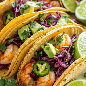 - 1 lb (450g) large shrimp, peeled and deveined - 1 tablespoon extra virgin olive oil - 1 teaspoon smoked paprika - 1 teaspoon garlic powder - 1 teaspoon ground cumin - 1/2 teaspoon sea salt - 1/4 teaspoon freshly ground black pepper - 1 cup red cabbage, finely shredded - 1 jalapeño, thinly sliced (optional for added heat) - 1/4 cup fresh cilantro, roughly chopped - Juice of 1 lime - 8 small corn tortillas - 1 ripe avocado, pitted and sliced - 1/2 cup creamy avocado dressing or sour cream These ingredients make the perfect base for easy shrimp tacos. You need fresh shrimp to get the best taste. The spices like smoked paprika and cumin add warmth and depth. The red cabbage gives a nice crunch. If you like heat, add jalapeño. I love to top my tacos with creamy avocado and fresh cilantro. Fresh lime juice brightens the flavors and gives a zesty kick. The corn tortillas are key for a traditional texture. You can find the complete list of ingredients in the Full Recipe. Whether you are cooking for family or friends, these ingredients come together quickly and easily. Enjoy the vibrant colors and flavors this dish brings to your table! To start, take 1 pound of shrimp, peeled and deveined. Place the shrimp in a bowl. Pour in 1 tablespoon of extra virgin olive oil. Add spices: 1 teaspoon smoked paprika, 1 teaspoon garlic powder, 1 teaspoon ground cumin, 1/2 teaspoon sea salt, and 1/4 teaspoon black pepper. Toss everything well. This ensures each shrimp gets coated in flavor. Cover the bowl and put it in the fridge. Let it marinate for 15 minutes to enhance the taste. Next, heat a skillet over medium-high heat. When the skillet is hot, add the marinated shrimp in a single layer. Cook for 2-3 minutes on each side. You’ll know they are done when they turn pink and opaque. This only takes a few minutes. Once cooked, take them off the heat and transfer them to a plate. In another pan, warm the corn tortillas on medium-low heat. Heat each tortilla for about 30 seconds on each side. This step makes them soft and pliable. Soft tortillas are easier to fold and eat, which is key for a great taco. Now, it’s time to build your tacos. Take a warm tortilla and place a portion of the shrimp in the center. Layer on some shredded red cabbage for crunch. If you like heat, add sliced jalapeños. Top it off with chopped cilantro for freshness. Squeeze fresh lime juice over the top. Add slices of creamy avocado and drizzle with creamy avocado dressing or sour cream for extra flavor. Carefully fold the tortilla over the fillings. Serve immediately while they are warm. For the complete recipe, check out the [Full Recipe]. To make the best shrimp tacos, you need to coat the shrimp well with spices. Use smoked paprika, garlic powder, and cumin. These spices add depth and flavor. Mix them in a bowl with the olive oil first. Then, toss the shrimp in this mixture. Make sure every shrimp gets a good coat. This ensures that every bite is packed with flavor. Do not overcook the shrimp. Cook them only until they turn pink and opaque. This usually takes 2 to 3 minutes on each side. Overcooking makes them tough and chewy. You want them tender and juicy for the best tacos. Fresh corn tortillas are key for great taste and texture. They have a soft, warm feel that pairs well with shrimp. You can find them in many grocery stores. If you want extra crunch, toast them lightly in a pan or on a griddle. This step adds a nice crispness that enhances your taco experience. Presentation matters! Serve your tacos on a colorful platter for a fun look. Use garnishes like lime wedges and chopped cilantro. These not only look good but also add fresh flavors. Think about pairing your tacos with side dishes. Tortilla chips and salsa are a classic choice. They add a nice crunch and extra flavor to your meal. This way, you create a complete dining experience that everyone will love. For the full recipe, check the earlier section. {{image_4}} You can easily swap shrimp for chicken or tofu. Chicken gives a hearty bite, while tofu offers a great plant-based option. Just make sure to season them well. For chicken, cook until no longer pink. For tofu, press it first to remove excess water. The flavor will still shine through. Feel free to play with spices and sauces to change the taste. Try adding chili powder for heat. You can also use lime zest for a bright kick. If you want a sweet twist, a bit of honey or agave can work wonders. Don’t be afraid to mix and match. Toppings can really jazz up your tacos. Instead of just cabbage, try mango salsa for sweetness. Feta cheese adds a salty touch, while shredded carrots give crunch. You can even throw in some pickled onions for a tangy bite. The options are endless, so have fun experimenting! For the full recipe, check out the details above. Store leftover shrimp tacos in an airtight container. This keeps them fresh and tasty. Make sure the shrimp and toppings are separate. If you mix them, the tortillas may get soggy. Use the leftovers within two days for best flavor. To reheat shrimp, use a skillet on medium heat. This step helps keep the shrimp juicy. Cook for about two minutes until warm. Avoid the microwave as it can make shrimp rubbery. Keep an eye on the heat to maintain the right texture. If you want to freeze shrimp tacos, do it right. Freeze the shrimp and tortillas separately. Place shrimp in a freezer bag, and remove as much air as possible. For tortillas, wrap them in foil before putting in a freezer bag. This way, they stay fresh. You can enjoy them later by thawing overnight in the fridge. Then, just reheat the shrimp and warm the tortillas again. For the full recipe, check out how to make these delicious tacos. You can tell shrimp is cooked when it turns pink and opaque. The texture should be firm, not rubbery. Overcooked shrimp can become tough, so watch closely. Cooking time is usually about 2-3 minutes on each side. Once you see the color change, you know they are done. Yes, you can prep some ingredients ahead. Chop the cabbage, slice the jalapeño, and make the sauce early. Store them in the fridge in airtight containers. You can also marinate the shrimp a few hours before cooking. Just keep everything separate until you are ready to serve. Shrimp tacos can be a healthy meal. Shrimp is low in calories and high in protein. Fresh veggies like cabbage and cilantro add vitamins and fiber. Using whole corn tortillas keeps the meal nutritious. Just be mindful of the dressings and toppings to keep it balanced. You can serve shrimp tacos with many sides. Tortilla chips and salsa make a great pair. A simple green salad adds freshness. You might also enjoy a side of black beans or corn. If you want to keep it light, some sliced fruit or guacamole work well too. In this article, we covered how to make delicious shrimp tacos from scratch. We discussed the main ingredients, step-by-step instructions, and tips for perfecting your dish. You learned about variations to keep meals exciting and proper storage to enjoy leftovers later. Remember, fresh ingredients and careful cooking make all the difference. Enjoy experimenting with flavors and toppings to create your unique tacos. Whether for a quick weeknight meal or a gathering, these shrimp tacos are sure to impress. Happy cooking!