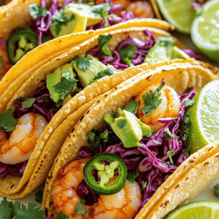 - 1 lb (450g) large shrimp, peeled and deveined - 1 tablespoon extra virgin olive oil - 1 teaspoon smoked paprika - 1 teaspoon garlic powder - 1 teaspoon ground cumin - 1/2 teaspoon sea salt - 1/4 teaspoon freshly ground black pepper - 1 cup red cabbage, finely shredded - 1 jalapeño, thinly sliced (optional for added heat) - 1/4 cup fresh cilantro, roughly chopped - Juice of 1 lime - 8 small corn tortillas - 1 ripe avocado, pitted and sliced - 1/2 cup creamy avocado dressing or sour cream These ingredients make the perfect base for easy shrimp tacos. You need fresh shrimp to get the best taste. The spices like smoked paprika and cumin add warmth and depth. The red cabbage gives a nice crunch. If you like heat, add jalapeño. I love to top my tacos with creamy avocado and fresh cilantro. Fresh lime juice brightens the flavors and gives a zesty kick. The corn tortillas are key for a traditional texture. You can find the complete list of ingredients in the Full Recipe. Whether you are cooking for family or friends, these ingredients come together quickly and easily. Enjoy the vibrant colors and flavors this dish brings to your table! To start, take 1 pound of shrimp, peeled and deveined. Place the shrimp in a bowl. Pour in 1 tablespoon of extra virgin olive oil. Add spices: 1 teaspoon smoked paprika, 1 teaspoon garlic powder, 1 teaspoon ground cumin, 1/2 teaspoon sea salt, and 1/4 teaspoon black pepper. Toss everything well. This ensures each shrimp gets coated in flavor. Cover the bowl and put it in the fridge. Let it marinate for 15 minutes to enhance the taste. Next, heat a skillet over medium-high heat. When the skillet is hot, add the marinated shrimp in a single layer. Cook for 2-3 minutes on each side. You’ll know they are done when they turn pink and opaque. This only takes a few minutes. Once cooked, take them off the heat and transfer them to a plate. In another pan, warm the corn tortillas on medium-low heat. Heat each tortilla for about 30 seconds on each side. This step makes them soft and pliable. Soft tortillas are easier to fold and eat, which is key for a great taco. Now, it’s time to build your tacos. Take a warm tortilla and place a portion of the shrimp in the center. Layer on some shredded red cabbage for crunch. If you like heat, add sliced jalapeños. Top it off with chopped cilantro for freshness. Squeeze fresh lime juice over the top. Add slices of creamy avocado and drizzle with creamy avocado dressing or sour cream for extra flavor. Carefully fold the tortilla over the fillings. Serve immediately while they are warm. For the complete recipe, check out the [Full Recipe]. To make the best shrimp tacos, you need to coat the shrimp well with spices. Use smoked paprika, garlic powder, and cumin. These spices add depth and flavor. Mix them in a bowl with the olive oil first. Then, toss the shrimp in this mixture. Make sure every shrimp gets a good coat. This ensures that every bite is packed with flavor. Do not overcook the shrimp. Cook them only until they turn pink and opaque. This usually takes 2 to 3 minutes on each side. Overcooking makes them tough and chewy. You want them tender and juicy for the best tacos. Fresh corn tortillas are key for great taste and texture. They have a soft, warm feel that pairs well with shrimp. You can find them in many grocery stores. If you want extra crunch, toast them lightly in a pan or on a griddle. This step adds a nice crispness that enhances your taco experience. Presentation matters! Serve your tacos on a colorful platter for a fun look. Use garnishes like lime wedges and chopped cilantro. These not only look good but also add fresh flavors. Think about pairing your tacos with side dishes. Tortilla chips and salsa are a classic choice. They add a nice crunch and extra flavor to your meal. This way, you create a complete dining experience that everyone will love. For the full recipe, check the earlier section. {{image_4}} You can easily swap shrimp for chicken or tofu. Chicken gives a hearty bite, while tofu offers a great plant-based option. Just make sure to season them well. For chicken, cook until no longer pink. For tofu, press it first to remove excess water. The flavor will still shine through. Feel free to play with spices and sauces to change the taste. Try adding chili powder for heat. You can also use lime zest for a bright kick. If you want a sweet twist, a bit of honey or agave can work wonders. Don’t be afraid to mix and match. Toppings can really jazz up your tacos. Instead of just cabbage, try mango salsa for sweetness. Feta cheese adds a salty touch, while shredded carrots give crunch. You can even throw in some pickled onions for a tangy bite. The options are endless, so have fun experimenting! For the full recipe, check out the details above. Store leftover shrimp tacos in an airtight container. This keeps them fresh and tasty. Make sure the shrimp and toppings are separate. If you mix them, the tortillas may get soggy. Use the leftovers within two days for best flavor. To reheat shrimp, use a skillet on medium heat. This step helps keep the shrimp juicy. Cook for about two minutes until warm. Avoid the microwave as it can make shrimp rubbery. Keep an eye on the heat to maintain the right texture. If you want to freeze shrimp tacos, do it right. Freeze the shrimp and tortillas separately. Place shrimp in a freezer bag, and remove as much air as possible. For tortillas, wrap them in foil before putting in a freezer bag. This way, they stay fresh. You can enjoy them later by thawing overnight in the fridge. Then, just reheat the shrimp and warm the tortillas again. For the full recipe, check out how to make these delicious tacos. You can tell shrimp is cooked when it turns pink and opaque. The texture should be firm, not rubbery. Overcooked shrimp can become tough, so watch closely. Cooking time is usually about 2-3 minutes on each side. Once you see the color change, you know they are done. Yes, you can prep some ingredients ahead. Chop the cabbage, slice the jalapeño, and make the sauce early. Store them in the fridge in airtight containers. You can also marinate the shrimp a few hours before cooking. Just keep everything separate until you are ready to serve. Shrimp tacos can be a healthy meal. Shrimp is low in calories and high in protein. Fresh veggies like cabbage and cilantro add vitamins and fiber. Using whole corn tortillas keeps the meal nutritious. Just be mindful of the dressings and toppings to keep it balanced. You can serve shrimp tacos with many sides. Tortilla chips and salsa make a great pair. A simple green salad adds freshness. You might also enjoy a side of black beans or corn. If you want to keep it light, some sliced fruit or guacamole work well too. In this article, we covered how to make delicious shrimp tacos from scratch. We discussed the main ingredients, step-by-step instructions, and tips for perfecting your dish. You learned about variations to keep meals exciting and proper storage to enjoy leftovers later. Remember, fresh ingredients and careful cooking make all the difference. Enjoy experimenting with flavors and toppings to create your unique tacos. Whether for a quick weeknight meal or a gathering, these shrimp tacos are sure to impress. Happy cooking!