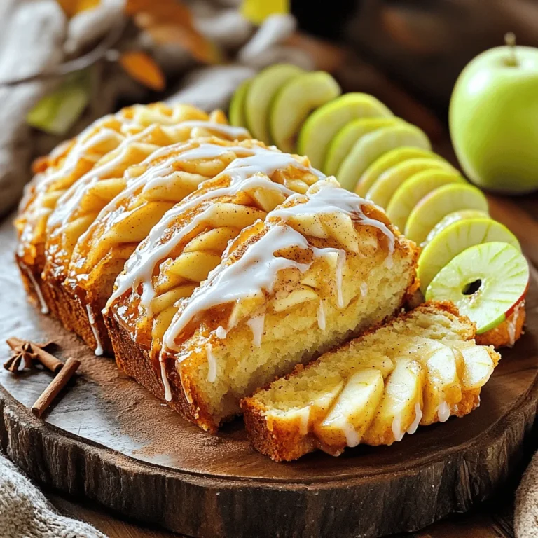 - 2 cups all-purpose flour - 1 tablespoon baking powder - 1/2 teaspoon salt - 1 teaspoon ground cinnamon - 1 tablespoon granulated sugar - 1/2 cup unsalted butter, melted - 3/4 cup packed brown sugar - 1 large egg, at room temperature - 1 teaspoon pure vanilla extract - 1/2 cup milk, at room temperature - 2 medium Granny Smith apples, peeled and diced - 1/2 cup chopped walnuts (optional) - 1 cup powdered sugar (for glaze) - 3 tablespoons milk (for glaze) Let’s dive into the ingredients! For the base of this recipe, you need essential ingredients like flour, baking powder, and sugar. The flour gives the bread its structure. Baking powder helps it rise, while salt and cinnamon add nice flavor. I like to combine dry ingredients first to mix them well. Next, we have the wet ingredients. Melted butter and brown sugar create a rich, sweet base. The egg binds everything together, and the vanilla gives it a lovely aroma. Remember to use room temperature milk for a smooth blend. Now, for the fun part! The add-ins make this bread special. Diced Granny Smith apples add tartness and moisture. If you like a little crunch, toss in some chopped walnuts. They also bring a nutty flavor that pairs well with apples. Finally, we need to make a sweet glaze. The glaze includes powdered sugar and milk. This simple mix will drizzle beautifully over your finished bread, adding a sweet finish that you won’t want to miss. If you want to see how to put it all together, check the Full Recipe. - Preheat the oven to 350°F (175°C). - Grease a 9x5-inch loaf pan with butter or cooking spray. First, you want to make sure your oven is nice and hot. Preheating it to 350°F helps the bread rise well. Greasing the loaf pan ensures the bread comes out easily when you're ready to slice it. - Combine flour, baking powder, salt, cinnamon, and sugar. In a large mixing bowl, add your dry ingredients. Start with the all-purpose flour. Then, add baking powder, salt, ground cinnamon, and granulated sugar. Whisk these together until there are no lumps. This step makes sure your bread has the best texture. - Whisk together butter, brown sugar, egg, vanilla, and milk. Now, grab another bowl for your wet ingredients. Whisk the melted butter and packed brown sugar until smooth. Then, add the egg, vanilla extract, and milk. Keep whisking until everything blends perfectly. This mix adds richness and flavor to your bread. - Gently fold wet ingredients into dry ingredients. Next, pour your wet mixture into the bowl with dry ingredients. Use a spatula or wooden spoon to stir gently. You want to mix until the flour is just moistened. Don't worry about lumps; they are okay! Overmixing can make the bread tough. - Incorporate diced apples and optional walnuts. Now, it’s time to add some crunch! Fold in diced Granny Smith apples and chopped walnuts if you like. Make sure they are evenly spread throughout the batter. Apples add moisture and flavor, while walnuts give a nice texture. - Transfer batter to loaf pan and bake for 50-60 minutes. Carefully pour the batter into the greased loaf pan. Smooth the top with your spatula. Place it in the preheated oven and bake for 50 to 60 minutes. The bread is ready when a toothpick inserted in the center comes out clean or with a few moist crumbs attached. - Mix powdered sugar and milk for glaze. While the bread bakes, you can prepare the glaze. In a small bowl, whisk together the powdered sugar and 3 tablespoons of milk. Keep mixing until you get a smooth, pourable glaze. This glaze adds sweetness and makes the bread shine. - Cool bread in pan then drizzle glaze on top. Once the bread is done, take it out of the oven. Let it cool in the pan for about 10 minutes. After that, carefully move it to a wire rack to cool completely. While the bread is still warm, drizzle the glaze generously over the top. Let it soak in for extra flavor. For the full recipe, refer back to the ingredients and steps outlined above. Enjoy your delicious Glazed Apple Fritter Bread! - Do not overmix batter: When you mix the wet and dry ingredients, stir gently. Overmixing can lead to dense bread. A few lumps are okay. This keeps the final product light and fluffy. - Use room temperature ingredients: Ingredients like eggs and milk blend better at room temperature. This helps create a smooth batter and enhances the bread's overall texture. - Check doneness with a toothpick: Insert a toothpick into the center of the bread. If it comes out clean, your bread is ready. If it has wet batter on it, bake a bit longer. - Adjust baking time for different ovens: Every oven is unique. You might need to tweak the baking time. Keep an eye on your bread as it bakes to avoid overcooking. - Drizzle glaze while bread is warm: The warm bread absorbs the glaze better. This makes the bread extra moist and flavorful. Use a spoon or a squeeze bottle for an even drizzle. - Experiment with glaze thickness: If you want a thicker glaze, use less milk. For a thinner glaze, add more milk. This lets you customize the look and taste to your liking. For the complete recipe, check out the Full Recipe section. {{image_4}} You can switch up the apples in this recipe. I love using Honeycrisp or Fuji apples. These apples add a nice sweetness and crunch that works well in the bread. They hold their shape and provide a great texture. If you prefer a tart flavor, Granny Smith apples are perfect too. Each variety brings its own charm. Don’t be afraid to add more flavors! Spices can change the game. Adding nutmeg or allspice gives a warm taste that feels cozy. You can also try adding citrus zest, like lemon or orange. This brightens the bread and adds a fresh twist. A little zest goes a long way! If you want a healthier bread, there are easy swaps. You can use whole wheat flour instead of all-purpose flour. This adds fiber and nutrients. You can also cut back on sugar or use natural sweeteners like honey or maple syrup. These changes keep the flavor while making it healthier. Enjoy your delicious treat in a better way! To keep your glazed apple fritter bread fresh, store it in an airtight container at room temperature. This method helps maintain its moisture and flavor. You can enjoy it for up to three days without losing quality. Avoid placing it in the fridge, as this can make it dry. If you want to save some for later, freezing is a great option. Wrap the bread tightly in plastic wrap first, then cover it with aluminum foil. This double wrapping prevents freezer burn and keeps the bread tasty. You can freeze it for up to three months. When you're ready to enjoy it, just thaw it at room temperature. To bring back the warm, fresh taste of your glazed apple fritter bread, reheat it gently. You can warm it in an oven set to 350°F (175°C) for about 10-15 minutes. If you prefer the microwave, heat it in short bursts of 15 seconds, checking each time. This way, the bread stays moist and delicious, ready for your next bite! Yes, you can make this recipe gluten-free. Use a gluten-free flour blend instead of all-purpose flour. Look for blends that work well in baking. These usually contain a mix of rice flour, potato starch, and tapioca flour. You may also want to add a binding agent like xanthan gum. This helps improve texture. The bread lasts about 3 to 5 days at room temperature. Store it in an airtight container to keep it fresh. If you want it to last longer, you can freeze it. Wrap it tightly in plastic wrap and then in foil. It can last for up to 3 months in the freezer. Yes, you can prepare the batter a day before. Mix all the ingredients and place the batter in the fridge. When you are ready to bake, just pour it into the loaf pan and bake as directed. This can save you time on busy days. You can serve this bread with a variety of options. Try it with a scoop of vanilla ice cream for a treat. A dollop of whipped cream also pairs well. For a savory touch, cream cheese spread adds a nice contrast. Enjoy it with a warm cup of coffee or tea. These will make your meal even better. This blog post highlighted a delicious recipe for glazed apple fritter bread. We detailed essential ingredients and gave clear steps for baking. Remember to mix wet and dry ingredients gently and keep an eye on baking time. Feel free to add your favorite spices or healthy swaps. Store it properly to enjoy later, or freeze for future treats. This recipe lets you explore flavors and create lasting memories in your kitchen. Enjoy your baking journey and share this tasty delight with friends or family!