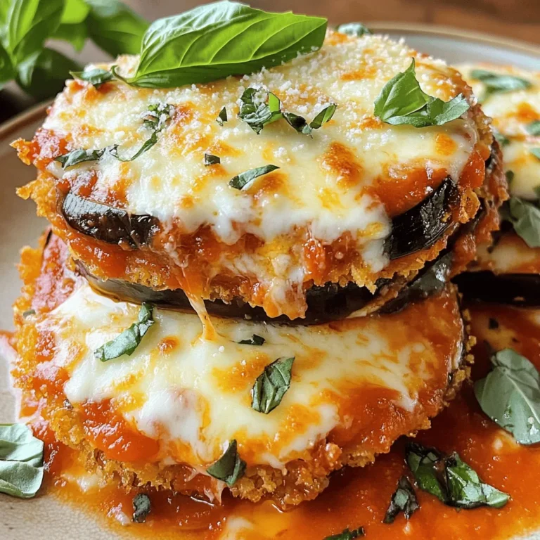For a tasty Eggplant Parmesan, you need: - 2 medium eggplants, sliced into 1/4-inch rounds - 1 teaspoon coarse salt - 1 cup all-purpose flour - 3 large eggs, beaten until frothy - 2 cups whole wheat breadcrumbs - 3 cups marinara sauce (either store-bought or homemade) - 2 cups shredded mozzarella cheese - 1 cup freshly grated Parmesan cheese - 1 tablespoon dried oregano - 1 tablespoon fresh basil, finely chopped (plus extra leaves for garnish) - Olive oil for frying - Freshly ground black pepper, to taste While the main ingredients shine, you can add: - Red pepper flakes for heat - Sliced mushrooms for extra flavor - Spinach for added nutrition - Zucchini slices for variety You also need some basic kitchen tools: - Large skillet for frying - 9x13-inch baking dish for assembly - Three shallow bowls for breading - Colander for draining eggplant - Paper towels for drying These items make the process smooth and easy. Each step flows better with good tools. Don't forget to check your pantry for these staples. This will help you start cooking right away! If you want the full recipe, refer to the recipe section above. Start with two medium eggplants. Slice them into 1/4-inch rounds. Place the slices in a colander. Sprinkle them with 1 teaspoon of coarse salt. Let them sit for about 30 minutes. This helps remove moisture and bitterness. After 30 minutes, rinse the slices under cold water. Pat them dry with paper towels. This step is key for a great texture in your dish. Now, let’s set up your breading station. Grab three shallow bowls. In the first bowl, add 1 cup of all-purpose flour. In the second bowl, pour in 3 large beaten eggs. In the third bowl, mix 2 cups of whole wheat breadcrumbs with 1 tablespoon of dried oregano and a pinch of black pepper. This mix adds flavor and crunch to your eggplant. Next, heat some olive oil in a large skillet. Pour enough oil to cover the bottom well. Heat the oil over medium-high heat. Once hot, take a slice of breaded eggplant. Carefully add it to the oil. Fry each slice for about 3-4 minutes per side. Look for a nice golden brown color. When done, transfer them to a plate lined with paper towels. This helps drain any extra oil. Preheat your oven to 375°F (190°C). Grab a 9x13-inch baking dish. Start with a layer of marinara sauce at the bottom. Layer half of the fried eggplant slices over the sauce. Then sprinkle some shredded mozzarella and grated Parmesan cheese on top. Repeat these layers with the remaining slices, more marinara, and cheese. This will create the perfect cheesy goodness. Cover your baking dish tightly with foil. Place it in the preheated oven. Bake for 25 minutes. After that, carefully remove the foil. Bake for another 15-20 minutes. Look for bubbling and golden brown cheese on top. This is when it becomes truly delicious. Once out of the oven, let it rest for about 10 minutes. This helps it set well. Garnish with fresh basil leaves for a bright finish. Serve your Eggplant Parmesan warm and enjoy every bite. For the full recipe and more details, check out the complete guide. Breading is key for flavor and texture. Use three bowls for easy coating. Start with flour, then dip in egg, and finally coat with breadcrumbs. Mix the breadcrumbs with dried oregano and some black pepper. This will add great taste. Always shake off excess flour and egg. This helps the breading stick well. To get crispy eggplant, be sure to salt it first. This step draws out moisture. Let the slices sit for 30 minutes, then rinse and dry them. Fry in hot olive oil to ensure a golden crust. Cook in small batches to avoid steaming. Each slice should have space to crisp up nicely. You can bake or air-fry the eggplant if you want a lighter dish. For baking, brush the slices with olive oil and place them on a baking sheet. Bake at 375°F for about 25 minutes until golden. For air-frying, set it at 350°F and cook for 15-20 minutes. Both methods give you a healthier option while keeping great flavor. For the full recipe, check out the Cheesy Eggplant Delight section! {{image_4}} If you want a gluten-free version, swap the all-purpose flour and breadcrumbs. Use almond flour or gluten-free flour for coating. You can find gluten-free breadcrumbs at most stores too. Just check the label to make sure it fits your needs. This way, you can still enjoy the crispy texture without the gluten. For a vegan take on eggplant Parmesan, skip the eggs and cheese. Instead, use a mix of ground flaxseed and water to replace the eggs. For cheese, try cashew cheese or a store-bought vegan cheese. You still get that rich taste without any animal products. This version is perfect for those who love plant-based meals. You can play with different cheeses in your eggplant Parmesan. If you want a sharper flavor, consider using aged provolone or gouda. For a creamier texture, ricotta cheese is an option. Mixing cheeses creates a unique taste. Feel free to experiment to find your favorite blend! Each variation maintains the essence of the classic dish while catering to different diets and preferences. You can make eggplant Parmesan work for everyone at your table! For the complete recipe, check out the [Full Recipe]. Store any leftover Eggplant Parmesan in an airtight container. Keep it in the fridge. It will stay fresh for up to three days. If you want, you can put it in smaller portions. This way, it's easy to reheat later. Make sure to let the dish cool to room temperature before sealing it. To reheat, use your oven for the best results. Preheat the oven to 350°F (175°C). Place the Eggplant Parmesan in an oven-safe dish. Cover it with foil to keep it moist. Heat for about 20-25 minutes until it is warm throughout. You can also use a microwave. Heat on medium power for about 2-3 minutes, checking frequently. You can freeze Eggplant Parmesan for later use. First, let it cool completely. Then, slice it into portions. Wrap each piece tightly in plastic wrap. Place the wrapped slices in a freezer bag or container. This helps prevent freezer burn. It will last for up to three months in the freezer. When you’re ready to eat, thaw in the fridge overnight. Reheat in the oven for the best texture. Enjoy your Cheesy Eggplant Delight again! The best way to slice eggplant is to cut it into 1/4-inch rounds. This thickness helps the eggplant cook evenly. It also allows the flavors to blend nicely with the sauce and cheese. Always remember to use a sharp knife for clean cuts. This makes it easier to layer them in your dish. You can use frozen eggplant, but it may not be as good. Frozen eggplant often loses some texture. If you decide to use it, thaw it first. Squeeze out any extra moisture before breading and frying. This will help keep your dish from getting soggy. To prevent sogginess, salt the sliced eggplant before cooking. This draws out moisture, making it less watery. Also, fry the eggplant slices until they're golden brown. This gives them a nice crunch. Layer the eggplant properly in the dish, and don't skip the baking step. Eggplant Parmesan pairs well with a fresh salad. A simple green salad adds a nice crunch. Garlic bread is also a great choice. The bread helps soak up any extra sauce. You can also serve it with pasta for a heartier meal. Eggplant Parmesan lasts about 3 to 5 days in the fridge. Store it in an airtight container. If you want to keep it longer, consider freezing it. Just make sure to label it with the date. This way, you’ll know when to use it. For the full recipe, check the earlier section. This blog post covered how to make delicious Eggplant Parmesan. You learned about essential and optional ingredients. I shared step-by-step instructions for preparation, cooking, and serving. Tips for perfecting the dish, variations, and proper storage were also included. Eggplant Parmesan is simple and tasty. With a few tricks, anyone can make it great. Enjoy the process and the meal!