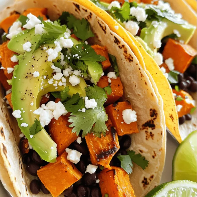 - 2 medium sweet potatoes - 1 can black beans - 8 small tortillas - Olive oil - Ground cumin - Smoked paprika - Chili powder - Sea salt and black pepper - Avocado - Feta or queso fresco - Fresh cilantro - Lime wedges The main ingredients for these savory sweet potato black bean tacos are simple and healthy. Sweet potatoes are the star here. They bring natural sweetness and a soft texture. Black beans add protein and fiber, making these tacos filling. You can use either corn or flour tortillas for a great base. For seasoning, olive oil is key. It helps to roast the sweet potatoes perfectly. Ground cumin gives a warm, earthy flavor. Smoked paprika adds a nice smokiness. Chili powder brings a gentle heat, while sea salt and black pepper enhance all the flavors. Don't forget the optional toppings! Avocado adds creaminess. Feta or queso fresco gives a nice salty bite. Fresh cilantro adds brightness, and lime wedges bring a zesty finish. You can find the full recipe for these tacos [here](Full Recipe). - Preheat the oven to 425°F (220°C). - Peel and dice the sweet potatoes into 1-inch cubes. - In a bowl, toss sweet potatoes with olive oil, cumin, smoked paprika, and chili powder. - Add sea salt and freshly ground black pepper to taste. - Spread the sweet potatoes on a baking sheet. Roast for 20-25 minutes, stirring halfway. - Pour the rinsed black beans into a saucepan. - Warm over medium heat for 5-7 minutes. Season with salt and pepper. - Heat tortillas in a skillet for about 30 seconds on each side. - This makes them soft and ready for filling. - Place roasted sweet potatoes and black beans on each tortilla. - Top with avocado slices and any optional toppings, like feta or cilantro. - Serve with lime wedges for a zesty finish. For the full recipe, refer to the complete guide. Enjoy your savory sweet potato black bean tacos! To roast sweet potatoes well, cut them into uniform pieces. This helps them cook evenly. Spread them out on the baking sheet without crowding. For caramelization, roast at a high heat, around 425°F (220°C). The edges should brown and become crispy. Stir them halfway through to ensure all sides get that nice caramelized look. Choosing between corn and flour tortillas depends on your taste. Corn tortillas are gluten-free and have a nice flavor. Flour tortillas are soft and chewy. To make tortillas pliable, warm them in a dry skillet for about 30 seconds on each side. This makes them easier to fill and fold without breaking. Spices bring life to your tacos. Ground cumin and smoked paprika are great choices. They add warmth and depth. If you want more heat, try chili powder. For toppings, avocado adds creaminess. Feta or queso fresco gives a salty kick. Fresh cilantro adds brightness. Lime wedges offer a zesty finish. For more unique flavors, consider adding pickled onions or salsa. For the full recipe, check the link above. {{image_4}} You can easily adapt these tacos to make them even more delicious. - Add more veggies like bell peppers, corn, or zucchini for extra flavor. - Swap black beans for chickpeas or lentils if you want a different protein. If you love heat, spice things up! - Add sliced jalapeños for a fresh, spicy crunch. - Use your favorite hot sauce to give your tacos a fiery boost. Explore different flavors by changing your toppings. - Try mango salsa or pickled red onions for a tropical twist. - Use feta cheese or tahini for a Middle Eastern vibe. These variations make your Sweet Potato Black Bean Tacos fun and unique! For the complete recipe, check the Full Recipe section. To keep your sweet potato black bean tacos fresh, store them in an airtight container. Place the assembled tacos in the fridge for up to three days. If you separate the filling and tortillas, they can last longer. The sweet potato and black bean mix stays good for about five days. For reheating, I recommend using an oven or skillet. Preheat your oven to 350°F (175°C) and warm the tacos for about 10 minutes. In a skillet, heat each taco for about two minutes on each side. To prevent sogginess, place a paper towel in the container to absorb moisture. You can freeze the components of the tacos separately. Freeze the sweet potato and black bean mix in a freezer-safe bag for up to three months. When ready to enjoy, thaw overnight in the fridge. For tacos, I suggest freezing only the filling. This keeps the tortillas fresh and easy to warm later. Yes, you can prep tacos ahead of time. Roast the sweet potatoes and warm the black beans. Store them in separate containers in the fridge. You can warm them up when you are ready to eat. For tortillas, you can heat them just before serving. This keeps everything fresh and tasty. If you don’t have black beans, try pinto beans or kidney beans. You can also use lentils or chickpeas for a different flavor. These alternatives add protein and texture. Choose what you like best for your tacos. Yes, these tacos can be gluten-free! Use corn tortillas for a gluten-free option. Check the labels to ensure they are certified gluten-free. You can also find gluten-free flour tortillas if you prefer those. Add more ingredients to make your tacos hearty. Consider adding cooked quinoa or brown rice for extra fiber. You can also add more veggies like bell peppers or corn for a crunchy bite. Try serving with a side salad for a complete meal. Serve tacos with a side of Mexican rice or a fresh salad. Guacamole and salsa are great dips too. You can also add corn on the cob for a sweet touch. These sides enhance the flavors and make your meal more satisfying. In this post, we covered how to make delicious Sweet Potato Black Bean Tacos. You learned about key ingredients, preparation steps, and useful tips. Roasting sweet potatoes with spices adds flavor, while warm tortillas hold all the goodness. Variations let you customize your tacos to fit your taste. Remember, you can store and reheat leftovers easily. These tacos are not just tasty; they are nutritious and fun to make. Enjoy creating your own version and sharing it with others!