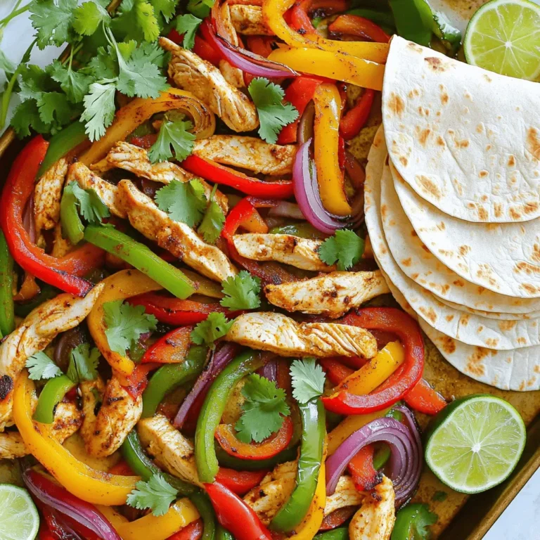 - 1 pound boneless, skinless chicken breast, thinly sliced into strips - 1 red bell pepper, julienned - 1 yellow bell pepper, julienned - 1 green bell pepper, julienned - 1 large red onion, thinly sliced - 3 tablespoons extra virgin olive oil - 2 teaspoons ground chili powder - 1 teaspoon sweet paprika - 1 teaspoon ground cumin - 1 teaspoon garlic powder - Salt and freshly ground black pepper to taste - 8 small flour or corn tortillas - Fresh cilantro, chopped (for garnish) - Lime wedges (for serving) You might want to add some extra flavor. Consider these options: - Assorted vegetables like zucchini or mushrooms - Spices such as cayenne pepper or onion powder To make cooking easier, gather these tools: - Large mixing bowl - Rimmed sheet pan - Tongs or spatula for mixing Using these ingredients and tools will set you up for success. They ensure that your sheet pan fajitas are flavorful and quick to prepare. For the full recipe, check out the details above. 1. Preheat the oven to 400°F (200°C). This helps the fajitas cook evenly. 2. In a large bowl, combine 1 pound of thinly sliced chicken, 1 red bell pepper, 1 yellow bell pepper, and 1 large red onion. 3. Drizzle 3 tablespoons of olive oil over the mixture. Add in the spices: 2 teaspoons of ground chili powder, 1 teaspoon of sweet paprika, 1 teaspoon of ground cumin, and 1 teaspoon of garlic powder. Season with salt and pepper to your taste. 1. Spread the chicken and vegetable mixture evenly on a large sheet pan. Make sure not to overcrowd the pan. 2. Bake the fajitas in the oven for 20-25 minutes. Stir halfway through to ensure even cooking. The chicken should reach 165°F (75°C) to be safe. 3. While the fajitas bake, warm up your tortillas. You can heat them in a skillet for about 30 seconds on each side, or wrap them in foil and warm them in the oven during the last 5 minutes. 1. Once the fajitas are done, take the pan out of the oven and let it rest for 1 minute. 2. Place a generous amount of the fajita mixture onto each warm tortilla. 3. Garnish with chopped cilantro and serve lime wedges on the side. This adds a fresh twist to your meal! For a detailed guide, check out the Full Recipe. To ensure even cooking of chicken and vegetables, cut them into similar sizes. This helps them cook at the same rate. Spread everything out on the sheet pan without overcrowding. If you pile them up too much, they may steam instead of roast. Stir the mixture halfway through baking. This timing is key. It helps brown the chicken and veggies nicely. Aim to stir at about the 10- to 15-minute mark. Your fajitas will turn out more flavorful and appealing. For serving, arrange the fajitas on a large, colorful platter. Place the warm tortillas on one side. Pile the sizzling fajita mix next to them. It makes a great visual impact. Garnish your dish with fresh cilantro and lime wedges. This adds color and freshness. You can also add avocado slices or diced tomatoes. These little touches make your meal look more inviting. Don’t forget the toppings! Sour cream, guacamole, and salsa elevate your fajitas. Each adds a nice layer of flavor. Pair your fajitas with margaritas or a refreshing mocktail. The bright citrus notes complement the spices in the dish. This drink pairing makes your meal feel even more special. You can find the Full Recipe to get all the details you need to make these delicious fajitas! {{image_4}} You can change the protein in your fajitas easily. Instead of chicken, try beef. Thinly slice flank steak or skirt steak. If you prefer shrimp, use large shrimp and cook them for less time. Tofu is a great option for vegetarians. Just press it to remove water, then slice it into strips. Each protein brings its own flavor and texture. For a plant-based version, skip the chicken and use mushrooms or jackfruit. Mushrooms add a meaty texture. Use portobello or shiitake mushrooms for best results. Jackfruit has a great texture too. It absorbs flavors well and makes a perfect meat substitute. Just shred it before adding it to the pan. Adjust the spice level to fit your taste. If you like mild flavors, use less chili powder. Add a pinch of paprika for sweetness without heat. For those who want heat, try cayenne pepper or a spicy seasoning blend. You can also serve hot sauce on the side for added kick. Each adjustment lets you create a fajita just for you. To store your fajitas, let them cool first. Place them in an airtight container. You can keep them in the fridge for up to three days. Make sure to separate the chicken and veggies from the tortillas. This keeps everything fresh and tasty. When you want to enjoy your leftovers, you have a few options. You can use the microwave. Just place the fajitas on a plate and cover them with a damp paper towel. Heat for about 1-2 minutes. Alternatively, you can reheat them in a skillet over medium heat. Stir occasionally for even warmth. This helps keep the chicken juicy and the veggies crisp. If you want to save some for later, freezing is a great choice. Divide the fajitas into portions. Place them in freezer-safe bags or containers. Squeeze out as much air as possible before sealing. You can freeze them for up to three months. When you’re ready to eat, thaw them in the fridge overnight before reheating. This keeps all the flavors intact. You can reheat sheet pan fajitas in two easy ways. The microwave is quick. Place the fajitas on a microwave-safe plate. Heat for about 1-2 minutes. Check to make sure it's hot all the way through. If you want them crispy, use the oven. Preheat your oven to 350°F (175°C). Put the fajitas on a baking sheet. Heat for about 10 minutes. This keeps them crunchy and tasty. Yes, you can use frozen chicken! Just make sure to thaw it first. You can do this overnight in the fridge. If you’re in a hurry, run it under cold water in a sealed bag. Once thawed, slice it thinly. This helps it cook evenly with the veggies. Leftovers can last up to 3 days in the fridge. Store them in an airtight container. This keeps them fresh and safe to eat. Always check for any signs of spoilage before eating. Absolutely! You can slice the chicken and veggies a day before. Keep them in the fridge in separate containers. This saves time on cooking day. You can also mix the spices in a bowl. This way, you’re ready to go when it's time to cook. Fajitas go great with many drinks! For cocktails, try margaritas or mojitos. They add a nice zing. If you prefer non-alcoholic drinks, go for limeade or soda water with lime. Both options balance the spice of the fajitas well. You can find the full recipe for these delicious fajitas right here: Full Recipe. It has all the steps and tips you need for a perfect meal. To wrap up, this blog post covers how to make delicious fajitas. We reviewed necessary ingredients, easy steps for cooking, and tips for serving. You learned about flavor options and storage advice too. Fajitas are fun to customize with choice proteins and spices. Remember to enjoy them fresh or stored for later. This recipe is designed to please everyone at the table. Now, let's get cooking and make this meal a hit!