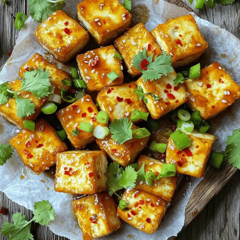 - Firm tofu - Soy sauce and sesame oil - Seasonings and garnishes - 1 block (14 oz) firm tofu, well-pressed and drained - 3 tablespoons cornstarch - 2 tablespoons soy sauce (low-sodium preferred) - 1 tablespoon sesame oil - 1 tablespoon pure maple syrup - 1 teaspoon garlic powder - 1 teaspoon onion powder - ½ teaspoon red pepper flakes (optional for additional heat) - Salt and freshly cracked black pepper, to taste - 1 tablespoon olive oil (for preparing the baking sheet) - Fresh herbs (such as cilantro or sliced green onions) for garnishing - Red pepper flakes for heat - Variations in herbs for garnish When you gather these ingredients, ensure your tofu is firm. This gives the best texture. Soy sauce and sesame oil add depth and umami flavor. The seasonings, like garlic and onion powder, enhance the taste further. You can choose to add red pepper flakes if you like some heat. Fresh herbs at the end bring freshness and color. For the exact measurements, I always recommend weighing your ingredients. This helps in getting the best results every time. You can find the full recipe linked above to guide you through the process. 1. Preheat your oven to 400°F (200°C). This helps the tofu cook evenly. 2. Cut the pressed tofu into bite-sized cubes or triangles. This makes for a nice presentation. 1. In a medium bowl, mix soy sauce, sesame oil, maple syrup, garlic powder, onion powder, and red pepper flakes. A pinch of salt and pepper adds great flavor. 2. Carefully toss the tofu in the marinade. Make sure every piece is coated well. Let it sit for 15-20 minutes to soak in the flavors. 1. Sprinkle cornstarch over the marinated tofu. Toss gently until each piece is coated. This step is key for crispiness. 2. Line a baking sheet with parchment paper. Lightly oil it to keep the tofu from sticking. Arrange the tofu in a single layer. 3. Bake for 25-30 minutes. Flip the tofu halfway through. This ensures even cooking and gives you that crispy texture you want. For the full recipe, check out the details and enjoy the taste of this crispy baked tofu! To make your tofu extra crispy, start by pressing it well. This step removes excess water, allowing the tofu to absorb flavor and become crunchy. Use a tofu press or wrap the tofu in a clean towel and place a heavy object on top. Let it press for at least 15 minutes. Next, use cornstarch effectively. After marinating the tofu, sprinkle cornstarch over it. Toss the tofu gently until every piece is coated. Cornstarch creates a crispy outer layer during baking. It forms a nice crust that adds texture and crunch. Don't be afraid to experiment with different marinades. You can try adding ginger, lime juice, or even peanut butter. Each addition brings its own twist to the dish. A good marinade makes all the difference in taste. Consider additional seasoning ideas too. Try adding smoked paprika, cumin, or even nutritional yeast for a cheesy flavor. These seasonings can elevate your crispy baked tofu to a whole new level. Pair your crispy baked tofu with simple side dishes. Steamed vegetables, rice, or quinoa work well. These sides balance the meal and add nutrition. Get creative with how you serve crispy baked tofu. You can make a tofu salad, add it to tacos, or toss it in stir-fries. The options are endless! For an exciting touch, garnish with fresh herbs like cilantro or sliced green onions. This adds color and flavor to your dish. For the complete recipe, check out the full recipe. {{image_4}} You can change the taste of crispy baked tofu easily. For an Asian-style twist, use ginger or five-spice powder. These flavors add warmth and depth. You can mix them into the marinade. They will give your tofu a nice kick. If you prefer a Mediterranean twist, try herbs de Provence. This blend brings a fresh and fragrant taste. It works well with olive oil and lemon juice. You can use these herbs to replace your usual spices. This change makes the dish bright and lively. Crispy baked tofu is versatile. You can air fry it for a quick option. Air frying gives your tofu an extra crunch. Set your air fryer to 375°F (190°C). Cook for about 15-20 minutes, shaking the basket halfway through. Another method is stir-frying with baked tofu pieces. After baking, toss the tofu in a hot pan with vegetables. This adds more flavor and color. It also makes a complete meal that is both tasty and fun. Not all tofu is the same. Different types give different textures. Firm tofu is great for baking. It holds its shape well. For a creamier bite, you can use silken tofu. This type is softer and less dense. Just keep in mind that it won't get as crispy. Extra-firm tofu is also a good choice. It has a nice bite and crisps up lovely. You can experiment with all these types to find your favorite texture. For the full recipe, check out the [Full Recipe]. To keep your crispy baked tofu fresh, place it in an airtight container. This helps maintain flavor and texture. Make sure it cools completely before sealing. Store it in the fridge for up to three days. You can use glass or plastic containers. Glass is a great choice as it doesn’t absorb smells. To enjoy your crispy tofu again, reheating is key. The oven is best for keeping it crispy. Preheat your oven to 375°F (190°C). Spread the tofu on a baking sheet in a single layer. Heat for about 10 to 15 minutes. Flip the tofu halfway through for even warmth. If you use a microwave, the tofu may lose its crispiness. For quick reheating, try 30 seconds to 1 minute. Check it often to avoid soggy tofu. Yes, you can freeze crispy baked tofu! First, let it cool completely. Then, wrap it in plastic wrap or foil. Place it in a freezer-safe bag. This way, it stays fresh for up to three months. To prepare tofu for freezing, consider cutting it into smaller pieces. This helps it thaw faster when you are ready to use it. When you want to eat it, simply thaw it in the fridge overnight before reheating. Enjoy your crispy baked tofu again! For a detailed recipe, check the Full Recipe. To make tofu crispier, start with firm or extra-firm tofu. Press it well to remove water. The drier the tofu, the better. Coat it in cornstarch before baking. This gives a nice crunch. Bake at high heat, around 400°F (200°C). Flip the tofu halfway through for even crispiness. The best type of tofu for baking is firm or extra-firm tofu. Soft or silken tofu is too delicate for baking. Firm tofu holds its shape well. It absorbs flavors and gets crispy when cooked. Try using extra-firm tofu if you want even more texture. Yes, you can use other sauces. Tamari is a great gluten-free option. Coconut aminos offer a sweeter taste. You could also try teriyaki sauce for a bold flavor. Each sauce changes the taste, so feel free to experiment. Crispy baked tofu is healthy. Tofu is packed with protein and low in calories. It contains important minerals like calcium and iron. Baking instead of frying cuts down on added fats. This method keeps your meal light and nutritious. Enjoy it as part of a balanced diet. For the full recipe, see above. Crispy baked tofu offers a delicious and versatile way to enjoy this healthy ingredient. We covered its main ingredients, preparation steps, and tips for crispiness. You can customize the flavor and texture with various marinades or cooking methods. Storing leftovers correctly ensures you preserve both taste and quality. Remember, experimenting with spices and side dishes will enhance your meals. Try these techniques, and enjoy your crispy baked tofu in countless ways. Your kitchen adventure is just beginning!