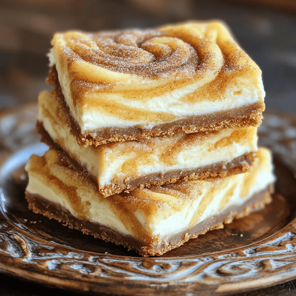 - 1 ½ cups all-purpose flour - ½ teaspoon baking powder - ½ teaspoon ground cinnamon - ½ teaspoon salt - ½ cup (1 stick) unsalted butter, softened at room temperature - 1 cup packed brown sugar - 1 large egg, at room temperature - 1 teaspoon pure vanilla extract - 8 oz cream cheese, softened to room temperature - ½ cup granulated sugar - 1 teaspoon fresh lemon juice - 1 tablespoon cinnamon sugar (for topping) For these churro cheesecake bars, I use simple ingredients. Each one adds to the flavor and texture. The all-purpose flour forms the base. The baking powder helps them rise. Ground cinnamon gives that classic churro taste. Salt balances the sweetness. I always choose unsalted butter because it gives me control over salt levels. Brown sugar is key for its rich taste. It makes the bars moist and chewy. The egg adds structure, while vanilla brings warmth. The cream cheese is the star of the show. Its richness gives a creamy filling. Granulated sugar sweetens it just right. Fresh lemon juice adds a touch of brightness. Finally, the cinnamon sugar topping is like the cherry on top. It makes everything feel special. These ingredients come together for a delightful treat. They make your kitchen smell amazing while baking. You will find the full recipe to guide you through each step. - Preheat the oven to 350°F (175°C). - Line the baking pan with parchment paper. - Whisk together flour, baking powder, cinnamon, and salt. - Beat softened butter and brown sugar together until creamy. - Add egg and vanilla, mix until blended. - Fold in dry ingredients and layer in the baking pan. - Prepare and layer the cream cheese filling. - Drop remaining batter on top and swirl. - Bake until golden brown, about 30-35 minutes. When I make these churro cheesecake bars, I always start by preparing the oven and pan. Preheating the oven to 350°F (175°C) is key. I line my 8x8-inch pan with parchment paper, letting some paper hang over the edges. This makes it easier to lift the bars out later. Next, I mix the dry ingredients. In a medium bowl, I whisk together 1 ½ cups of flour, ½ teaspoon of baking powder, ½ teaspoon of ground cinnamon, and ½ teaspoon of salt. This step is simple, but it helps the bars rise nicely. Now, I move to creaming the butter and sugar. I take ½ cup of softened butter and 1 cup of packed brown sugar. Using an electric mixer, I beat them together until creamy. It takes about 2 to 3 minutes. Then, I add 1 large egg and 1 teaspoon of pure vanilla extract. I mix until everything is blended well. After that, I combine the ingredients. I gently fold in the dry mixture into the butter-sugar mix, being careful not to overmix. This keeps the bars soft and tender. I spread half of this batter into the prepared pan. For the cream cheese filling, I take 8 oz of softened cream cheese, ½ cup of granulated sugar, and 1 teaspoon of fresh lemon juice. I beat these together until smooth. Then, I spread this creamy mixture over the batter in the pan. Finally, I drop spoonfuls of the remaining batter on top and swirl it with a knife for a pretty pattern. I bake the bars in the oven for 30 to 35 minutes. They are done when the edges turn golden brown. Once baked, I sprinkle them with cinnamon sugar while they are warm. This step adds a delightful crunch. I let them cool for 30 minutes before lifting them out using the parchment paper overhang. After that, I cut the bars into squares and enjoy! To get the best texture for your churro cheesecake bars, avoid overmixing the batter. Mix just until combined. This keeps the bars light and fluffy. Also, ensure all ingredients are at room temperature. This helps them blend better, creating a smooth batter. For a fun presentation, elevate your bars with whipped cream. A dollop on the side adds a nice touch. You can also add decorative toppings like chocolate drizzle. This makes your dessert look even more inviting. One common mistake is not allowing the bars to cool properly. If you cut them too soon, they may fall apart. Make sure to let them cool for at least 30 minutes. Another mistake is skipping the cinnamon sugar topping. This topping adds a sweet crunch that makes these bars special. {{image_4}} You can make churro cheesecake bars even better. Adding chocolate chips gives a rich taste. Nuts add a nice crunch. You can also play with spices. Try nutmeg for a warm flavor. Cinnamon is classic, but nutmeg offers a twist. Want to make these bars gluten-free? Just swap all-purpose flour for gluten-free flour. This keeps the taste great and the texture soft. If you're cutting back on sugar, use a sugar alternative. This way, everyone can enjoy the dessert. You can change how you serve these bars too! Cut them into mini bars or cheesecake bites. These bite-sized treats are perfect for parties. Another fun idea is to use them as a sundae topping. Just add ice cream, and you have a delightful dessert. For more ideas, check out the full recipe! To keep your churro cheesecake bars fresh, store them in an airtight container at room temperature. This helps keep the texture nice. If you want to enjoy them for longer, refrigerate them. This way, they can last a few more days. You can freeze these bars for up to 3 months. To do this, wrap them tightly in plastic wrap or foil. When you are ready to eat, just thaw at room temperature before serving. This keeps the flavor intact. If you want to enjoy warm churro cheesecake bars, warm them in a microwave for a few seconds. For a freshly baked taste, reheat them in the oven. Just set it to a low temperature and let them warm up slowly. This brings back their original softness and flavor. For the full recipe, check out the details above. Enjoy your delicious treat! Churro cheesecake bars are a sweet treat that combines two favorites. They have a creamy cheesecake layer surrounded by a soft, cinnamon-sugar crust. You get rich cream cheese flavor mixed with a hint of cinnamon. The bars taste like a churro and cheesecake in each bite. They are perfect for dessert lovers who enjoy unique twists. To make churro cheesecake bars gluten-free, swap all-purpose flour with a gluten-free blend. Look for blends that include rice flour, potato starch, and tapioca flour. These options work well in most recipes. Make sure to check the package for any added ingredients that may contain gluten. This way, you can enjoy these bars without worry. Yes, you can make churro cheesecake bars ahead of time. Bake them, then let them cool completely. Store the cooled bars in an airtight container. They will keep well in the fridge for up to five days. You can also freeze them for up to three months. Thaw them in the fridge before serving for the best taste. You can find pre-made churro cheesecake bars at local bakeries or dessert shops. Some grocery stores may also carry them in the bakery section. If you prefer online shopping, check out dessert delivery services. They often have a variety of treats, including churro cheesecake bars. Serve churro cheesecake bars on a decorative plate for a nice touch. Dust them lightly with cinnamon sugar to enhance their flavor. Adding a dollop of whipped cream on the side makes the dessert even more delightful. You can also serve them warm or at room temperature, depending on your preference. In this post, we explored the delightful Churro Cheesecake Bars. We covered ingredients, step-by-step instructions, and tips for perfect texture. Remember to let the bars cool and use the cinnamon sugar topping for that extra touch. Variations can add flavors, and proper storage keeps them fresh. Enjoy making this treat and share it with friends and family. You’ll impress everyone with your tasty creation!