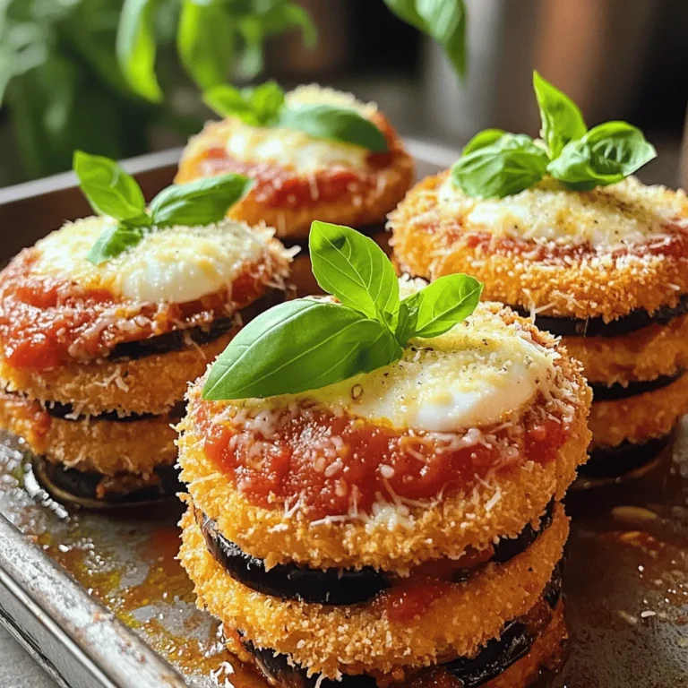 - 2 medium eggplants, sliced into 1/2-inch rounds - 1 cup all-purpose flour - 2 large eggs, beaten - 1 cup breadcrumbs (seasoned optional for enhanced flavor) - 1 cup marinara sauce - 2 cups fresh mozzarella cheese, sliced - 1/2 cup grated Parmesan cheese - 1/4 cup fresh basil leaves, chopped - Olive oil, for frying - Salt and pepper, to taste - Additional spices (garlic powder, oregano) - Vegan cheese alternatives for a dairy-free option When you gather your ingredients, choose fresh eggplants. Look for firm ones without blemishes. These will give your dish great texture and taste. The flour, eggs, and breadcrumbs create a crunchy crust. You can add extra spices to the breadcrumbs for more flavor. For the cheese, use fresh mozzarella for its creamy melt. The Parmesan adds a nice sharpness. Basil brings a fresh note that brightens every bite. If you need a dairy-free option, there are many vegan cheeses available. They can work well and still taste great. You can find the full recipe to guide you in making these delicious Eggplant Parmesan Stacks. Enjoy the cooking process! First, slice the eggplants into 1/2-inch rounds. Generously sprinkle each slice with salt. This step helps draw out moisture and bitterness from the eggplant. Let them rest in a colander for about 30 minutes. After that, rinse each slice under cold water. Pat them dry with paper towels to remove excess moisture. Next, set up your breading station. Place all-purpose flour in one shallow dish, beaten eggs in another, and breadcrumbs in a third. Take each slice of eggplant and dip it into the flour first. Make sure it’s evenly coated. Then, dip it into the beaten eggs, allowing any extra to drip off. Finally, coat the slice with breadcrumbs. Press gently so they stick well. Now, heat olive oil in a skillet over medium-high heat. Make sure there is enough oil to cover the bottom. Fry each slice in batches to avoid crowding. Cook each side for about 3-4 minutes or until they turn golden brown. Once cooked, transfer them to a plate lined with paper towels. This helps soak up any extra oil. Before assembling, preheat your oven to 375°F (190°C). In an oven-safe baking dish, begin layering your ingredients. Start with one fried eggplant slice. Add a spoonful of marinara sauce on top. Then place a few slices of fresh mozzarella. Sprinkle with grated Parmesan cheese and some chopped basil. Repeat this process until you use all the ingredients. Finish with a layer of mozzarella and a sprinkle of Parmesan on top. Carefully place the assembled dish in the preheated oven. Bake for 25-30 minutes. Keep an eye on it until the cheese is bubbling and golden brown. The aroma will fill your kitchen, making everyone eager to eat. For the complete process, check the Full Recipe. - Use fresh, firm eggplants for best results. - Let the salted eggplant rest long enough to remove bitterness. To pick the best eggplant, look for ones that feel heavy and firm. They should have smooth skin, free of blemishes. When you salt the eggplant, it draws out moisture and bitterness. This helps to make the flavor smooth and sweet. After resting, rinse the slices well and pat them dry. This step makes a big difference. - For extra crunch, double coat the eggplant slices. - Experiment with seasoned breadcrumbs for enhanced flavor. When breading, dip the eggplant slices in flour first, then in eggs, and finally in breadcrumbs. For a crunchier texture, repeat the process. You can also spice up your breadcrumbs. Try adding garlic powder, oregano, or even a pinch of paprika. This small change brings out big flavors. - Use a broiler for a few minutes at the end for extra browning. - Allow the dish to cool slightly before slicing. After baking, turn on the broiler for a couple of minutes. This adds a nice golden color to the cheese. Let the dish cool for a few minutes before slicing. This helps the layers stay together and makes serving easier. For the full recipe, check out the section above. {{image_4}} If you want to keep this dish meat-free, it is easy! You can swap out mozzarella and Parmesan for plant-based cheeses. There are many great options in stores now. They melt well and taste good, too. If you need a gluten-free version, use gluten-free flour and breadcrumbs. This way, everyone can enjoy these tasty stacks. To make your Eggplant Parmesan Stacks even better, think about adding extra flavors. Sautéing mushrooms or spinach is a fantastic choice. These add fun layers of taste and texture. If you like a kick, try adding crushed red pepper flakes to your marinara sauce. This will give each bite a little heat that many will love. When serving your Eggplant Parmesan Stacks, think about what goes well with them. A side salad is always nice. It adds freshness and balances the rich cheese. You might also enjoy some garlic bread on the side. It is perfect for soaking up any leftover marinara. For drinks, try pairing these stacks with a light red wine like Chianti. Its flavor complements the dish very well. You can find the full recipe for Eggplant Parmesan Stacks to create your own delicious meal. After enjoying your Eggplant Parmesan Stacks, let them cool. Transfer the leftovers to an airtight container. They will stay fresh for 3-4 days in the refrigerator. This way, you can savor your delicious meal again! If you want to keep your stacks longer, freezing is a great option. Wrap them tightly in plastic wrap and then in foil. This will protect them from freezer burn. You can freeze them for up to 3 months. Just remember to label them with the date. When you're ready to enjoy your frozen stacks, the oven is best for reheating. Preheat it and place the slices inside until they are hot and bubbly. If you’re in a hurry, you can microwave them. Just ensure they are heated through but may lose some texture. Enjoy every bite! Total time is approximately 1 hour and 15 minutes, including prep and cooking. Yes, you can prepare the stacks up to baking. Just refrigerate and bake before serving. Options include a garden salad, crusty bread, or a light pasta dish. Absolutely! Feel free to substitute with any cheeses you prefer for added flavor. Yes, if you use gluten-free flour and breadcrumbs. Slice into 1/2-inch rounds to ensure even cooking and frying. Eggplant Parmesan Stacks are a tasty dish you can make easily. We discussed all the ingredients, including tips for vegetarian and vegan options. The step-by-step process outlined how to prepare, bread, fry, and bake the eggplant to perfection. Remember to store any leftovers properly or freeze them for later. With this guide, you can enjoy flavorful eggplant stacks any day. Try adding your favorite sides to make it even better. Happy cooking!