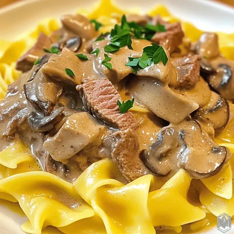 To make the best Beef Stroganoff, you need these main ingredients: - 1 lb (450g) beef sirloin, thinly sliced against the grain - 2 tablespoons extra virgin olive oil - 1 medium yellow onion, finely diced - 3 cloves garlic, minced - 8 oz (225g) cremini mushrooms, sliced - 1 tablespoon all-purpose flour - 1 cup high-quality beef broth These ingredients build the rich and savory base of your dish. The beef sirloin brings a tender bite, while the cremini mushrooms add depth. Now, let's enhance the flavor with these key additions: - 1 cup sour cream, at room temperature - 1 tablespoon Dijon mustard - 1 teaspoon smoked paprika - Salt and freshly ground black pepper to taste - Fresh parsley, finely chopped (for garnish) The sour cream gives that creamy texture. The mustard and paprika add a nice kick. Don’t skip on the salt and pepper; they balance everything. I recommend using: - 8 oz (225g) egg noodles - Other options include wide noodles or rice Egg noodles pair perfectly with the sauce. Cook them until they're just al dente. This keeps them from getting mushy. Remember to keep the noodles warm after cooking. This will help your dish stay delicious when you serve it. For the full recipe, check out the detailed steps provided earlier. Start by cooking the egg noodles. Use a big pot with salted boiling water. Cook them until they are al dente, which means firm to the bite. Usually, this takes about 7 to 10 minutes. When they are done, drain the noodles. To keep them warm, toss them with a bit of olive oil. This will help prevent sticking. Heat your skillet to medium-high. Add the extra virgin olive oil when it’s hot. The oil should shimmer. Place the sliced beef sirloin in a single layer. Don’t overcrowd the pan. Sear the beef for 3 to 4 minutes until it turns brown on all sides. Once browned, take the beef out and place it on a plate. Cover it with foil to keep it warm. In the same skillet, turn the heat down to medium. Add the diced onion first and cook it for about 3 minutes. Stir it often until it is clear. Then, add the minced garlic. Cook it for one more minute, stirring to avoid burning. Next, add the sliced cremini mushrooms. Cook them for 5 to 7 minutes until they are soft and juicy. Sprinkle the all-purpose flour over the mushrooms and onions. Stir well to coat everything. This adds thickness to the sauce. Cook for another minute to remove the raw flour taste. Slowly pour in the beef broth while stirring constantly. This helps to avoid lumps. Bring the mixture to a gentle simmer for about 3 to 4 minutes to thicken. Lower the heat to low and add the sour cream, Dijon mustard, and smoked paprika. Stir in the seared beef and any juices from the plate. Mix everything together until it’s warm, about 2 to 3 minutes. Taste the sauce and add salt and black pepper as you like. To serve, place a good amount of beef stroganoff over the cooked egg noodles. For a nice touch, sprinkle chopped parsley on top. This adds color and freshness. Serve it in shallow bowls to let the sauce pool around the noodles. If you have extra mushrooms or parsley, use them as garnish for a refined look. For the full experience, check out the Full Recipe. - Use high-quality beef sirloin for the best taste. - Fresh herbs like parsley add a nice touch. - Smoked paprika gives a deeper flavor. - A pinch of salt and pepper enhances all the tastes. - Avoid overcooking the beef; it should be tender. - Don’t skimp on seasoning; it needs flavor. - Stir the sauce well to prevent lumps. - Add broth slowly while mixing to keep it smooth. - Adding a splash of red wine or brandy boosts flavor. - Use cremini or shiitake mushrooms for a richer taste. - Mix in a bit of mustard for extra zing. - A dash of Worcestershire sauce can also enhance richness. These tips will help you create a classic Beef Stroganoff that stands out. For the full recipe, check the details above. {{image_4}} You can change the mushrooms in beef stroganoff. Shiitake or button mushrooms work well. If you choose shiitake, slice them thin. They add a nice earthy flavor. Button mushrooms are milder but still tasty. When using different mushrooms, adjust the cooking time. Shiitake may need a minute or two longer to cook. Always check that they are tender before adding the sauce. Want a lighter meal? Try using turkey or chicken instead of beef. These meats are leaner and lower in fat. They will still taste great with the sauce. If you want a dairy-free version, use coconut cream instead of sour cream. Nutritional yeast can add a cheesy flavor without dairy. This makes the dish rich without the cream. If gluten is a concern, use gluten-free flour for the sauce. You can also choose gluten-free noodles. Many brands offer good options that taste great. For vegetarian adaptations, skip the meat and use more mushrooms. You might also add lentils or beans for protein. These swaps keep the dish hearty and satisfying. To keep your beef stroganoff fresh, follow these easy steps: - Cool it Down: Let the dish cool to room temperature. - Use Airtight Containers: Place in containers that seal tightly to keep flavors intact. - Refrigerate Promptly: Store in the fridge within two hours of cooking. - Best Before: Consume within three days for the best taste. If you want to save some for later, freezing is a great option. Here are some tips: - Cool Completely: Make sure the stroganoff is fully cool before freezing. - Portion it Out: Divide into smaller portions for easy thawing later. - Use Freezer Bags or Containers: Seal them well to avoid freezer burn. - Label and Date: Write the date on the bag or container so you know when you froze it. When reheating, you want to keep that creamy texture. Here’s how: - Use Low Heat: Warm in a skillet over low heat to avoid drying out. - Add a Splash of Broth or Cream: Stir in a little beef broth or cream to restore creaminess. - Stir Often: Keep stirring to heat evenly and prevent sticking. Beef Stroganoff comes from Russia. It dates back to the 19th century. A chef created it for the Stroganov family. The dish features tender beef in a creamy sauce. It gained popularity across Europe and beyond. Today, many cultures have their own versions. Yes! You can prepare Beef Stroganoff in advance. Cook the beef and sauce, then cool it down. Store it in an airtight container in the fridge. You can reheat it when you're ready to serve. Just add a bit of broth to restore creaminess. Beef Stroganoff pairs well with many sides. Here are some great options: - Egg noodles - Rice - Mashed potatoes - Steamed vegetables - Green salad These choices balance the rich flavors of the dish. Definitely! You can personalize Beef Stroganoff in many ways. Try these ideas: - Add more spices, like garlic powder or onion powder. - Swap beef for chicken or turkey. - Use different mushrooms for varied flavors. - Mix in some vegetables, like peas or bell peppers. Feel free to make it your own! Scaling up Beef Stroganoff is easy. Simply increase the ingredients proportionally. Here’s a quick guide: - For every additional four servings, add an extra pound of beef. - Add more broth and sour cream as needed. - Ensure you have enough pasta or side dishes. Mix well to keep the flavors balanced. This recipe is a classic for a few reasons. It includes tender beef, rich sauce, and savory mushrooms. The use of sour cream adds creaminess. These elements create a comforting, delicious dish. It's easy to prepare and loved by many. This recipe stays true to traditional flavors while being simple to make. For the full recipe, check out the details above! In this post, we explored how to make classic Beef Stroganoff. We covered essential ingredients, from beef sirloin to smoked paprika. I shared step-by-step instructions for cooking pasta, searing beef, and creating a rich sauce. You learned tips for perfect flavor and common mistakes to avoid. With variations for different diets and storage tips for leftovers, you can enjoy this dish anytime. Remember, using quality ingredients and personalizing your recipe can make your stroganoff unique and delicious. Happy cooking!
