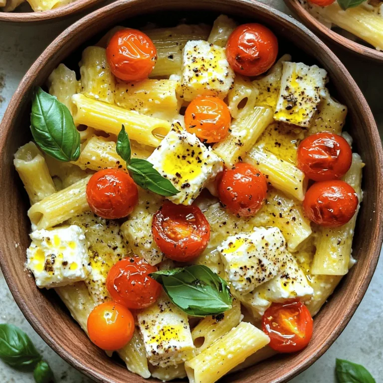 - 200g pasta (penne or fusilli recommended) - 200g block of feta cheese - 1 cup cherry tomatoes, halved - 3 cloves garlic, finely minced - 1/4 cup extra virgin olive oil - Salt and freshly ground black pepper to taste - 1 teaspoon dried oregano - Fresh basil leaves, for garnish - 1/2 teaspoon red pepper flakes (optional) When I make Baked Feta Pasta, I always start with the main ingredients. The pasta gets a nice texture, while the feta adds creaminess. Cherry tomatoes burst with flavor, and garlic gives it a warm kick. I recommend using penne or fusilli pasta. They hold the sauce well and make each bite delightful. The feta cheese is key here. A block of feta melts beautifully, creating a rich sauce. Don't forget the cherry tomatoes! Halving them helps release their juices. Minced garlic boosts the flavor, making every bite tasty. Next, I focus on seasoning. Extra virgin olive oil is a must. It adds depth and richness. Salt and freshly ground black pepper enhance the dish. Dried oregano brings a hint of earthiness. For a finishing touch, fresh basil leaves add color and freshness. If you like heat, sprinkle in some red pepper flakes. They offer a nice kick without overpowering the dish. This simple list of ingredients leads to a flavorful and creamy delight. You can find the Full Recipe to guide you through each step. Enjoy the process and the delicious results! - Preheat oven to 400°F (200°C). - Take a large baking dish and place the block of feta cheese in the center. Surround the feta with the halved cherry tomatoes and minced garlic. Make sure they are spread out well. - Drizzle olive oil all over the feta and tomatoes. - Season the dish with salt, black pepper, oregano, and red pepper flakes if you want some heat. - Carefully place the baking dish in the oven and bake for 25-30 minutes. The feta will turn soft and golden, while the tomatoes will burst and create a lovely sauce. - While the feta and tomatoes bake, cook your pasta according to the package instructions. - Make sure to drain the pasta and set it aside while the feta bakes. - When the baking is done, take the dish out of the oven. Use a fork to mash the soft feta and mix it with the roasted tomatoes and garlic. This will create a rich, creamy sauce. - Add the drained pasta to the baking dish. Toss everything together until the pasta is well coated in the cheesy tomato sauce. For the full recipe, check the link provided. Enjoy your cooking adventure! How to cook pasta al dente? To cook pasta al dente, follow the package instructions. Check the pasta a minute or two before the time is up. It should be firm but not hard. This gives you the best texture and bite in your dish. Importance of seasoning Seasoning is key. Salt your water before adding the pasta. This helps the pasta taste better. You can also add herbs or spices to enhance the flavor of your dish. Avoiding overcooking the feta When baking feta, keep an eye on it. You want it soft and slightly golden, not burnt. This way, it mixes well with the tomatoes and creates a creamy sauce. Mixing techniques for a creamy sauce After baking, use a fork to mash the feta. Mix it with the roasted tomatoes and garlic. This creates a smooth and creamy sauce that coats the pasta perfectly. Toss everything gently to combine flavors without breaking the pasta. Serving suggestions for visual appeal Serve your pasta in bright bowls. This makes the dish look inviting. You can add some freshly chopped basil on top for color and freshness. Drizzling olive oil and adding basil for garnish Finish with a drizzle of olive oil. This adds shine and flavor. Fresh basil leaves on top not only taste great but also look beautiful. Your dish will be a creamy and flavorful delight! {{image_4}} You can change the cheese for a different taste. Try ricotta or goat cheese. They both add a nice creaminess. If you want a fun twist, use different pasta shapes. Penne and fusilli work great, but you can use any type you like. Boost the dish with more veggies. Spinach and bell peppers add color and nutrition. You can also mix in protein. Cooked chicken or shrimp pairs well with the creamy sauce. These additions make the meal hearty and satisfying. Adjust the spice level to fit your taste. Use Italian seasoning or garlic powder for extra flavor. If you love fresh herbs, add thyme or parsley for a burst of freshness. These small changes can make a big difference in taste and enjoyment. To store leftovers, let the pasta cool first. Place it in an airtight container. This keeps it fresh in the fridge for up to three days. For reheating, scoop some pasta into a bowl. Add a splash of water or olive oil to keep it moist. Heat it in the microwave for one to two minutes. Stir and check if it’s warm enough before serving. Yes, you can freeze baked feta pasta. First, let it cool completely. Then, place it in a freezer-safe container. It can last for up to three months in the freezer. To reheat frozen leftovers, thaw them in the fridge overnight. Then, heat in the oven at 350°F (175°C) for about 20 minutes. Stir halfway through to warm it evenly. Baked feta pasta lasts about three days in the fridge. If it starts to smell sour or looks discolored, it’s no longer good to eat. Always trust your senses. If unsure, it’s safer to throw it out. Enjoy your flavorful dish while it’s fresh! Baked feta pasta is a simple dish that has gained fame on social media. It started in Finland and became popular worldwide. The dish features a block of feta cheese baked with cherry tomatoes. This creates a creamy sauce that coats the pasta. It is loved for its rich flavor and ease of preparation. Yes, you can use other cheeses. Goat cheese adds a tangy flavor. Ricotta gives a lighter, creamy touch. Cream cheese works too, but it may alter the taste. Each cheese will change the dish's overall flavor, so choose what you like best. Baked feta pasta is already vegetarian. It contains no meat, making it a great choice. To keep it flavorful, add extra veggies like spinach or bell peppers. You could also toss in some nuts for crunch and added nutrition. You can prep baked feta pasta ahead of time. Cook the pasta and bake the feta and tomatoes. Store them separately in the fridge. When ready to serve, combine and heat the dish to enjoy. This helps with meal planning and makes hosting easier. Baked feta pasta pairs well with simple salads. A fresh green salad with lemon dressing adds brightness. Garlic bread is also a great side, perfect for dipping. You could even serve it with a light soup for a complete meal. To add spice, include red pepper flakes while baking. You can also use spicy cheese or add jalapeños. For an extra kick, drizzle hot sauce on top before serving. Adjust the heat to your taste for the perfect spicy dish. For the complete details on this creamy delight, check out the [Full Recipe](#). This blog post shared how to make baked feta pasta with simple steps. We covered key ingredients, cooking tips, and storage advice. You can add your twist with different cheeses and veggies. This dish is easy and fun to make, perfect for any meal. Try it out and enjoy the flavors! Also, explore variations to keep it fresh and exciting. Happy cooking!