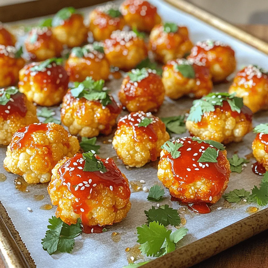 - 1 large head of cauliflower, cut into bite-sized florets - 1 cup all-purpose flour - 1/2 cup Sriracha sauce - 1 teaspoon garlic powder - 1 teaspoon onion powder - 1/2 teaspoon smoked paprika - 2 tablespoons honey or maple syrup - 2 tablespoons olive oil - Fresh cilantro, chopped, for garnish - Sesame seeds, for garnish The main ingredients form the backbone of your spicy bites. The large head of cauliflower brings a crunchy texture and health benefits. All-purpose flour helps create a light coating, making each bite crispy. Sriracha sauce is the star, adding real heat and flavor. Next, the seasonings give your bites extra depth. Garlic powder and onion powder add a savory touch. Smoked paprika gives a hint of smokiness, taking the flavor to the next level. Optional additions can make your dish even better. Honey or maple syrup can balance the heat with a little sweetness. Olive oil adds richness, helping to crisp the cauliflower. Fresh cilantro and sesame seeds can brighten your dish, making it look even more inviting. For the full recipe, check out the details above. - Preheat the oven to 425°F (220°C). - Line a baking sheet with parchment paper. Starting with the right temperature helps the cauliflower crisp up nicely. The parchment paper keeps the bites from sticking, making cleanup a breeze. - Whisk together flour and seasonings. - Gradually add water and mix. In a bowl, I mix all-purpose flour, garlic powder, onion powder, smoked paprika, salt, and black pepper. Then, I add water slowly, stirring until the batter is smooth. This step is key for a tasty coating. - Dip and coat cauliflower florets. - Bake for 20 minutes and drizzle with Sriracha mixture. I take each cauliflower floret and dip it into the batter, making sure it's fully covered. After placing the florets on the baking sheet, I bake them for 20 minutes. They come out crispy and golden. While they bake, I mix Sriracha sauce with honey and olive oil. After 20 minutes, I drizzle this mixture over the florets, tossing them gently to coat. Then, I pop them back in the oven for another 10 minutes. This final bake makes them even crispier and packed with flavor. For the complete recipe, check out the Full Recipe section. To get your Spicy Sriracha Cauliflower Bites nice and crispy, follow these tips: - Optimal oven temperature: Preheat your oven to 425°F (220°C). This high heat helps to crisp the batter. - Avoid overcrowding the baking sheet: Give each cauliflower piece space. Overcrowding traps steam, which makes them soggy instead of crispy. To elevate the flavor of your bites, consider these enhancements: - Recommended dipping sauces: Serve with a cooling dip like yogurt or ranch. This balances the heat from the Sriracha. - Garnishing options for presentation: Fresh cilantro and sesame seeds add color and crunch. Scatter them on top just before serving. If you have dietary needs, here are some easy swaps: - Vegan substitution options: Use maple syrup instead of honey. This keeps your dish vegan-friendly. - Gluten-free alternatives: Substitute all-purpose flour with a gluten-free flour blend. This way, everyone can enjoy these bites! {{image_4}} You can make these bites even tastier by adding different spices. For a kick, try cayenne pepper. It brings extra heat to the party. You can also switch up the hot sauce. If you like a smoky flavor, use chipotle sauce instead of Sriracha. This small change can create big flavor shifts. If you want to switch things up, try using other veggies. Broccoli or Brussels sprouts work great. They will absorb the spicy sauce well. You can also experiment with different batters. For a gluten-free option, use chickpea flour. It gives a unique taste and texture. Cooking methods can change the way your bites taste. Air frying is a great choice for a crispy finish with less oil. Just set your air fryer to 400°F (200°C) and cook for about 15 minutes. If you prefer grilling, it adds a nice smoky flavor. Grill the bites for about 10 minutes, turning them often. This can elevate your snack to another level. For the full recipe, check out the details above. To keep your Spicy Sriracha Cauliflower Bites fresh, refrigerate them right away. Place the bites in an airtight container. This helps keep them from drying out. If you have a lot of leftovers, use a shallow container. This helps them cool faster. When reheating, avoid the microwave. It makes the bites soggy. Instead, use an oven or an air fryer. Preheat your oven to 350°F (175°C). Place the bites on a baking sheet for about 10 minutes. In an air fryer, set it to 350°F (175°C) for about 5 minutes. For long-term storage, you can freeze the bites. Just place them in a freezer-safe bag. Make sure to remove as much air as possible. In the fridge, your spicy bites can last for about 3 to 5 days. If they smell off or look discolored, toss them. Always trust your senses when it comes to food. If in doubt, it’s better to be safe than sorry. For more details on making these tasty bites, check the Full Recipe. To make Spicy Sriracha Cauliflower Bites vegan, simply swap honey for maple syrup. Both sweeteners help balance the heat of Sriracha. Maple syrup adds a nice flavor without using animal products. You can find maple syrup in most grocery stores. This small change keeps your bites delicious and plant-based. Yes, you can make these cauliflower bites ahead of time! Cook them as usual, then let them cool. Store the bites in an airtight container in the fridge for up to three days. Reheat them in the oven to keep them crispy. You can also freeze the uncooked florets in the batter. When you’re ready to eat, just bake them from frozen. Spicy Sriracha Cauliflower Bites go great with many sides. Try serving them with a cooling yogurt dip or ranch dressing. Fresh veggies like carrot sticks or cucumber slices also work well. For drinks, iced tea or a light beer pairs nicely. These bites are fun and versatile! This blog post provides a tasty guide to making Spicy Sriracha Cauliflower Bites. You learned about the key ingredients, step-by-step instructions, and tips for success. Flavor variations and storage advice help you customize and enjoy this dish longer. In summary, these bites are versatile and easy to make. Whether you prefer baking or air frying, they are sure to impress. Experiment with flavors and enjoy them as a snack or side. Happy cooking!