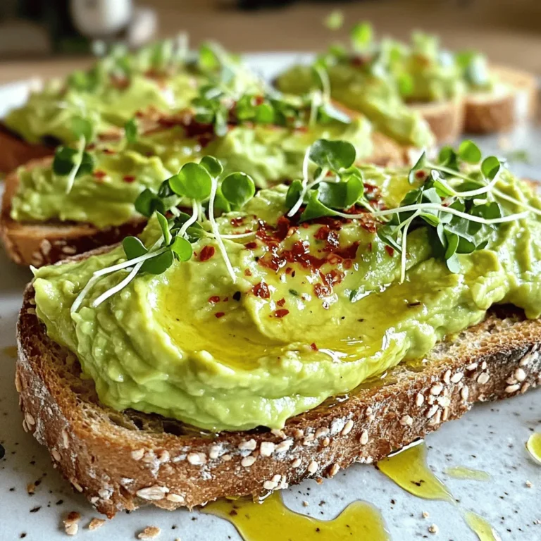 - 2 ripe avocados - 4 slices whole-grain bread - 1 small clove garlic, finely minced - 1 tablespoon freshly squeezed lemon juice - Sea salt and freshly ground black pepper - 1/4 teaspoon red pepper flakes (optional) - Microgreens or fresh herbs for garnish - 2 tablespoons extra virgin olive oil To make your easy avocado toast shine, gather these fresh ingredients. Ripe avocados are the star. They bring creaminess and flavor. Whole-grain bread gives a hearty base. I love the texture it adds. Garlic enhances the taste, giving a nice kick. For seasoning, lemon juice brightens the dish. It prevents the avocado from browning too. Sea salt and black pepper add a savory touch. If you like a bit of heat, red pepper flakes work great. Don’t forget the finishing touch! Microgreens or herbs bring color and freshness. A drizzle of olive oil adds richness. This simple list helps you create a delicious meal. You can find the full recipe at the end of this section. - Halve and pit the avocados. - Scoop the flesh into a bowl. Start by cutting the avocados in half. Use a spoon to remove the pit. Be careful not to cut yourself. Next, scoop out the soft green flesh into a bowl. Make sure to get all the delicious parts. - Combine garlic, lemon juice, salt, and pepper. - Mash to desired consistency. Now, add the finely minced garlic, lemon juice, salt, and pepper to the bowl. Use a fork to mash everything together. You can make it as smooth or chunky as you like. I prefer a nice creamy texture, but you can choose your favorite. - Toast whole-grain bread to golden brown. While you mash the avocado, toast your whole-grain bread. Keep it in the toaster until it’s golden brown. This step adds crunch and warmth to your dish. - Drizzle olive oil on toast. - Spread avocado mixture generously. Once the bread is done, drizzle some olive oil on top. This adds flavor and richness. Next, spread your mashed avocado on the toast. Don’t be shy—use a generous amount. Enjoy the creaminess and the crunch of the toast together. For the full recipe, check out the detailed instructions. To get the best mash, think about the texture you want. For a creamy blend, use a fork and press down hard. If you prefer chunks, mash less. For tools, a fork works well, but a potato masher gives you a nice, even mash. Serve your avocado toast on a colorful plate or a wooden board. This makes your dish pop! Add a slice of lemon or some extra herbs on the side for a fun look. Bright colors make every bite more inviting. You can add many toppings to boost flavor. Slice fresh tomatoes or sprinkle crumbled feta cheese on top. For a breakfast twist, try a poached egg. Want some heat? Mix in red pepper flakes or a dash of hot sauce. This adds a great kick! For more ideas, check out the Full Recipe. {{image_4}} You can get creative with avocado toast. Try a Mediterranean-style toast. Use feta cheese and olives. This adds saltiness and richness. The flavors blend well with creamy avocado. Another fun option is breakfast-style toast. Top your avocado with a poached egg. The warm yolk adds creaminess and taste. It makes for a hearty meal. You can use fruits and veggies based on the season. In spring, add fresh radishes or asparagus. In summer, try juicy tomatoes or peaches. These add color and flavor. Herbs can also brighten your dish. Fresh basil or cilantro work wonders. They add a burst of freshness. You can even mix herbs into the avocado. This makes the toast even more special. For more ideas, check out the Full Recipe. To keep your leftover avocado mixture fresh, store it in an airtight container. Press plastic wrap directly onto the surface of the avocado to prevent air exposure. This helps stop it from turning brown. You can also add a bit more lemon juice on top. The acid slows down browning. For best results, eat it within one day. If you have leftover toast, you can store it in a paper bag. This keeps it a bit softer but not soggy. For better crunch, toast the bread again before eating. If you want to reheat, use a toaster or a hot pan. Avoid the microwave, as it makes bread chewy. For the full recipe, check out [Full Recipe]. Enjoy your delicious avocado toast! Avocado toast tastes best fresh. If you store it, eat it within a few hours. The assembled toast can last about 1-2 hours at room temperature. If you keep the components separate, the bread stays fresh for 2-3 days. The avocado mixture lasts in the fridge for 1-2 days. You can prep the avocado mix ahead of time. Just store it in an airtight container. Add a bit of lemon juice to slow browning. Toast the bread just before serving to keep it crispy. Whole grain bread is a great choice for avocado toast. It adds fiber and nutrients. You can also use gluten-free bread if you prefer. Sourdough or rustic bread works well too, giving you a nice crunch. Yes, avocado toast is healthy! Avocados are full of healthy fats, vitamins, and fiber. They can help lower bad cholesterol. The whole grain bread adds extra fiber and energy, making it a balanced meal. Freezing avocado toast is tricky. You can freeze the avocado mixture, but not the toast. To freeze, place the mix in a sealed bag. When ready, thaw it in the fridge overnight. Make fresh toast when you’re ready to eat. For more details, check the Full Recipe. In this blog post, I covered how to create delicious avocado toast. We discussed the main ingredients, step-by-step instructions, and storage tips. You learned how to mash avocados well and explored flavor variations. Avocado toast is easy to customize and perfect for any meal. Experiment with toppings and enjoy fresh flavors at home. With these tips, you can make your avocado toast a standout dish every time.