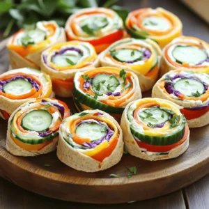 - 4 large whole wheat tortillas - 1 cup cream cheese, softened to room temperature - 1 tablespoon ranch seasoning mix - 1 cup shredded carrots - 1 cup cucumber, thinly sliced into rounds - 1 red bell pepper, thinly sliced into strips - 1 yellow bell pepper, thinly sliced into strips - 1 cup fresh baby spinach leaves - ½ cup purple cabbage, finely shredded - Fresh herbs (such as dill or parsley) for garnish When I make Rainbow Veggie Pinwheels, I love to gather fresh, colorful ingredients. The bright hues of the veggies make the dish fun and appealing. Whole wheat tortillas serve as a tasty base, adding fiber and a nutty flavor. I use cream cheese to create a creamy layer that holds everything together. Mixing in ranch seasoning adds a zesty kick. The key to a great pinwheel is the balance of flavors and textures. Shredded carrots add sweetness, while thin cucumber rounds provide crunch. I slice red and yellow bell peppers into strips for a vibrant look. Baby spinach leaves bring a fresh taste, and finely shredded purple cabbage adds a nice crunch. I often garnish my pinwheels with fresh herbs like dill or parsley for extra flavor. This colorful mix not only looks great but also packs in nutrients. You can find the full recipe at the beginning of this article. Enjoy this healthy and fun snack! 1. In a medium bowl, combine the cream cheese and ranch seasoning mix. 2. Mix until smooth and evenly blended. This makes a tasty spread for your pinwheels. 1. Take one tortilla and lay it flat on a clean surface. 2. Spread the cream cheese mixture evenly across the tortilla. 3. Layer baby spinach leaves over the cream cheese for freshness. 4. Sprinkle the shredded carrots on top of the spinach. 5. Add cucumber slices, then top with red and yellow bell pepper strips. 6. Finally, scatter finely shredded purple cabbage for a nice crunch. 1. Start at one edge and roll the tortilla tightly. 2. Make sure all the fillings stay inside as you roll. 3. Use a sharp knife to slice each rolled tortilla into 1-inch pieces. 4. Now, you have colorful pinwheels ready to serve! For the full recipe, check out the instructions above. Enjoy these healthy snacks! When making Rainbow Veggie Pinwheels, the tortilla choice matters. Whole wheat tortillas add flavor and nutrition. They have more fiber than white tortillas. This helps you feel full longer. If you need gluten-free options, look for corn or gluten-free wraps. They work well and taste great with the fillings. You can make your pinwheels even tastier by customizing the cream cheese. Try adding spices like garlic powder or fresh herbs. This will give your spread a unique twist. You can also change up the veggies. Use bell peppers, cucumbers, or even avocado. Get creative with what you have on hand! A colorful display makes your pinwheels pop. Arrange them in a circle or a fun pattern on a platter. This showcases the vibrant colors of the veggies. For extra flair, add garnishes like fresh herbs or edible flowers. These small touches enhance the look and make your dish more inviting. For the complete details on making these delicious treats, check the Full Recipe. {{image_4}} You can switch up the spread for your Rainbow Veggie Pinwheels. Try using hummus or avocado instead of cream cheese. These spreads add unique flavors and creamy textures. You can also add a layer of pesto for a fresh twist. This green sauce brings herbs and garlic into the mix, enhancing the taste. Feel free to get creative with your veggie choices. Avocados add a rich taste, while radishes give a nice crunch. You can also use bell peppers in various colors for extra fun. Consider seasonal vegetables to keep it exciting. Fresh produce keeps your pinwheels vibrant and healthy. To make your pinwheels more filling, consider adding proteins. Deli meats or cheese can easily boost flavor and nutrition. If you prefer vegetarian options, try adding beans or tofu. These ingredients help make a tasty snack that keeps you satisfied. For the full recipe, check out the detailed steps to make these colorful treats. To keep your Rainbow Veggie Pinwheels fresh, wrap them tightly in plastic wrap. This prevents air from getting in and keeps them from drying out. Store them in an airtight container in the fridge. This helps maintain their crispness and flavor. Use a container that fits the pinwheels snugly, so they do not move around. You can keep pinwheels in the fridge for up to four days. After that time, they may lose their taste and texture. Signs of spoilage include a slimy texture, off smells, or a change in color. If you see any of these signs, it’s best to toss them out. Yes, you can freeze Rainbow Veggie Pinwheels! To freeze, wrap each pinwheel in plastic wrap and place them in a freezer-safe bag. Be sure to remove as much air as possible to prevent freezer burn. When you want to enjoy them, thaw in the fridge overnight. You can also let them sit at room temperature for a couple of hours. This way, they stay tasty and colorful. Yes, you can. I often make them the night before. Just wrap them tightly in plastic wrap. Store them in the fridge. This keeps them fresh and ready to enjoy. If you make them early, slice them just before serving. This way, they stay crisp. You have many options. Try using Italian dressing mix for a zesty taste. You could also use taco seasoning for a spicy kick. Even a mix of garlic powder and salt works well. Experiment with your favorite flavors. This keeps the recipe fun and fresh. To keep your tortillas firm, spread the cream cheese right before you roll them. Avoid overloading with wet veggies. You can also layer a thin slice of cucumber to create a barrier. If you use this trick, your pinwheels stay crunchy. Enjoy the fresh taste without the sogginess! Rainbow Veggie Pinwheels are fun, tasty, and easy to make. We covered the ingredients you need, from whole wheat tortillas to fresh veggies. I shared steps for preparing the cream cheese spread and assembling the pinwheels. You can even customize flavors and try different spreads. Remember to store them well to keep them fresh. Enjoy these colorful snacks for a healthy treat. Now, get creative and make your own unique version!