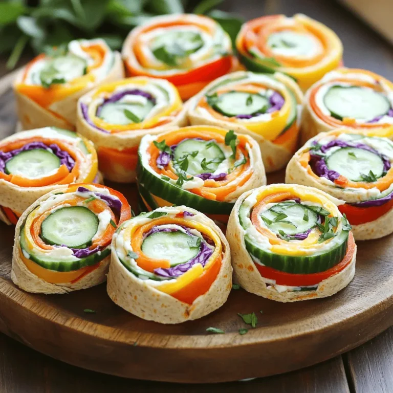 - 4 large whole wheat tortillas - 1 cup cream cheese, softened to room temperature - 1 tablespoon ranch seasoning mix - 1 cup shredded carrots - 1 cup cucumber, thinly sliced into rounds - 1 red bell pepper, thinly sliced into strips - 1 yellow bell pepper, thinly sliced into strips - 1 cup fresh baby spinach leaves - ½ cup purple cabbage, finely shredded - Fresh herbs (such as dill or parsley) for garnish When I make Rainbow Veggie Pinwheels, I love to gather fresh, colorful ingredients. The bright hues of the veggies make the dish fun and appealing. Whole wheat tortillas serve as a tasty base, adding fiber and a nutty flavor. I use cream cheese to create a creamy layer that holds everything together. Mixing in ranch seasoning adds a zesty kick. The key to a great pinwheel is the balance of flavors and textures. Shredded carrots add sweetness, while thin cucumber rounds provide crunch. I slice red and yellow bell peppers into strips for a vibrant look. Baby spinach leaves bring a fresh taste, and finely shredded purple cabbage adds a nice crunch. I often garnish my pinwheels with fresh herbs like dill or parsley for extra flavor. This colorful mix not only looks great but also packs in nutrients. You can find the full recipe at the beginning of this article. Enjoy this healthy and fun snack! 1. In a medium bowl, combine the cream cheese and ranch seasoning mix. 2. Mix until smooth and evenly blended. This makes a tasty spread for your pinwheels. 1. Take one tortilla and lay it flat on a clean surface. 2. Spread the cream cheese mixture evenly across the tortilla. 3. Layer baby spinach leaves over the cream cheese for freshness. 4. Sprinkle the shredded carrots on top of the spinach. 5. Add cucumber slices, then top with red and yellow bell pepper strips. 6. Finally, scatter finely shredded purple cabbage for a nice crunch. 1. Start at one edge and roll the tortilla tightly. 2. Make sure all the fillings stay inside as you roll. 3. Use a sharp knife to slice each rolled tortilla into 1-inch pieces. 4. Now, you have colorful pinwheels ready to serve! For the full recipe, check out the instructions above. Enjoy these healthy snacks! When making Rainbow Veggie Pinwheels, the tortilla choice matters. Whole wheat tortillas add flavor and nutrition. They have more fiber than white tortillas. This helps you feel full longer. If you need gluten-free options, look for corn or gluten-free wraps. They work well and taste great with the fillings. You can make your pinwheels even tastier by customizing the cream cheese. Try adding spices like garlic powder or fresh herbs. This will give your spread a unique twist. You can also change up the veggies. Use bell peppers, cucumbers, or even avocado. Get creative with what you have on hand! A colorful display makes your pinwheels pop. Arrange them in a circle or a fun pattern on a platter. This showcases the vibrant colors of the veggies. For extra flair, add garnishes like fresh herbs or edible flowers. These small touches enhance the look and make your dish more inviting. For the complete details on making these delicious treats, check the Full Recipe. {{image_4}} You can switch up the spread for your Rainbow Veggie Pinwheels. Try using hummus or avocado instead of cream cheese. These spreads add unique flavors and creamy textures. You can also add a layer of pesto for a fresh twist. This green sauce brings herbs and garlic into the mix, enhancing the taste. Feel free to get creative with your veggie choices. Avocados add a rich taste, while radishes give a nice crunch. You can also use bell peppers in various colors for extra fun. Consider seasonal vegetables to keep it exciting. Fresh produce keeps your pinwheels vibrant and healthy. To make your pinwheels more filling, consider adding proteins. Deli meats or cheese can easily boost flavor and nutrition. If you prefer vegetarian options, try adding beans or tofu. These ingredients help make a tasty snack that keeps you satisfied. For the full recipe, check out the detailed steps to make these colorful treats. To keep your Rainbow Veggie Pinwheels fresh, wrap them tightly in plastic wrap. This prevents air from getting in and keeps them from drying out. Store them in an airtight container in the fridge. This helps maintain their crispness and flavor. Use a container that fits the pinwheels snugly, so they do not move around. You can keep pinwheels in the fridge for up to four days. After that time, they may lose their taste and texture. Signs of spoilage include a slimy texture, off smells, or a change in color. If you see any of these signs, it’s best to toss them out. Yes, you can freeze Rainbow Veggie Pinwheels! To freeze, wrap each pinwheel in plastic wrap and place them in a freezer-safe bag. Be sure to remove as much air as possible to prevent freezer burn. When you want to enjoy them, thaw in the fridge overnight. You can also let them sit at room temperature for a couple of hours. This way, they stay tasty and colorful. Yes, you can. I often make them the night before. Just wrap them tightly in plastic wrap. Store them in the fridge. This keeps them fresh and ready to enjoy. If you make them early, slice them just before serving. This way, they stay crisp. You have many options. Try using Italian dressing mix for a zesty taste. You could also use taco seasoning for a spicy kick. Even a mix of garlic powder and salt works well. Experiment with your favorite flavors. This keeps the recipe fun and fresh. To keep your tortillas firm, spread the cream cheese right before you roll them. Avoid overloading with wet veggies. You can also layer a thin slice of cucumber to create a barrier. If you use this trick, your pinwheels stay crunchy. Enjoy the fresh taste without the sogginess! Rainbow Veggie Pinwheels are fun, tasty, and easy to make. We covered the ingredients you need, from whole wheat tortillas to fresh veggies. I shared steps for preparing the cream cheese spread and assembling the pinwheels. You can even customize flavors and try different spreads. Remember to store them well to keep them fresh. Enjoy these colorful snacks for a healthy treat. Now, get creative and make your own unique version!